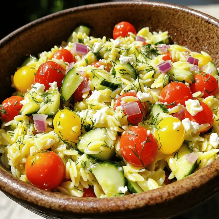 To create a bright and tasty Lemon Dill Orzo Salad, gather these key items: - 1 cup orzo pasta - 2 tablespoons olive oil - 1 tablespoon fresh lemon juice - Zest of 1 lemon - 1 cup cherry tomatoes, halved - 1 medium cucumber, diced - 1/4 red onion, finely chopped - 1/4 cup fresh dill, roughly chopped - Salt and freshly ground black pepper to taste These ingredients come together to make a fresh and vibrant dish that bursts with flavor. You can customize your salad with these optional ingredients: - Crumbled feta cheese (for a creamy touch) - Olives (for a briny kick) - Bell peppers (for added crunch) - Avocado (for creaminess and healthy fats) Feel free to mix and match based on your taste. Fresh herbs and garnishes elevate this salad. Consider these options: - Extra dill (for a pop of green) - Chives (for a mild onion flavor) - Parsley (for freshness) - Lemon wedges (for serving) These additions not only enhance taste but also make your dish look stunning. For the complete cooking process, check out the Full Recipe. Start with a large pot. Fill it with about 4 cups of salted water. Heat the water until it boils. Now, add 1 cup of orzo pasta. Cook the orzo for 8 to 10 minutes. You want it to be al dente, which means firm to the bite. Once cooked, drain the orzo in a colander. Rinse it under cold water to stop the cooking. Set it aside to cool down. Grab a small mixing bowl. In it, whisk together 2 tablespoons of olive oil. Add 1 tablespoon of fresh lemon juice and the zest of 1 lemon. Don't forget to sprinkle in a pinch of salt and pepper. Mix well until the dressing comes together and looks smooth. Taste it to see if you need more salt or lemon juice. In a big mixing bowl, add your cooled orzo. Toss in 1 cup of halved cherry tomatoes and 1 diced cucumber. Next, add 1/4 of a finely chopped red onion and 1/4 cup of roughly chopped fresh dill. Gently mix everything until it is evenly combined. Now, pour the dressing over the orzo and veggies. Using a large spoon, toss everything to coat well. Taste the salad and adjust seasoning if needed. If you like, you can sprinkle crumbled feta cheese on top. Serve it chilled or at room temperature. This recipe is a fresh and colorful treat. For the full details, check the Full Recipe. To cook orzo just right, use a large pot. Add about 4 cups of salted water. Bring it to a rolling boil. Carefully drop in the orzo pasta. Cook it for 8 to 10 minutes. Stir it occasionally to keep it from sticking. You want it to be al dente, or firm to the bite. Once done, drain it in a colander. Rinse it under cold water to stop the cooking. This keeps it from getting mushy. Making Lemon Dill Orzo Salad ahead of time is simple. Prepare the orzo and let it cool. Chop the veggies and fresh dill. Store each part in separate containers. When you are ready to eat, mix them together. Add the dressing right before serving. This keeps the salad fresh and crunchy. It’s a great option for lunch or dinner during a busy week. Taste your salad before serving. If it needs more flavor, add more salt. You can also add more lemon juice for brightness. Freshly ground black pepper can give a nice kick. If you like it creamy, sprinkle on some crumbled feta cheese. Remember, cooking is all about your preference. Feel free to experiment until you find your perfect balance. For the full recipe, check out the details above! {{image_4}} You can make Lemon Dill Orzo Salad heartier by adding protein. Grilled chicken or shrimp works great. Simply cook the chicken or shrimp until done, then slice or toss it in. This twist gives the salad a satisfying boost. The flavors of lemon and dill pair well with grilled meats. They add depth and make the salad a full meal. For a vegetarian touch, try adding chickpeas or creamy avocado. Chickpeas bring protein and a nice bite. Just drain and rinse them before mixing in. Avocado adds a rich, smooth texture. Cut it into cubes and fold it in gently. Both options keep the salad light and fresh while making it filling. Seasonal veggies can change the salad's flavor and texture. In spring, add asparagus or peas for a crisp crunch. In summer, try bell peppers or zucchini for a sweet touch. Fall's harvest brings roasted squash or beets, giving warmth and color. Feel free to swap in any fresh produce you love. This keeps the dish exciting and flexible. Check out the Full Recipe for more inspiration! To keep Lemon Dill Orzo Salad fresh, store it in an airtight container. Make sure the salad is cool before sealing it. This helps preserve its flavors and texture. If you have added feta cheese, it’s best to store it separately. This prevents the cheese from becoming soggy. Reheating orzo salad is simple. You can warm it in the microwave for 30 seconds to 1 minute. Stir it halfway to heat evenly. If you prefer it cold, enjoy it straight from the fridge. The flavors actually get better as it sits! Lemon Dill Orzo Salad lasts about 3 to 5 days in the fridge. Always check for any signs of spoilage before eating. If it smells off or has a strange texture, throw it away. To keep your salad at its best, eat it within this time frame. For a full recipe, refer back to the beginning! Yes, you can make this salad gluten-free. Use gluten-free orzo pasta or any gluten-free pasta you like. Cooking times may differ, so check the package for best results. The rest of the ingredients are gluten-free. This way, everyone can enjoy the bright flavors of the salad. If you want to skip feta cheese, try goat cheese or ricotta. Both add a creamy texture and great taste. For a dairy-free option, use avocado or omit cheese entirely. The salad still tastes fresh and delicious without it. You can also try adding nuts for crunch. To spice up the salad, add chopped jalapeños or red pepper flakes. You can also include a dash of hot sauce in the dressing. These options will give the salad a nice kick. Just remember to taste as you go. You want it to be tasty, not overwhelming. For the complete recipe, check the [Full Recipe]. This blog post covered everything you need for a tasty Lemon Dill Orzo Salad. We explored key ingredients, step-by-step cooking instructions, and even tips to perfect your dish. You can customize it with proteins or fresh veggies. Storage and reheating tips ensure your leftovers stay fresh. Remember, this salad is flexible and fun to make! Enjoy experimenting with flavors and ingredients that suit your taste. Happy cooking!