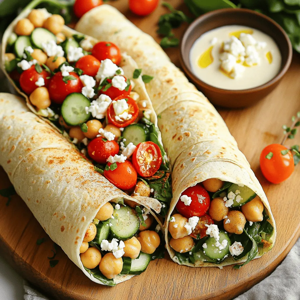 - 1 can (15 oz) chickpeas, thoroughly drained and rinsed - 1 cup cherry tomatoes, sliced in half - 1 cucumber, diced into small cubes - ½ medium red onion, finely minced - 1 cup baby spinach or your favorite mixed greens - 4 whole wheat tortillas or wraps of choice Chickpeas form the heart of these wraps. They're full of protein and fiber, making them filling. Fresh vegetables add crunch and flavor. Use ripe tomatoes, crisp cucumbers, and vibrant greens for the best taste. - 1 tablespoon extra virgin olive oil - 1 teaspoon ground cumin - 1 teaspoon smoked paprika - Sea salt and freshly cracked black pepper, to taste Olive oil brings richness, while cumin and smoked paprika add warmth. Season with salt and pepper to enhance the flavors. These spices create a delightful mix, making the chickpeas shine. - ½ cup feta cheese, crumbled (optional for garnish) - ¼ cup tahini sauce or creamy hummus for spreading Feta cheese gives a creamy touch. If you want a vegan option, swap it for a dairy-free cheese. Tahini or hummus adds extra flavor and moisture. These options let you customize your wrap for your taste. For the full recipe, check out the Mediterranean Chickpea Wraps section. Mashing vs. Leaving Whole Start by draining and rinsing the chickpeas. Use a fork to mash half of them in a bowl. Leave the rest whole for texture. This mix gives a great bite in each wrap. Seasoning the Chickpeas Next, drizzle one tablespoon of olive oil over the mashed chickpeas. Add one teaspoon of ground cumin and smoked paprika. Season with sea salt and black pepper to taste. Mix well to coat all the chickpeas. This adds a rich flavor that is key to your wraps. Combining Ingredients In another bowl, toss together one cup of halved cherry tomatoes, one diced cucumber, and half of a finely minced red onion. Add one cup of baby spinach or mixed greens. This mix adds freshness and crunch to your wraps. Seasoning the Vegetables Sprinkle a pinch of salt and pepper over the veggies. Gently toss them to coat. This simple step enhances the natural flavors of the fresh ingredients. Spreading Sauce Lay out each whole wheat tortilla. Spread about one tablespoon of tahini sauce or hummus on each tortilla. This will add creaminess and depth to every bite. Filling and Folding Techniques Spoon the seasoned chickpeas onto each tortilla. Then, layer the vegetable mix on top. For an extra touch, add crumbled feta cheese if you like. To wrap, fold in the sides and roll tightly from the bottom. This secures all the tasty fillings inside. Grilling Instructions If you want a crispy wrap, heat a skillet over medium heat. Place the assembled wraps in the skillet for 2-3 minutes on each side. Cook until golden brown and slightly crispy. Benefits of Toasting Toasting adds a nice crunch and warms the fillings. It enhances the overall flavor, making your wraps even more satisfying. Enjoy your Mediterranean Chickpea Wraps fresh and warm! For the full recipe, check the section above. - Adjusting Seasonings: Start with the basic spices. Taste as you go. If you want more heat, add a pinch of cayenne. For a fresh twist, try adding lemon juice or zest. This brightens the dish and adds layers of flavor. - Enhancing Texture: Mixing whole chickpeas with mashed ones gives a nice contrast. Consider adding crunchy vegetables like bell peppers or radishes. They add bite and freshness. - Presentation Tips: Arrange your wraps on a big platter. Cut them in half for easy eating. Place a small bowl of tahini sauce nearby for dipping. Garnish with fresh herbs like parsley or dill for a colorful touch. - Side Dish Ideas: Pair your wraps with a light salad or some roasted veggies. A side of yogurt or tzatziki can also add creaminess and tang. - Calories and Macros: Each wrap has about 350 calories. They are rich in protein and fiber from the chickpeas. This helps keep you full and satisfied. - Health Benefits of Ingredients: Chickpeas are great for heart health. They lower cholesterol levels. Fresh veggies add vitamins and minerals. Olive oil provides healthy fats, which support brain health. This meal is not just tasty; it’s good for you too! Check out the [Full Recipe] for detailed steps on how to make these wraps. {{image_4}} You can easily change the flavor of your Mediterranean Chickpea Wraps. - Add Different Cheeses: Try goat cheese for tanginess or mozzarella for creaminess. Each cheese gives a new taste and texture. - Alternate Greens: Instead of baby spinach, use arugula or kale. These greens add a unique bite and freshness to your wraps. Want to make your wraps vegan? No problem! - Vegan Cheese Options: Use cashew cheese or almond cheese instead of feta. They melt well and taste great. - Additional Proteins: Add tofu, tempeh, or lentils for more protein. These options keep your wraps filling and delicious. You can easily adapt this recipe if you need gluten-free options. - Gluten-Free Wrap Alternatives: Use rice paper or corn tortillas instead of wheat wraps. These options are light and tasty. - Serving on a Bed of Greens: Skip the wrap and serve the filling on a bed of mixed greens. This makes a refreshing salad and is gluten-free. Feel free to mix and match these ideas to create your perfect wrap! For the full recipe, check out the details in the main article. For storing your Mediterranean chickpea wraps, use airtight containers. Glass or plastic containers work well. These keep your food fresh longer. In the fridge, the wraps last about three days. If you notice the wraps getting soggy, it's time to toss them. You can freeze individual wraps for later use. Wrap each one tightly in plastic wrap, then place them in a freezer bag. They stay good for up to three months. When you're ready to eat, take out a wrap and let it thaw in the fridge overnight. To reheat, unwrap and warm in a skillet for a few minutes on each side. Making these wraps ahead saves time. Prep the chickpeas and vegetables in advance. Store them separately in the fridge. When you're ready for a meal, assemble the wraps quickly. This method keeps everything fresh and crisp. Enjoy your easy, healthy meals anytime! You can start by making your own tortillas. Here’s how: - Mix 2 cups of whole wheat flour and a pinch of salt. - Gradually add about ¾ cup of warm water, mixing until a dough forms. - Knead the dough for 5 minutes until smooth. - Divide the dough into small balls. - Roll each ball into thin circles. - Cook each tortilla on a hot skillet for 1-2 minutes on each side until brown. You now have fresh tortillas for your wraps! Yes, you can! Here are some great options: - Black beans or kidney beans add flavor and protein. - Grilled chicken pieces add a hearty touch. - Tofu cubes, grilled or baked, work well for a vegan option. Mix and match to find your favorite! If you want to skip feta, try these options: - Crumbled goat cheese gives a similar tangy flavor. - Dairy-free cheese can suit vegan diets. - Creamy avocado adds richness without dairy. You can even skip cheese altogether if you prefer! These wraps stay fresh for about 3 days. - Store them in an airtight container to keep them safe. - If they feel dry, add a bit of extra sauce when you eat them. Check for any changes in smell or texture before enjoying leftovers. For a full recipe of Mediterranean Chickpea Wraps, check this link: [Full Recipe]. Mediterranean chickpea wraps are simple yet flavorful. We explored ingredients like chickpeas, fresh veggies, and seasonings. You can customize wraps with various cheeses, proteins, and gluten-free options. Understanding storage helps you keep leftovers fresh. Meal prep tips make quick meals easy. These wraps are healthy and satisfying. Try making them at home to enjoy a tasty, nutritious meal. With the right ingredients, you can enjoy delightful wraps anytime.