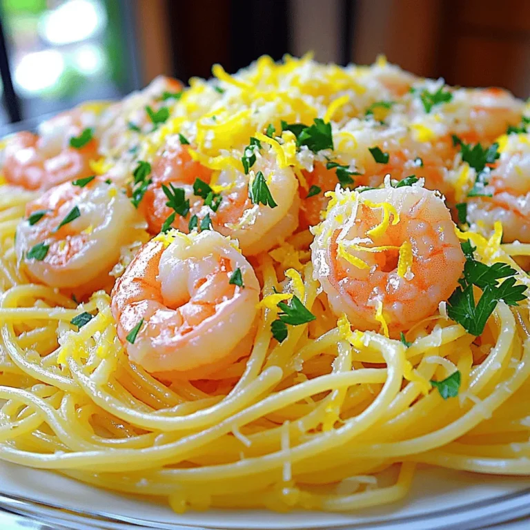 - 200g spaghetti or linguine - 250g large shrimp, peeled and deveined - 4 tablespoons unsalted butter - 4 cloves garlic, finely minced - Juice and zest of 1 large lemon - 1 teaspoon red pepper flakes (optional) - Salt and freshly cracked pepper to taste - 2 tablespoons fresh parsley, finely chopped - Grated Parmesan cheese, for serving Lemon garlic butter shrimp pasta is a quick and tasty meal. You need simple ingredients to make it. First, you’ll need your choice of spaghetti or linguine. This is the base of your dish. Next, shrimp adds protein and a nice flavor. Use large, peeled, and deveined shrimp for the best results. Butter is key here. It gives a rich taste to the sauce. Garlic adds a wonderful aroma. Use fresh garlic for the best flavor. The juice and zest of a lemon brighten the dish. It adds a fresh taste that balances the richness of the butter. For seasoning, red pepper flakes add a nice kick. You can skip them if you prefer no heat. Salt and pepper enhance all the flavors. Fresh parsley adds color and freshness. Lastly, a sprinkle of grated Parmesan cheese makes the dish creamy and delicious. Check out the Full Recipe to get started. Enjoy cooking this easy meal! - Bring salted water to a boil. - Cook spaghetti or linguine until al dente, about 8-10 minutes. - Reserve 1 cup of starchy pasta water and drain the pasta. - Melt butter in a large skillet over medium heat. - Add minced garlic and sauté for about 30 seconds. - Cook shrimp for 2-3 minutes on each side until pink and opaque. - Season with red pepper flakes, salt, and pepper to taste. - Mix the drained pasta with the cooked shrimp in the skillet. - Add fresh lemon juice and lemon zest to the mix. - Adjust the mixture's consistency with reserved pasta water. This simple process leads to a dish bursting with flavor. You can find the full recipe above. Enjoy cooking! To make Lemon Garlic Butter Shrimp Pasta shine, pay close attention to the garlic. Avoid burning garlic by monitoring heat. Keep it on medium to get that nice, fragrant flavor without bitterness. Use fresh lemon juice for better flavor. Bottled juice just can't match the bright taste of freshly squeezed lemon. Lastly, taste and adjust seasoning just before serving. This ensures your dish has the right balance of flavors. When it's time to serve, serve pasta in warm bowls. This keeps the dish hot and inviting. For a pop of color, add a sprinkle of parsley and lemon zest for presentation. It looks beautiful and adds a nice touch. You can also pair with a side salad or garlic bread. This makes for a complete and satisfying meal. For the full recipe, check out the details above. {{image_4}} You can boost this dish by adding vegetables. Spinach or cherry tomatoes work well. These veggies add color and nutrition. Spinach wilts nicely and gives a fresh taste. Cherry tomatoes burst with flavor when cooked. Using seasonal vegetables makes the dish even better. Fresh ingredients enhance the taste and make it healthier. You can swap shrimp for other proteins. Chicken or scallops are great options. If you use chicken, cut it into small pieces. Cook it longer, about 5-7 minutes, until it's fully cooked. For scallops, cook them for 2-3 minutes on each side. Adjust cooking times to ensure everything is cooked just right. This keeps the dish tasty and interesting. For the full recipe, check out the Lemon Garlic Butter Shrimp Pasta. To keep your lemon garlic butter shrimp pasta fresh, store it in the fridge. Use an airtight container to prevent moisture loss and keep flavors intact. Place a layer of plastic wrap over the pasta before sealing the container for extra protection. Aim to eat your leftovers within 2-3 days for the best taste. When storing, opt for glass or BPA-free plastic containers. Glass containers can handle heat well and are easy to clean. Plastic containers are lightweight and great for quick storage. Choose sizes that match your pasta portions to save space in the fridge. To reheat shrimp pasta, the best methods are stovetop or microwave. If using the stovetop, add a splash of water or broth to a pan. Heat over low heat, stirring gently until warm. This method helps keep the pasta from drying out. While reheating, always add some moisture. You can use reserved pasta water, broth, or a bit of olive oil. This adds flavor and helps revive the pasta’s texture. Stir well to ensure even heating and enjoy your dish just like it was fresh! Yes, you can make this dish ahead of time. I suggest cooking the pasta and shrimp separately. Store them in airtight containers. Keep the shrimp and pasta in the fridge for up to two days. When you are ready to eat, just reheat them together in a skillet. Add a splash of water or lemon juice to keep it moist. Deveining shrimp is easy. Here’s how to do it step by step: 1. Rinse the shrimp under cold water. 2. Use a sharp knife to make a shallow cut along the back. 3. Look for the dark vein. It runs along the back. 4. Use your fingers or a toothpick to pull it out. 5. Rinse the shrimp again after deveining. This keeps it clean. You can change the spice level by using red pepper flakes. Here are some tips: - For mild spice, omit the red pepper flakes. - For a little heat, add half a teaspoon. - For more heat, sprinkle a full teaspoon or more. You can also try adding hot sauce or diced jalapeños for extra flavor. This recipe features simple steps to make a tasty shrimp pasta dish. You learned about ingredient choices, cooking methods, and creative variations. Don’t forget to try the tips for perfecting the flavors. You can easily adapt this dish to your taste. Remember, cooking is about fun and learning. Enjoy your meal and impress your family or friends!
