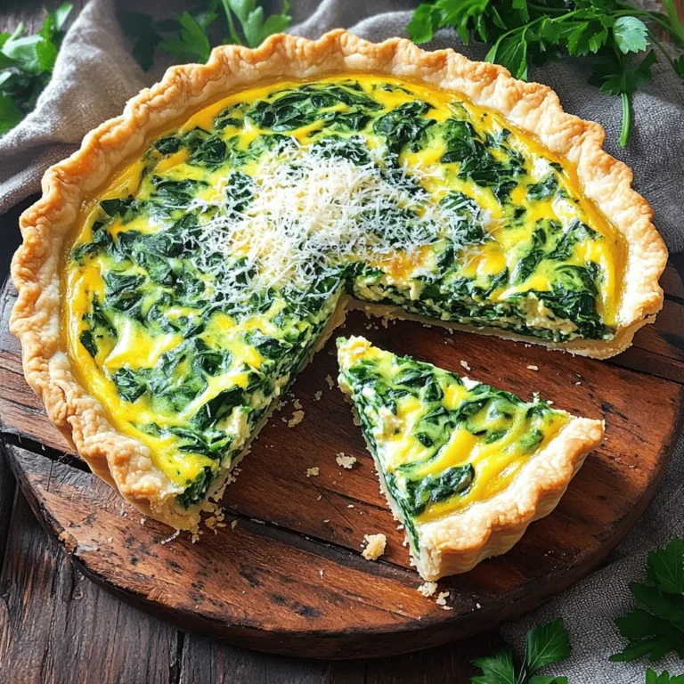 Gathering the right ingredients is key to making a great spinach quiche. Here is what you'll need: - Pre-made pie crust: 1 (9-inch) - Fresh spinach: 2 cups, trimmed and chopped - Ricotta cheese: 1 cup, at room temperature - Shredded mozzarella cheese: 1 cup, divided - Large eggs: 3, at room temperature - Whole milk: 1 cup - Freshly grated nutmeg: 1/2 teaspoon - Garlic powder: 1/2 teaspoon - Kosher salt: 1/2 teaspoon - Freshly cracked black pepper: 1/4 teaspoon - Freshly grated Parmesan cheese: 1/4 cup - Extra virgin olive oil: 1 tablespoon Each ingredient plays a role in flavor and texture. The fresh spinach brings color and nutrition, while the cheeses add creaminess. Eggs and milk create a rich custard that binds it all together. I love using freshly grated nutmeg and garlic powder for a warm, earthy taste. The pie crust gives a nice crunch, creating a perfect balance. For the full recipe, follow the steps outlined in this guide. Enjoy the process and the delicious results! Set your oven to 375°F (190°C). This is the perfect temperature for baking. In a medium skillet, heat 1 tablespoon of extra virgin olive oil over medium heat. Wait for the oil to shimmer. Add 2 cups of chopped spinach. Sauté for about 3-4 minutes. Stir the spinach often until it is wilted. Once done, remove it from heat and set aside to cool. Grab a large mixing bowl. Whisk together 3 large eggs, 1 cup of whole milk, and 1 cup of ricotta cheese. Add in half of the shredded mozzarella cheese. Season with 1/2 teaspoon of nutmeg, 1/2 teaspoon of garlic powder, 1/2 teaspoon of kosher salt, and 1/4 teaspoon of black pepper. Whisk until the mixture is smooth. Once the spinach cools, fold it into the egg mixture. Stir gently. Make sure the spinach is evenly mixed in. Carefully pour the spinach and egg mixture into the pre-made pie crust. Use a spatula to spread it evenly. Place the quiche in the oven. Bake for 30-35 minutes. The center should be set, and the top should look golden. To check, insert a toothpick. It should come out clean. After baking, take the quiche out and let it rest for about 10 minutes. This helps it set and makes slicing easier. Once cooled, slice and enjoy your savory spinach delight! For the full recipe, see the section above. To bake a perfect quiche, start with the crust. Blind bake the crust before adding the filling. This step helps prevent a soggy bottom. Place parchment paper on the crust and fill it with pie weights or dried beans. Bake for about 10 minutes, then remove the weights. The crust will turn golden and stay crisp. For the custard filling, whisk the eggs and milk until smooth. Use room temperature eggs and milk for a better texture. This will help your filling set nicely without lumps. Add spices like nutmeg and garlic powder to enhance the flavor. When serving your quiche, cut it into wedges for a nice look. Place it on a bright platter to make it pop. Garnish each slice with fresh herbs like parsley or basil. These touches add color and make the dish more appealing. You can serve the quiche warm or at room temperature. It pairs well with a light salad or fresh fruit. This makes it a great option for brunch or a cozy dinner. One common mistake is overcooking the quiche. Keep an eye on the baking time. The center should be set but not dry. A clean toothpick test is your friend here. Another mistake is under-seasoning. Taste your mixture before baking. Adjust the salt and spices to your liking. This step ensures every bite is full of flavor. Remember, these small tweaks can make a big difference. For the full recipe, you can check the detailed instructions provided. {{image_4}} You can easily add proteins to your quiche. Ham, bacon, or tofu work great. If you like ham, chop it into small pieces. Cook the ham slightly before adding it to the mix. For bacon, fry it until crispy, then crumble it. If you prefer tofu, use firm tofu. Crumble it and sauté it with the spinach for extra flavor. These proteins can make the quiche heartier and more filling. Cheese is key in quiche, but you can switch things up. If you want a sharper taste, try cheddar cheese. Feta cheese gives a nice salty kick. Goat cheese adds creaminess and tang. For a milder flavor, use Monterey Jack. Each cheese brings its own unique taste and texture, so feel free to experiment! Get creative with your veggies! Besides spinach, you can add mushrooms, bell peppers, or zucchini. Just remember to sauté these veggies first. This helps soften them and brings out their flavors. You can also mix in broccoli or asparagus for a vibrant touch. Customizing with different vegetables makes each quiche unique and exciting. To keep your uneaten quiche fresh, wrap it tightly in plastic wrap. You can also use an airtight container. Place it in the fridge within two hours of baking. This helps keep the quiche moist and tasty. It’s best to eat it within three to four days. Freezing quiche is easy. First, let the quiche cool completely. Then, slice it into individual pieces. Wrap each slice in plastic wrap, then in foil. This prevents freezer burn. You can store it in the freezer for up to three months. To reheat, thaw it in the fridge overnight, then bake at 350°F (175°C) until warm. In the fridge, your quiche lasts about three to four days. If you freeze it, it stays safe for about three months. Always check for any off smells or discoloration before eating. Proper storage keeps your classic spinach quiche tasty and safe to enjoy later! The best way to reheat quiche is in the oven. Preheat it to 350°F (175°C). Place your quiche on a baking sheet and cover it with foil. Heat for about 15-20 minutes. This keeps the crust crisp and the filling warm. You can also use a microwave, but it may make the crust soggy. To do this, place a slice on a microwave-safe plate and heat for 1-2 minutes. Yes, you can make this quiche in advance. Prepare it up to the baking step. Cover it with plastic wrap and store it in the fridge for up to 24 hours. You can also bake it and store leftovers. Just let it cool, then wrap it tightly. Reheat before serving for the best taste. Quiche lasts about 3-4 days in the refrigerator. Store it in an airtight container to keep it fresh. If you notice any signs of spoilage, like an off smell or mold, discard it. Always check your leftovers before eating. Yes, you can use frozen spinach instead of fresh. Thaw the spinach and squeeze out the extra water. This prevents a watery quiche. Then, add it to your egg mixture as you would with fresh spinach. Frozen spinach is a great option when fresh is not available. Spinach quiche pairs well with many side dishes. A fresh salad with vinaigrette is a great choice. You can also serve it with roasted vegetables for added flavor. For drinks, try a light white wine or iced tea. These options enhance the meal's taste and presentation. For the full recipe, check out the link. This blog post covered how to make a delicious spinach quiche. You learned about the key ingredients, step-by-step instructions, and helpful tips. I shared ideas on variations, storage, and common mistakes to avoid. Quiche is a versatile dish that's easy to make and customize. Enjoy experimenting with flavors and presentations. You can create a tasty meal everyone will love. Remember, practice makes perfect, so don't hesitate to try it out!