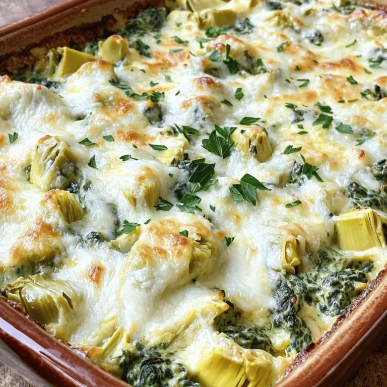 To make this creamy spinach artichoke dip, you'll need these ingredients: - 2 cups fresh spinach, finely chopped - 1 cup canned artichoke hearts, thoroughly drained and coarsely chopped - 1 cup cream cheese, softened to room temperature - 1/2 cup sour cream - 1/2 cup mayonnaise - 1 cup shredded mozzarella cheese - 1/2 cup grated Parmesan cheese - 1 teaspoon garlic powder - 1/2 teaspoon onion powder - Salt and freshly cracked black pepper, to taste - Fresh parsley, finely chopped, for garnish (optional) Each ingredient plays a big role in the taste and texture of the dip. The fresh spinach adds a bright green color and a slight earthiness. Canned artichoke hearts provide a tender bite and a unique flavor. Cream cheese forms the base, giving the dip its creamy texture. Sour cream and mayonnaise add tang and richness. Mozzarella cheese melts beautifully, while Parmesan adds a salty, nutty taste. Garlic and onion powders boost the flavor without overpowering the dish. When picking fresh spinach, look for bright green leaves that feel crisp. Avoid any leaves that appear wilted or yellow. For artichokes, choose firm ones with tight leaves. If you buy canned artichokes, pick a brand with minimal additives. Always drain them well before using. This helps keep the dip from getting watery. Making spinach artichoke dip is simple. You will need about 10 minutes to prep and 25 minutes to bake. Gather all your ingredients before you start. It helps to stay organized. 1. Preheat the Oven: Set your oven to 375°F (190°C). This step is key for even cooking. 2. Mix the Base: In a large bowl, combine 1 cup of softened cream cheese, 1/2 cup of sour cream, and 1/2 cup of mayonnaise. Blend these with a hand mixer until smooth. If you do not have a mixer, a spatula works just fine. 3. Incorporate Veggies and Cheese: Gently fold in 2 cups of finely chopped fresh spinach and 1 cup of coarsely chopped canned artichoke hearts. Then, add 1 cup of shredded mozzarella and 1/2 cup of grated Parmesan cheese. Make sure everything is mixed well. 4. Season the Mixture: Add 1 teaspoon of garlic powder, 1/2 teaspoon of onion powder, salt, and pepper to taste. Stir until the spices blend into the mix. 5. Prepare for Baking: Transfer your mixture into a greased baking dish. Spread it evenly with a spatula. 6. Bake: Place the dish in your preheated oven. Bake for 20-25 minutes until the dip bubbles and the top is golden brown. 7. Cool Slightly: Carefully take the dish out of the oven. Let it cool for about 5 minutes. This step makes serving easier. 8. Garnish and Serve: If you want, sprinkle chopped parsley on top. This adds color and flavor. Serve the dip warm with tortilla chips, pita bread, or fresh veggies. - Prep Time: 10 minutes - Cooking Time: 20-25 minutes - Total Time: 35 minutes - Servings: 6-8 Following these steps will help you create a creamy spinach artichoke dip that everyone will love. For the full recipe, check out the detailed instructions above. When making spinach artichoke dip, avoid these common mistakes: - Using frozen spinach: Fresh spinach gives the best flavor. Frozen can make the dip watery. - Not draining artichokes: Make sure to drain those canned artichokes well. Extra liquid ruins the texture. - Skipping seasoning: Don’t forget salt and pepper. They boost the dip's flavor. - Overbaking: Keep an eye on the oven. You want golden tops, not burnt edges. To get that perfect creamy texture, follow these tips: - Soften the cream cheese: Let it sit at room temperature before mixing. Cold cream cheese doesn’t blend well. - Mix well: Blend the base thoroughly until smooth. This helps avoid lumps. - Use full-fat ingredients: Cream cheese, sour cream, and mayonnaise should be full-fat. Low-fat options can change the texture. - Add cheese gradually: Fold in cheeses slowly. This keeps the dip creamy and prevents clumping. Here are some handy tools to help you make the best dip: - Mixing bowl: A large bowl is key for combining all ingredients easily. - Hand mixer or spatula: A hand mixer works best for blending the cream cheese. A spatula is great for folding in veggies and cheese. - Baking dish: Use a shallow, greased dish to help the dip cook evenly. - Oven mitts: Always use mitts when handling hot dishes. Safety first! For the full recipe, check out the Creamy Spinach Artichoke Delight Dip. It’s a hit at every gathering! {{image_4}} To make a vegan version, swap out dairy for plant-based options. Use vegan cream cheese and mayonnaise. You can also add coconut yogurt for creaminess. Nutritional yeast gives a cheesy flavor. This dip stays rich and creamy without any animal products. For a gluten-free dip, ensure your mayonnaise and other ingredients are certified gluten-free. Serve it with gluten-free chips or veggie sticks. This way, everyone can enjoy the dip without worry. Experimenting with flavors makes the dip even more exciting. Add some heat with red pepper flakes or diced jalapeños. A squeeze of lemon juice can brighten the taste. Try mixing in sun-dried tomatoes or olives for a twist. These options can make the dip unique and fun! Remember to check the Full Recipe for detailed steps and tips to create your own creamy masterpiece. To store leftover dip, let it cool first. Place it in an airtight container. You can keep it in the fridge for up to three days. Make sure to cover it well. This keeps the dip fresh and tasty. You can freeze spinach artichoke dip for later use. Portion it into small containers or freezer bags. Be sure to label them with the date. It will last in the freezer for about three months. When ready to eat, thaw it in the fridge overnight. This way, it stays safe and tasty. To reheat your dip, use an oven or microwave. If using an oven, preheat it to 350°F (175°C). Place the dip in a baking dish and cover it with foil. Bake for 15-20 minutes until hot. If using a microwave, heat it in short bursts, stirring in between. This helps avoid hot spots. Enjoy your creamy spinach artichoke delight dip warm for the best flavor! You can make this dip ahead of time. Prepare it up to the baking step. Store it in the fridge for up to two days. When you’re ready, bake it as directed. This saves time and makes serving easy. Yes, you can make this dip in a slow cooker. Combine all the ingredients in the cooker. Cook on low for about two hours, stirring occasionally. This method keeps the dip warm for longer. It's perfect for parties! You can serve this dip with many tasty options. Here are some ideas: - Tortilla chips - Pita bread - Veggie sticks (like carrots and celery) - Crackers - Bread slices These sides add fun and flavor to your dip experience. Want to dive deeper into the recipe? Check out the Full Recipe for more details! This blog post covered the essential steps to make a delicious spinach artichoke dip. We discussed key ingredients like fresh spinach and artichokes, along with tips for choosing the best ones. I shared easy instructions and cooking techniques to ensure you get a creamy texture. With variations for vegan and gluten-free needs, there’s something for everyone. Remember, proper storage and reheating can keep your dip tasting fresh. Dive into this tasty dip and impress your friends at your next gathering! Enjoy making it your own.