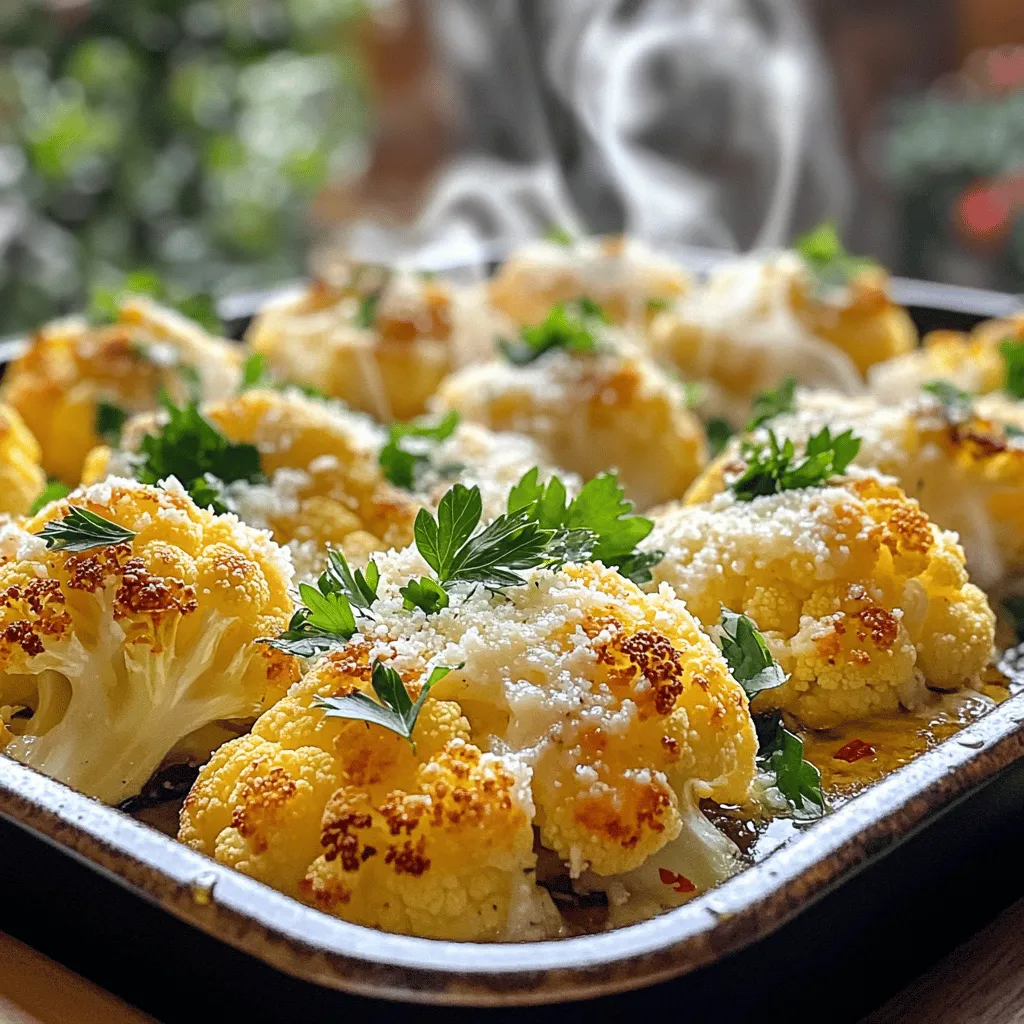- 1 medium head of cauliflower, cut into bite-sized florets - 4 cloves of garlic, finely minced - 1/2 cup of freshly grated Parmesan cheese - 3 tablespoons of extra virgin olive oil - 1 teaspoon of Italian seasoning blend - 1/2 teaspoon of red pepper flakes (omit if you prefer no heat) - Sea salt and freshly ground black pepper, to taste - Fresh parsley, finely chopped (for garnish) - Red pepper flakes - Fresh parsley for garnish - Other suggested herbs or spices Garlic Parmesan Roasted Cauliflower brings bold flavors to your table. The garlic adds a warm kick, while the Parmesan cheese gives it a rich, savory taste. Cauliflower, when roasted, turns golden and sweet. This dish is simple yet satisfying. You can easily customize this recipe. Want some heat? Add red pepper flakes. If you love fresh herbs, toss in some thyme or rosemary. These add-ins make the dish even more special. Keep your friends and family guessing with each bite. Remember to check the full recipe for detailed cooking steps. Enjoy this flavorful side dish with your favorite meals! First, preheat your oven to 425°F (220°C). This heat helps the cauliflower roast well. Next, grab a large mixing bowl. Add the bite-sized cauliflower florets and minced garlic. Drizzle in the olive oil, then add the Italian seasoning and red pepper flakes. Season with sea salt and black pepper. Use your hands or a spatula to mix everything. Make sure each floret is coated with oil and spices. This step is key for flavor. Now, line a baking sheet with parchment paper. This makes cleanup easier. Spread the cauliflower mixture in a single layer on the sheet. This spacing helps them roast evenly. Place the baking sheet in the oven. Roast the cauliflower for about 20 minutes. Check halfway through and stir the florets. This helps them brown on all sides. After 20 minutes, take the baking sheet out of the oven. Sprinkle the grated Parmesan cheese evenly over the cauliflower. This cheese adds a rich flavor and a nice crunch. Return the baking sheet to the oven. Roast for another 5 minutes. You want the cheese to melt and get crispy. Once done, remove it from the oven and let it cool for a minute. Finally, garnish with chopped parsley for a pop of color. Serve it hot and enjoy this tasty side dish. For more details, check the Full Recipe. To keep your roasted cauliflower crisp, space the florets evenly on the baking sheet. If they touch, they may steam instead of roast. This leads to a soggy texture. Use a parchment-lined sheet for easy cleanup and better heat distribution. For optimal crispiness, ensure the cauliflower is dry before seasoning. Pat it with a towel after washing. Toss it well with olive oil and seasoning to coat every piece. This helps the edges caramelize nicely. You can mix up the flavors by adding different herbs. Try fresh thyme, rosemary, or even cumin for a twist. If you like heat, add more red pepper flakes. You can also combine cauliflower with other veggies. Carrots or bell peppers add color and taste. Mix and match to keep it exciting! Serve your roasted cauliflower on a colorful platter. Piling it high makes it look impressive. Drizzle with a bit of extra olive oil for shine. A squeeze of lemon adds brightness and freshness. For garnish, sprinkle fresh parsley over the top. This adds a pop of color and a fresh taste. Make your dish not just tasty, but beautiful too! {{image_4}} You can easily make a dairy-free version of this dish. Instead of Parmesan cheese, try using nutritional yeast. It adds a cheesy flavor without dairy. You can also use vegan cheese if you prefer a melty texture. For flavoring, add a bit of lemon juice or zest. This brightens the dish and gives it a fresh taste. You might also try smoked paprika or a dash of tahini for a nutty flavor. If you want to use an air fryer, prep the cauliflower as usual. Set your air fryer to 400°F (200°C). Cook for about 15-18 minutes. Shake the basket halfway through to ensure even cooking. This method gives you a crispier texture. Grilling the cauliflower is another great option. Toss the cauliflower with the garlic and oil, then place it on a grill. Cook for about 10-12 minutes, flipping halfway. This method adds a smoky flavor that pairs well with the garlic. For a spicy kick, add more red pepper flakes or a splash of hot sauce. This will give the dish a nice heat. If you love bold flavors, consider adding some curry powder or cumin. These spices will transform the dish completely. For a Mediterranean twist, try adding olives or sun-dried tomatoes. Chopped herbs like basil or oregano will also enhance the flavor. You can mix and match these ideas to create your own unique version of Garlic Parmesan Roasted Cauliflower. For the detailed instructions, refer to the Full Recipe. To keep your leftover Garlic Parmesan Roasted Cauliflower fresh, use airtight containers. Glass or plastic containers work well. Let the cauliflower cool before sealing. Store it in the fridge for up to three days. You can reheat in the oven or the microwave. The oven gives a crispier result. Preheat the oven to 350°F (175°C). Place the cauliflower on a baking sheet for 10 minutes. For the microwave, heat in short bursts, about 30 seconds each. Stir between intervals. You can freeze roasted cauliflower for later use. Allow it to cool first. Place it in a freezer-safe container or bag. Remove as much air as possible. It will last for up to three months. To thaw, move it to the fridge overnight. Reheat in the oven to restore crispiness. You can use frozen cauliflower, but it may change the texture. Frozen cauliflower tends to be softer and may release more water while cooking. This can lead to a less crispy result. If you choose frozen, adjust the cooking time. Start with about 25 minutes and check for doneness. Garlic Parmesan Roasted Cauliflower pairs well with many dishes. Here are some great options: - Grilled chicken or steak - Baked fish - Quinoa or rice bowls - Pasta with marinara or pesto These pairings enhance the meal and create a balanced plate. Look for a nice golden brown color on the edges. The florets should be tender when pierced with a fork. You can also check for a slight crispness on the outside. These signs tell you that the roasting is perfect. For detailed instructions, check the [Full Recipe] for Garlic Parmesan Roasted Cauliflower. This guide will help you achieve the best results. In this article, we explored the delicious Garlic Parmesan Roasted Cauliflower. We covered the essential ingredients, along with fun add-ins. I provided step-by-step instructions that make cooking easy. We also shared tips for crispiness and different variations, including a dairy-free option. In the end, this recipe is versatile and simple. Whether you roast, grill, or air fry, enjoy this healthy side dish! Your meals will shine with flavor and crunch.