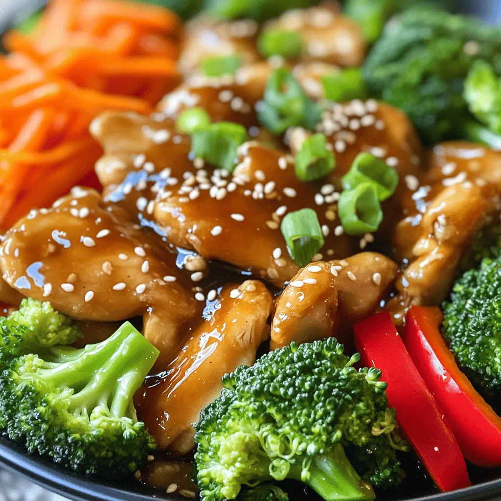 - 1 lb (450g) boneless, skinless chicken thighs, sliced into bite-sized pieces - 2 tablespoons honey - 3 tablespoons soy sauce - 3 cloves garlic, finely minced - 1 tablespoon fresh ginger, grated - 1 bell pepper (choose red or yellow for sweetness), sliced into strips - 1 cup broccoli florets (fresh or frozen) - 1 medium carrot, julienned (cut into thin strips) - 1 tablespoon vegetable oil (for frying) - Salt and freshly ground pepper to taste In this recipe, I use chicken thighs. They are juicy and flavorful. The honey adds a nice sweetness. Soy sauce brings umami, while garlic and ginger give depth. Fresh vegetables like bell pepper, broccoli, and carrot bring color and crunch. - 2 green onions, chopped (for garnish) - Sesame seeds (for garnish) I love to add green onions on top. They add a fresh taste and a nice pop of color. Sesame seeds give a nice crunch and a nutty flavor. You can put these on right before serving to make your dish look more appealing. For the full recipe, check out the [Full Recipe]. Start by mixing key ingredients in a small bowl. You will need: - 2 tablespoons honey - 3 tablespoons soy sauce - 3 cloves garlic, finely minced - 1 tablespoon fresh ginger, grated Whisk these ingredients together until fully blended. Set the sauce aside for later use. Next, heat 1 tablespoon of vegetable oil in a large skillet or wok over medium-high heat. Once the oil shimmers, add 1 pound of sliced chicken thighs. Spread the chicken in a single layer for even cooking. Season it lightly with salt and pepper. Sauté the chicken for about 5 to 7 minutes. Stir frequently to ensure it cooks evenly. Check that the chicken reaches an internal temperature of 165°F. Once cooked, remove the chicken from the skillet and place it on a plate. In the same skillet, add your fresh vegetables. You will need: - 1 bell pepper, sliced into strips - 1 cup broccoli florets - 1 medium carrot, julienned Stir-fry the vegetables for 3 to 4 minutes. You want them tender-crisp and vibrant in color. This quick cooking helps lock in their nutrients and flavor. Now, return the cooked chicken to the skillet with the vegetables. Pour the honey garlic sauce over everything. Toss the mixture to ensure all ingredients are coated. Allow it to cook for an additional 2 to 3 minutes. This helps the sauce thicken and glaze the chicken and veggies. For a special touch, garnish with chopped green onions and sesame seeds. Serve hot over steamed rice or noodles for a complete meal. For the full recipe, refer to the ingredients and cooking steps above. To pick the right chicken, choose boneless thighs. They stay juicy and tender. Look for bright pink meat with no dark spots. Fresh chicken should feel firm but not hard. To keep chicken juicy, avoid overcooking. Sauté it until it turns golden brown, about 5-7 minutes. Use a meat thermometer to check if it reaches 165°F. Letting it rest for a few minutes before cutting helps too. You can add more spices for a flavor boost. Try red pepper flakes for heat or a splash of lime juice for brightness. Fresh herbs, like cilantro, add freshness as well. For sauce consistency, ensure you whisk the honey and soy well. If it’s too thin, let it cook longer until it thickens. This creates a tasty glaze that clings to the chicken and veggies. Serve this dish with jasmine rice or rice noodles. Both are great at soaking up the sauce. Adding a side of steamed green beans or a simple salad complements the meal well. For plating, use a colorful bowl. Arrange the stir-fry neatly and sprinkle sesame seeds on top. This adds texture and makes your meal look inviting. For the full recipe, check out the additional details provided. {{image_4}} You can switch chicken for tofu or shrimp. Tofu is a great choice for a plant-based meal. It absorbs flavors well and adds protein. For shrimp, cook it for about 3-4 minutes. Shrimp cooks faster than chicken, so watch it closely. Both options keep the dish tasty and fun. Using seasonal vegetables can add freshness to your stir-fry. Try snap peas, zucchini, or even asparagus. Mix colors for a more appealing plate. Bright veggies like red bell peppers and orange carrots make your meal pop. The more colors, the better the nutrition! If you need a gluten-free option, use gluten-free soy sauce. This change keeps the flavor while making it safe to eat. You can also replace honey with maple syrup or agave nectar for a sweet touch. These swaps make the dish fit your needs without losing taste. For the full recipe, check out the Honey Garlic Chicken Stir-Fry. You can store leftover Honey Garlic Chicken Stir-Fry in an airtight container. Make sure it cools down first. This way, it stays fresh and tasty. You can keep it in the fridge for up to three days. Always check for any off smells or changes before eating. If you want to freeze your stir-fry, follow these easy steps: - Allow the dish to cool completely. - Transfer it to a freezer-safe container. - Seal it tightly to prevent freezer burn. You can freeze it for up to three months. To thaw, place the container in the fridge overnight. When ready to eat, reheat it on the stove or in the microwave. Stir it well to ensure even heating. Enjoy your quick and healthy meal again! You can find the full recipe [here](#). Making Honey Garlic Chicken Stir-Fry takes about 20 minutes. You need around 10 minutes to prep the ingredients. The cooking time is about 10 minutes. This quick meal is great for busy nights. Yes, you can make this recipe in advance. Cook the chicken and vegetables, then store them in the fridge. Keep the sauce separate in a jar. When you’re ready to eat, just heat everything up together. This way, your meal stays fresh and tasty. You can serve Honey Garlic Chicken Stir-Fry with rice or noodles. Jasmine rice works well, but you can try brown rice for added fiber. Rice noodles add a nice touch too. Add a side salad for extra crunch. This recipe is not spicy. It has a sweet and savory flavor. If you want some heat, add red pepper flakes or sriracha. Start with a little, then taste and adjust to your liking. In this blog post, we covered making a tasty Honey Garlic Chicken Stir-Fry. You learned about the main ingredients, with chicken thighs, fresh veggies, and a sweet sauce. I detailed step-by-step instructions, tips for perfect chicken, and options for variations. You can even store leftovers easily. Now, enjoy experimenting with your dish. Mix in your favorite veggies or proteins to make it your own. Cooking can be fun and rewarding. Keep trying new things and savor every bite!