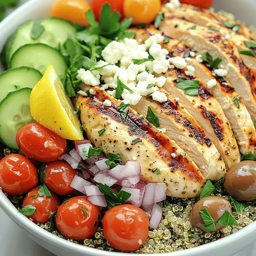 - 2 boneless, skinless chicken breasts - 1 cup cooked quinoa (preferably cooled) - 1 cup cherry tomatoes, halved - 1 cucumber, diced into small cubes - ½ red onion, thinly sliced - ½ cup Kalamata olives, pitted and sliced in half These main ingredients form the heart of the Easy Greek Chicken Bowls. The chicken gives great protein, while the quinoa adds healthy grains. Fresh tomatoes and cucumbers bring crunch and color, while red onion and olives add depth of flavor. - 2 tablespoons extra virgin olive oil - 1 teaspoon dried oregano - 1 teaspoon garlic powder - Salt and freshly ground black pepper to taste - 1 cup crumbled feta cheese - 2 tablespoons fresh lemon juice The dressing and seasoning are key. The olive oil, oregano, and garlic powder create a tasty marinade for the chicken. Feta cheese adds a creamy, salty bite. Fresh lemon juice brightens the dish and balances the flavors. - ¼ cup fresh parsley, chopped finely - Lemon wedges Garnishes bring it all together. Fresh parsley adds a pop of color and freshness. Lemon wedges let you add more zing just before eating. These little touches make your meal even more inviting and fun. For the full recipe, check out the Easy Greek Chicken Bowls . - Preheat the Grill: Start by heating your grill or grill pan to medium-high. This step is key for juicy chicken. Make sure it’s hot before you cook. - Create the Marinade: In a small bowl, mix the olive oil, oregano, garlic powder, salt, and black pepper. Whisk until it blends well. This marinade adds great flavor to your chicken. - Marinate and Grill Chicken: Coat the chicken breasts with the marinade. Rub it into both sides for full flavor. Then, place them on the hot grill. Cook for about 6-7 minutes on each side until the chicken reaches 165°F (75°C). This ensures it is safe to eat. - Rest the Chicken: Once cooked, take the chicken off the grill. Let it rest for about 5 minutes. This helps keep the juices inside. - Prepare Salad Mixture: In a large bowl, combine the cooled quinoa, cherry tomatoes, cucumber, red onion, Kalamata olives, feta cheese, parsley, and lemon juice. Toss gently until all ingredients mix well. This salad adds freshness to the bowls. - Slice and Arrange Chicken: After resting, slice the chicken into thin strips. Arrange these slices on top of the quinoa salad mixture in your bowls. This makes a beautiful presentation. You can find the full recipe [here](#). Enjoy creating these Easy Greek Chicken Bowls! Ensuring Perfectly Grilled Chicken To get juicy, grilled chicken, start with good preparation. First, marinate the chicken well. This adds flavor and moisture. Make sure your grill is hot before you cook. This helps sear the chicken and lock in the juices. Grill for about 6-7 minutes on each side. Check for an internal temperature of 165°F (75°C) to ensure it's fully cooked. Flavor Enhancements If you want to make your dish stand out, try adding fresh herbs. Oregano and parsley work well. You can also mix in some lemon zest for a fresh kick. A sprinkle of smoked paprika can give your chicken extra depth. Experiment with these flavors to find what you love. Pairing Ideas These Greek chicken bowls pair well with a light, crisp white wine. A side of warm pita bread or tzatziki sauce adds a nice touch. You can also serve a simple green salad alongside for extra crunch and freshness. Plating Techniques To make your bowls look appealing, use a wide bowl. Start with a base of quinoa. Then, layer the colorful veggies and chicken on top. Finish with an extra sprinkle of parsley and a lemon wedge on the side. This not only looks great but also invites your guests to squeeze lemon for more flavor. Make-Ahead Options You can prepare the chicken and quinoa a day in advance. Store them in the fridge until you're ready to serve. This saves time on busy days. Just reheat the chicken and mix the salad when it’s time to eat. Storage Suggestions Keep leftovers in airtight containers. They will stay fresh for up to three days in the fridge. If you want to save them longer, consider freezing them. Just make sure to separate the chicken and salad components to retain their best textures. {{image_4}} You can switch up the protein in your Greek chicken bowls. Using turkey instead of chicken gives a lean option. Just marinate it the same way. Turkey cooks fast, so keep an eye on it. Tofu is another great choice. For a vegan option, use firm tofu. Press it to remove extra water, then cut it into cubes. Marinate it like the chicken and grill until golden. Adding shrimp is also fun. Shrimp cooks quickly and brings a nice flavor. Toss them on the grill for just 3-4 minutes until they turn pink. Quinoa is a classic choice in these bowls, but you can try other grains too. Brown rice works well for a hearty base. It adds fiber and a nutty taste. Couscous is quick and easy. It cooks in just a few minutes. Use whole wheat couscous for added nutrition. Both grains will soak up the dressing nicely. To elevate the flavor, try a Mediterranean spice blend. Mix cumin, paprika, and coriander for a warm taste. Sprinkle some on your chicken before grilling. You can also add avocado for creaminess. Slice it up and place it on top of your bowl. Nuts like almonds or walnuts add crunch too. Toss in some for added texture. For the full recipe, check out Easy Greek Chicken Bowls! To keep your Easy Greek Chicken Bowls fresh, store leftovers in the fridge. Place the chicken and quinoa salad in separate containers. This helps keep the chicken juicy and the salad crisp. Use airtight containers for the best results. Glass containers are great for this, but plastic ones work too. When it’s time to eat, you can reheat your bowls. The microwave is quick and easy, but it might dry the chicken out. If you use the oven, set it to 350°F (175°C). Place the chicken in a baking dish with a splash of water. Cover it with foil to keep it moist while it warms up. If you want to save the bowls for later, freezing is a good option. Just make sure the chicken and salad are cool before you freeze them. Use freezer-safe containers. When ready to eat, thaw them overnight in the fridge. To reheat, use the oven or microwave as described above. Enjoy your meal even on busy days! For the full recipe, check the section above. How do I know when the chicken is cooked? You can tell the chicken is cooked when it reaches 165°F (75°C). Use a meat thermometer to check. The chicken should be white and opaque. If you cut it, the juices should run clear, not pink. Can I make this recipe vegetarian? Yes, you can make this recipe vegetarian. Replace the chicken with grilled vegetables or chickpeas. Tofu or tempeh also works well. Just make sure to marinate them for good flavor. Can I use different types of cheese? Absolutely! You can use goat cheese, mozzarella, or even a dairy-free cheese. Each will give a unique flavor. Just be mindful of the texture and taste you want. What can I replace quinoa with? If you prefer, you can use rice, couscous, or farro instead of quinoa. Just cook them according to package instructions. Each grain adds its own twist to the dish. How to make it gluten-free? To make the dish gluten-free, use quinoa, as it is naturally gluten-free. Ensure all other ingredients, like dressings and spices, are gluten-free as well. Always check labels for hidden gluten. How long does this recipe take to prepare? This recipe takes about 30 minutes in total. You’ll spend about 15 minutes prepping and about 15 minutes cooking. It's quick and perfect for busy days. For the full recipe, check the earlier section. In this post, we covered tasty ingredients like chicken, quinoa, and fresh veggies. You learned to create a simple yet flavorful dish using olive oil, feta, and easy grill steps. We explored tips for perfect results, variations for more options, and smart storage methods. Try these steps at home and enjoy a healthy meal. With just a few changes, you can make it your own. Happy cooking!