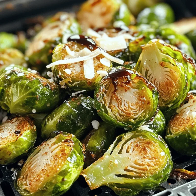 Here’s what you need to make crispy air fryer Brussels sprouts. Gather these items: - 1 pound Brussels sprouts, trimmed and halved - 2 tablespoons olive oil - 1 teaspoon garlic powder - 1/2 teaspoon smoked paprika - 1/4 teaspoon freshly ground black pepper - 1/2 teaspoon sea salt - Optional toppings: balsamic glaze and shaved Parmesan cheese These ingredients create a delightful blend of flavors. The Brussels sprouts get crispy and tasty, while the seasonings add depth. You can adjust the spices to match your taste. If you want something extra, drizzle balsamic glaze on top or add some shaved Parmesan cheese. This will make the dish even more special. For the full recipe, check out the complete guide. First, set your air fryer to 375°F (190°C). This usually takes about 5 minutes. Preheating helps the Brussels sprouts cook quickly and get crispy. Next, grab a large bowl. Add 1 pound of halved Brussels sprouts. Pour in 2 tablespoons of olive oil. Then, add 1 teaspoon of garlic powder, 1/2 teaspoon of smoked paprika, 1/4 teaspoon of black pepper, and 1/2 teaspoon of sea salt. Mix well with your hands or a spatula. Each sprout should be coated with oil and spices for the best flavor. Carefully place the seasoned Brussels sprouts in the air fryer basket. Arrange them in a single layer. Do not overcrowd the basket; this helps them stay crispy. If you have too many, fry them in batches. Cook for 15-18 minutes at 375°F. Halfway through, shake the basket to ensure even cooking. When they look golden brown and crispy, they are ready to enjoy! Optionally, drizzle with balsamic glaze and top with shaved Parmesan cheese for extra flavor. For the complete recipe, check out the Full Recipe section. To get crispy Brussels sprouts, follow these tips: - Preheat your air fryer. Set it to 375°F (190°C) for about 5 minutes. - Don’t overcrowd the basket. Lay the sprouts in a single layer. This helps them cook evenly. - Shake the basket halfway. This ensures all sides get that perfect golden brown. Want to boost the taste? Here are some ideas: - Try different seasonings. Add chili powder for heat or lemon zest for freshness. - Top with fresh herbs. Basil or parsley adds a nice touch. - Consider unique toppings. Crumbled feta or toasted nuts can give extra flavor and crunch. Serving matters! Here’s how to make your dish shine: - Use a colorful plate. This makes the Brussels sprouts pop visually. - Garnish with herbs. A sprig of parsley adds a fresh look. - Serve with a drizzle. A small bowl of balsamic glaze next to the sprouts invites guests to add more flavor. For the full recipe, check the section above! Enjoy your crispy Brussels sprouts! {{image_4}} You can change up the flavors with different spices. If you like heat, add cayenne pepper or chili flakes to the mix. For a fresh twist, try using rosemary or thyme. These herbs pair well with Brussels sprouts and add a nice aroma. You can also use lemon zest for a bright flavor. Experiment and see what you enjoy most! If you're out of olive oil, you can use avocado oil or melted coconut oil. Both work well and keep the sprouts crispy. For a dairy-free option, skip the Parmesan cheese or try a vegan cheese. Nutritional yeast can also give a cheesy flavor without the dairy. These substitutes will help you keep the dish delicious and healthy. Don’t worry if you don’t have an air fryer. You can roast Brussels sprouts in the oven. Preheat your oven to 400°F (200°C). Toss the sprouts with oil and seasonings just like before. Spread them out on a baking sheet and roast for 20-25 minutes. Stir them halfway through for even cooking. If you prefer to sauté, heat a pan over medium heat with oil. Add the sprouts and cook for about 10-15 minutes, stirring often. Both methods will give you great results! For more details, check the Full Recipe. To store your leftover crispy Brussels sprouts, let them cool first. Place them in an airtight container. This keeps them fresh for up to three days in the fridge. If you want to avoid sogginess, do not cover them tightly. A loose lid allows some air to flow, keeping them crispy. When you are ready to eat the leftovers, reheat them in the air fryer. Set it to 350°F (175°C) for about five to seven minutes. This method helps restore their crispy texture. You can also use a regular oven. Place them on a baking sheet and heat at the same temperature. Avoid using the microwave, as it may make them soft. You can freeze Brussels sprouts, but it’s best to do it before cooking. Clean and trim them, then blanch in boiling water for three minutes. Cool them in ice water, then drain and dry. Place the sprouts in a freezer bag, removing as much air as possible. They can stay in the freezer for up to six months. When you are ready to cook them, just air fry from frozen. For the full recipe, check the details above. To reduce bitterness, try soaking them in cold water for 30 minutes. This helps draw out some of the bitter flavors. You can also add a pinch of sugar when seasoning. Cooking Brussels sprouts with oil, salt, and spices enhances their flavor. Roasting or air frying can caramelize the natural sugars, making them taste sweeter. Yes, you can use whole Brussels sprouts! However, cooking them whole will take longer. They may not get as crispy as halved ones. If you choose to air fry them whole, cook them for about 20-25 minutes. Check for doneness by piercing them with a fork. Halved Brussels sprouts cook faster and crisp up better. Cooked Brussels sprouts can last for about 3 to 5 days in the fridge. Store them in an airtight container to keep them fresh. Make sure they cool down before you seal them. Reheat them in the air fryer or oven for best results. This way, they stay crispy and tasty. You now have a clear guide for perfect Brussels sprouts in an air fryer. We covered the right ingredients, step-by-step instructions, and tips for the best results. Remember, crispy and tasty sprouts are within your reach. Feel free to mix in your favorite spices or toppings. Enjoy your cooking adventure!