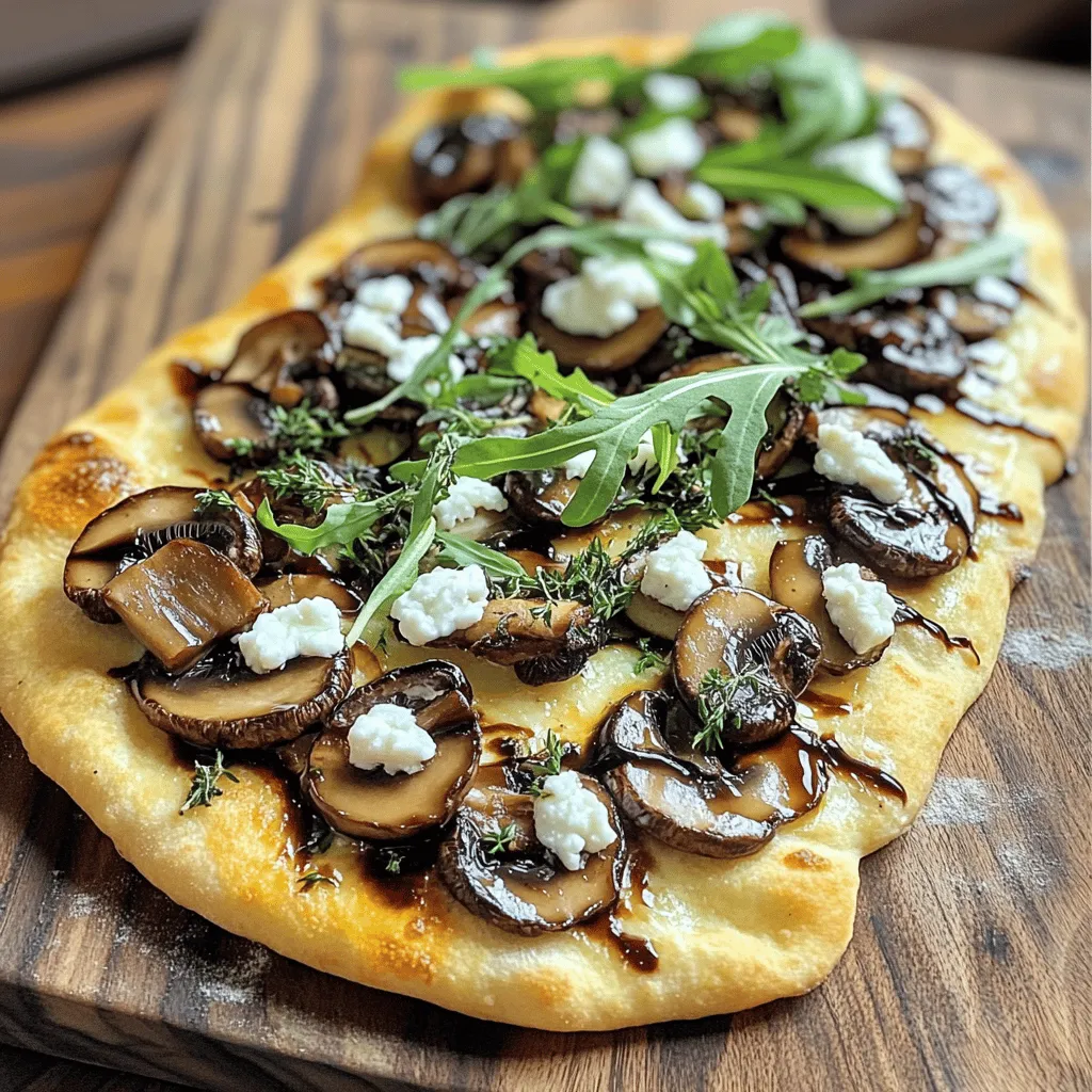 - 2 flatbreads (store-bought or homemade) - 1 cup cremini mushrooms, sliced - 1 tablespoon extra virgin olive oil - 1 teaspoon fresh thyme leaves, chopped - 2 cloves garlic, minced - 1 cup goat cheese, crumbled - 1/2 cup shredded mozzarella cheese - Salt and black pepper to taste - 1 tablespoon balsamic glaze for drizzling (optional) - Fresh arugula for garnish For this mushroom and goat cheese flatbread, I love using cremini mushrooms. They have a rich flavor that pairs well with the creamy goat cheese. You can use store-bought or homemade flatbreads, depending on your time and skill level. The extra virgin olive oil adds a nice touch when you sauté the mushrooms, making them soft and golden. Fresh thyme adds a wonderful aroma and taste. Minced garlic gives a nice kick and enhances the dish's flavor. The goat cheese crumbles easily and melts beautifully, while the mozzarella adds that stretchy, cheesy goodness we all love. Don't forget to season with salt and black pepper to bring all the flavors together. For a special touch, drizzle balsamic glaze over the flatbread before serving. It adds a sweet contrast to the savory flavors. Fresh arugula not only looks beautiful but also adds a crisp bite. You can find the full recipe below to guide you through making this delightful dish. - Preheat oven to 425°F (220°C). - Sauté the mushrooms with olive oil. To start, set your oven to 425°F (220°C). This heat helps the flatbreads crisp up nicely. While it warms, grab a medium skillet. Pour in the extra virgin olive oil and heat it over medium heat. Once it's hot, add the sliced cremini mushrooms. Cook them for about 5-7 minutes. You want them soft and golden brown. Stir them often to cook evenly. Next, add minced garlic and chopped fresh thyme. Sauté for another 1-2 minutes. You’ll smell the garlic getting fragrant, which is a good sign. Don’t let it burn! Season with salt and black pepper to taste. When done, remove the skillet from the heat and set it aside. - Spread sautéed mixture evenly on flatbreads. - Top with goat cheese and mozzarella. Now it’s time to assemble your flatbreads. Take a baking sheet and line it with parchment paper. Place the flatbreads on the sheet. Spread the sautéed mushroom mixture evenly across each flatbread. Make sure every bite is packed with flavor. Next, sprinkle crumbled goat cheese over the mushrooms. Then add shredded mozzarella cheese. This will create a melty, cheesy topping that makes your flatbreads irresistible. - Bake flatbreads for 10-12 minutes. - Add balsamic glaze and arugula before serving. Slide the baking sheet into your preheated oven. Bake for 10-12 minutes. Keep an eye on them as they cook. You want the cheese to bubble and turn golden. Once they look perfect, take the flatbreads out of the oven. If you like, drizzle some balsamic glaze over the top. This adds a touch of sweetness. Finish by topping with fresh arugula. It brings a nice crunch and freshness to the dish. Slice the flatbreads into wedges and serve warm. Enjoy this delightful dish! For the complete recipe, refer to the Full Recipe section. - How to achieve the perfect crispiness To get that ideal crisp, preheat your oven to 425°F (220°C). Make sure it is fully heated. Bake the flatbreads for 10-12 minutes. Watch closely for bubbling cheese. - Ensuring even cooking of mushrooms Cut your cremini mushrooms evenly. This helps them cook at the same rate. Sauté them over medium heat. Stir them often for even browning. You want them soft and golden. - Best ways to serve and present your flatbread Serve the flatbreads warm. Cut them into wedges for easy sharing. Use a rustic wooden board for a charming look. Garnish with fresh arugula on top. A drizzle of balsamic glaze adds flair. - Recommended pairings and drinks Pair your flatbread with a light salad. A crisp white wine works well too. Try a refreshing lemon soda for a non-alcoholic option. These choices make the meal delightful. For the complete cooking process, check the Full Recipe provided earlier. {{image_4}} You can swap out goat cheese for other types of cheese. Try feta for a tangy twist. Mozzarella adds a milder flavor and melts beautifully. For a creamy touch, use ricotta. Each cheese gives a different taste, so feel free to experiment. Adding veggies can make your flatbread even better. Bell peppers add sweetness and color. Spinach brings a fresh, earthy flavor. You can mix and match veggies based on what you love. Each addition creates a new experience for your taste buds. To boost the flavor, add spices or herbs. A sprinkle of red pepper flakes can add heat. Fresh basil or oregano gives a nice aroma. Don't be shy to try different combinations. Each herb brings its own magic to the dish. Drizzling sauces can also enhance your flatbread. Pesto adds a rich, herby taste. A bit of truffle oil offers a luxurious twist. You might even try a spicy aioli for a kick. These little touches can elevate your dish from good to great. For the Full Recipe, refer to the previous sections to gather all the details you need. To store leftover flatbreads, let them cool first. Wrap each flatbread in plastic wrap or foil. Place them in an airtight container. This keeps them fresh in the fridge for up to 3 days. When reheating, use an oven or toaster oven. Preheat it to 350°F (175°C). Place the flatbread on a baking sheet. Heat for about 10 minutes. This helps maintain the crispiness of the crust. Avoid using a microwave, as it can make the flatbread soggy. Yes, you can freeze mushroom and goat cheese flatbread. First, let them cool completely. Wrap each flatbread tightly in plastic wrap. Then, place them in a freezer-safe bag or container. They can last up to 2 months in the freezer. To reheat, take the flatbread from the freezer. Remove the wrap and place it on a baking sheet. Preheat your oven to 375°F (190°C). Bake for 15-20 minutes. This ensures you enjoy a crispy flatbread, just like fresh! Can I use different types of bread for this recipe? Yes, you can! You can use pita, naan, or even a baguette. Each type adds its own unique taste and texture. Just ensure the bread can hold the toppings without getting soggy. How long does it take to make the flatbread from scratch? Making flatbread from scratch takes about 1 hour. This includes mixing, kneading, and resting the dough. If you buy flatbreads, it only takes about 25 minutes to prepare and bake the dish. What are good substitutions for mushrooms? If you don't like mushrooms, try using spinach, zucchini, or artichoke hearts. These options add flavor and keep the dish tasty and fresh. How many calories are in mushroom and goat cheese flatbread? This dish has about 350 calories per serving. This can vary based on portion size and added ingredients. Is this dish vegetarian-friendly? Yes, mushroom and goat cheese flatbread is vegetarian. It contains no meat, making it great for meatless meals. Where did the recipe originate? Flatbreads have roots in many cultures. They are popular in Mediterranean and Middle Eastern cuisines. This recipe combines these traditions with a modern twist. What occasions are best for serving this dish? This flatbread is great for parties, game nights, or family dinners. It also works well as an appetizer at gatherings. Serve it warm for the best taste! Making mushroom and goat cheese flatbreads is easy and fun. First, you sauté mushrooms and layer them on flatbreads with cheese. Baking them creates a tasty treat. You can add your favorite veggies or change the cheese if you want. Store leftovers properly to keep them crispy. This dish is great for gatherings or a cozy night in. Enjoy exploring variations and serving options to make it your own. The possibilities are endless!