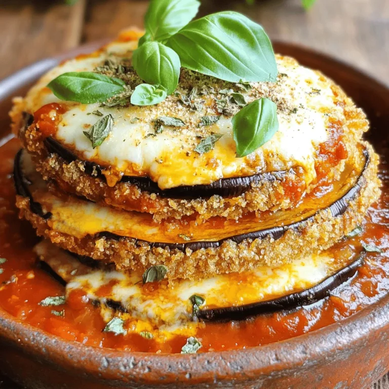 To start, we need two large eggplants. Slice them into 1/2-inch rounds. Sprinkle one teaspoon of salt over the slices. This step helps pull out moisture and bitterness. Let the slices sit in a colander for about 30 minutes. Afterward, rinse them under cold water. Pat them dry with paper towels before cooking. For the breading, gather these items: - 1 cup all-purpose flour - 3 large eggs, beaten - 2 cups Italian-style breadcrumbs Set up three shallow dishes. Place the flour in one, beaten eggs in another, and breadcrumbs in the last. This setup makes breading easy and fun. For the sauce and cheese, you will need: - 2 cups marinara sauce (you can use homemade or jarred) - 3 cups fresh mozzarella cheese, sliced - 1 cup grated Parmesan cheese - 1 teaspoon dried oregano - Fresh basil leaves for garnish - Olive oil for frying These ingredients make the dish rich and creamy. The combination of marinara sauce and cheese gives eggplant Parmesan its classic taste. Each layer adds flavor and texture that you will love. Start by slicing two large eggplants into 1/2-inch rounds. Sprinkle 1 teaspoon of salt over these slices. Set the slices in a colander to rest for about 30 minutes. This step pulls out excess moisture and helps cut bitterness. After 30 minutes, rinse the slices under cold water. Then, dry them with paper towels until they are moisture-free. Next, set up your breading station. Use three shallow dishes. Fill the first dish with 1 cup of all-purpose flour. In the second dish, beat three large eggs. The last dish should hold 2 cups of Italian-style breadcrumbs. Now, take each eggplant slice. First, coat it in flour, shaking off the extra. Then, dip it in the egg mixture, letting excess drip off. Finally, press the slice into the breadcrumbs to coat it well. Heat a generous amount of olive oil in a large skillet over medium heat. Fry the breaded eggplant slices in batches. Cook each side for about 3-4 minutes until they turn golden brown. After frying, place the slices on a plate lined with paper towels. This step helps absorb any leftover oil. Preheat your oven to 375°F (190°C). In a baking dish, spread a thin layer of marinara sauce on the bottom. This keeps the eggplant from sticking. Place half of the fried eggplant slices over the sauce. Add half of the marinara sauce next. Then, layer half of the mozzarella cheese and half of the grated Parmesan cheese. Repeat this layering until you use all the ingredients. Sprinkle the remaining dried oregano on top. Add any leftover mozzarella and Parmesan cheese. Place the dish in the preheated oven. Bake for about 30-35 minutes. You want the cheese to bubble and turn a lovely golden brown. For the full details on the ingredients and preparation, refer to the [Full Recipe]. When picking eggplants, look for smooth skin. Choose ones that feel heavy for their size. The best eggplants are firm and shiny. Avoid any with soft spots or wrinkles. Small to medium eggplants often taste better, as they are less bitter. Purple varieties are most common, but white or green ones also work well. To lighten up this dish, try baking instead of frying. Brush the eggplant slices with olive oil and place them on a baking sheet. Bake at 400°F (200°C) for about 20 minutes, flipping halfway. You can also use whole wheat breadcrumbs for added fiber. Consider swapping out some cheese for a lower-fat option, which can still taste great. Frying can be tricky, but it's key for great flavor. Use enough oil to cover the bottom of your skillet. Heat the oil until it shimmers, then add the eggplant slices. Don't overcrowd the pan; this helps keep the oil hot. Fry until each side is golden brown, about 3-4 minutes. Let the fried slices rest on paper towels to soak up extra oil. Eggplant Parmesan is rich and satisfying. Pair it with a side salad for freshness. Garlic bread or crusty Italian bread complements it well. A light red wine, like Chianti, enhances the meal. For a twist, serve it with a side of pasta tossed in marinara sauce. You can find the Full Recipe for more details. {{image_4}} To make a gluten-free version, swap the all-purpose flour and breadcrumbs. Use gluten-free flour and gluten-free breadcrumbs instead. This keeps the dish tasty and safe for gluten-free diets. You can find these options at most grocery stores. For a vegan twist, skip the eggs and mozzarella. Use a plant-based egg substitute, like flaxseed meal mixed with water. Replace the mozzarella with vegan cheese that melts well. Use nutritional yeast for that cheesy flavor. This version is a hit with vegans and non-vegans alike. Want some heat? Add crushed red pepper flakes to the marinara sauce. You can also sprinkle pepper flakes between the layers of cheese. For an extra kick, use pepper jack cheese instead of mozzarella. This spicy version will wake up your taste buds! You can find the full recipe at the start of the article. Feel free to mix and match these variations to suit your taste! After you make Eggplant Parmesan, let it cool before storing. Place it in an airtight container. You can keep it in the fridge for up to three days. The flavors will deepen as it sits, making the dish even tastier. You can freeze Eggplant Parmesan for later use. First, let it cool completely. Then, wrap it tightly in plastic wrap or foil. Store it in a freezer-safe container. It will stay good for about three months. To enjoy, thaw it overnight in the fridge before reheating. Reheat Eggplant Parmesan in your oven for the best results. Preheat the oven to 350°F (175°C). Place the dish in the oven and heat for about 20 minutes. If it looks dry, add a splash of marinara sauce to keep it moist. You can also use a microwave, but the oven keeps the crust crispy. Enjoy your savory and satisfying dish again! Yes, you can prepare Eggplant Parmesan ahead of time. You can layer the dish and then cover it with plastic wrap. Store it in the fridge for up to 24 hours. When you're ready, just bake it. This makes it easy for busy days or special events. To slice eggplant, use a sharp knife. Cut the eggplant into even rounds. Aim for 1/2-inch thick slices. This size helps them cook evenly. If you prefer, you can also slice them lengthwise. Just keep the thickness the same. To reduce bitterness, sprinkle salt on the sliced eggplant. Let it sit for about 30 minutes. The salt draws out moisture and bitterness. After that, rinse the slices well and dry them. This step improves the taste and texture. Absolutely! You can switch cheeses based on your taste. Try using provolone or fontina for a different flavor. You can also mix in some goat cheese for added creaminess. Just remember to use the same amount as the recipe states. Eggplant Parmesan, or Melanzane alla Parmigiana, comes from Southern Italy. It is a classic dish that highlights fresh ingredients. The dish has roots in the Campania region, where eggplants grow well. Over time, it has spread and gained popularity worldwide. Eggplant Parmesan can be a healthy dish. Eggplants are low in calories and high in fiber. However, frying can add calories and fat. To make it healthier, you can bake the eggplants instead of frying them. This keeps the flavors while reducing calories. This blog covered how to make a tasty Eggplant Parmesan. I shared tips on choosing eggplants, salting them, and making a healthier version. You learned the step-by-step process for preparing, breading, and baking. I also offered variations, like vegan and gluten-free options. In the end, Eggplant Parmesan is versatile and satisfying. Whether you stick to a classic recipe or try new twists, enjoy experimenting in your kitchen!