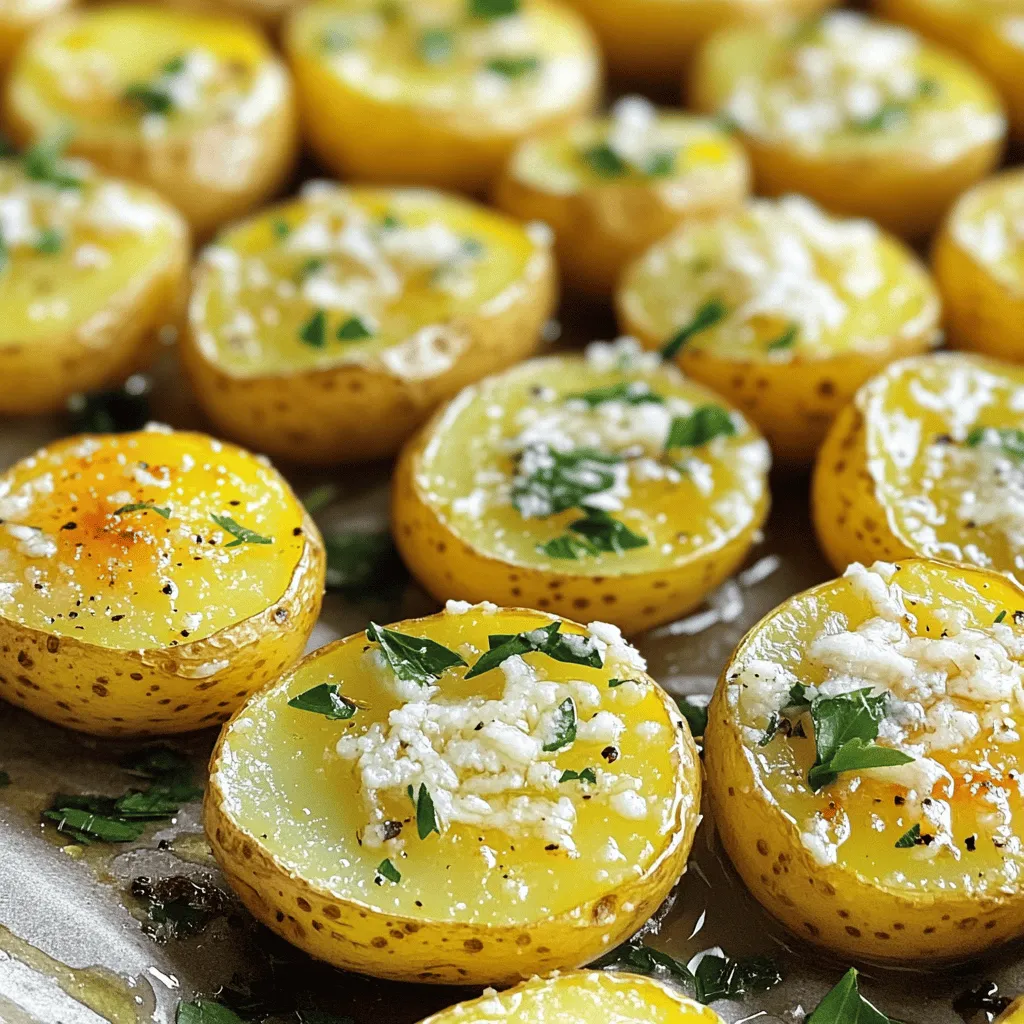 - 2 pounds baby potatoes, halved - 4 tablespoons olive oil - 4 cloves garlic, finely minced - 1 teaspoon dried oregano - 1 teaspoon dried thyme - 1/2 teaspoon red pepper flakes (optional for a spicy kick) - 1/2 cup freshly grated Parmesan cheese - Salt and freshly ground black pepper to taste - Fresh parsley, chopped, for garnish The mix of baby potatoes and olive oil creates a great base. The garlic adds a savory depth that makes each bite special. Use dried oregano and thyme for a warm, herbal note. If you want spice, add red pepper flakes. The Parmesan cheese gives a rich, cheesy taste. Don't forget to season with salt and pepper. This brings out the flavors. Finally, sprinkle fresh parsley on top for a pop of color and freshness. For the full recipe, check the detailed instructions. You'll have a tasty dish in no time! 1. Preheat oven: Start by preheating your oven to 425°F (220°C). This heat is key for a nice roast. 2. Mix ingredients in a bowl: In a large bowl, combine your halved baby potatoes with olive oil, minced garlic, dried oregano, dried thyme, and optional red pepper flakes. 3. Season and coat potatoes: Add salt and black pepper to the mix. Use your hands or a spatula to toss until all potatoes are coated well. 1. Spread on baking sheet: Line a baking sheet with parchment paper. Spread the coated potatoes on the sheet in a single layer. Make sure they are not crowded. 2. First roasting phase (25 minutes): Place the baking sheet in the oven and roast the potatoes for 25 minutes. This will soften the potatoes and start browning them. 1. Sprinkle Parmesan: After 25 minutes, take the baking sheet out. Evenly sprinkle the grated Parmesan cheese over the potatoes. Toss gently to coat. 2. Second roasting phase (10-15 minutes): Return the baking sheet to the oven. Roast for another 10 to 15 minutes, until the potatoes are golden brown and crispy. Enjoy the full recipe for Garlic Parmesan Roasted Potatoes to make this crunchy delight! To get crispy potatoes, space them well on the baking sheet. If they are too close, they will steam instead of roast. Make sure each potato piece has room. The heat must reach all sides for that crunchy texture. The size of your potatoes matters too. Smaller pieces roast faster and get crispier. If you use larger potatoes, cut them smaller for the best results. High heat also helps. Roasting at 425°F (220°C) gives that perfect golden brown finish. You can boost flavor by adding herbs or spices. Fresh or dried herbs like rosemary or basil work great. They add a nice twist to the dish. Consider garlic powder for extra garlic flavor or smoked paprika for a hint of smokiness. Using different types of potatoes can change the taste. Russet potatoes are fluffy inside, while Yukon Golds are creamy. Experiment with various kinds to find your favorite. Each type gives a unique flavor and texture. To serve, use a rustic bowl for a cozy feel. You can also place them on a large platter. This makes it easy for guests to enjoy. Garnish with extra parsley for a pop of color. A light sprinkle of Parmesan on top adds elegance. For a fun touch, serve with toothpicks for easy snacking. This makes them perfect for parties or gatherings. For the full recipe, check the earlier section. {{image_4}} You can make Garlic Parmesan Roasted Potatoes healthier. Use alternative oils like avocado oil or coconut oil. Both oils add great flavor without all the fat. Reducing the cheese also helps cut calories. You can use half of the cheese or try a nut-based cheese for a lighter option. Want to switch things up? Try garlic butter roasted potatoes. Just melt butter and mix it with garlic. Toss it with the potatoes before roasting. Another option is to use herb and cheese combos. Mix in fresh herbs like rosemary or basil for a fresh taste. If you enjoy heat, add jalapeños for a spicy twist. Slice them thin and mix with the potatoes. You can also incorporate chili powder for an extra kick. Just a teaspoon can add a lot of flavor without being too hot. These spicy options will make your dish stand out. To keep your Garlic Parmesan Roasted Potatoes fresh, use airtight containers. Glass or plastic containers work well. Make sure the potatoes cool before sealing. This keeps them from getting soggy. Store them in the fridge. They will stay good for up to three days. When you want to enjoy leftovers, you can use the oven or the microwave. The oven gives the best results. Preheat it to 400°F (200°C). Spread the potatoes on a baking sheet and heat for 10-15 minutes. This makes them crispy again. The microwave is quicker. Heat for 1-2 minutes, but they may not be as crunchy. You can freeze Garlic Parmesan Roasted Potatoes for later. Here’s how: 1. Allow the cooked potatoes to cool completely. 2. Place them in a single layer on a baking sheet. 3. Freeze for about 1-2 hours until solid. 4. Transfer the frozen potatoes to freezer bags. Remove as much air as possible. 5. Label the bags with the date. When you’re ready to use them, you can bake them straight from the freezer. Just add a few extra minutes to the cooking time. This way, you can enjoy a crunchy delight anytime! Cooking time varies by potato size. For baby potatoes, roast them for about 35-40 minutes at 425°F (220°C). This includes 25 minutes for the first roast and an extra 10-15 minutes after adding cheese. Cut larger potatoes into smaller pieces to ensure even cooking. Yes, you can make this recipe vegan! Simply replace Parmesan cheese with a plant-based cheese or nutritional yeast. Use olive oil, as it is vegan-friendly. Ensure all seasonings are free from animal products. Halving baby potatoes works best for even cooking and crispiness. If you have larger potatoes, quarter them to keep cooking times similar. Smaller pieces allow for more surface area, leading to a crunchier texture. This recipe takes about 40 minutes total, serving four. Key steps include mixing halved potatoes with olive oil, garlic, and seasonings. First, roast for 25 minutes, then add Parmesan and roast for another 10-15 minutes. For the full recipe, check the earlier sections. This blog post covered the basics of making Garlic Parmesan Roasted Potatoes. You learned about the key ingredients, step-by-step cooking instructions, and helpful tips for perfecting the dish. Remember, the right spices and techniques lead to crispy, tasty results. You can also try fun variations and make healthy swaps. Enjoy creating this simple, delicious recipe. With the right steps, you’ll impress everyone at your table!