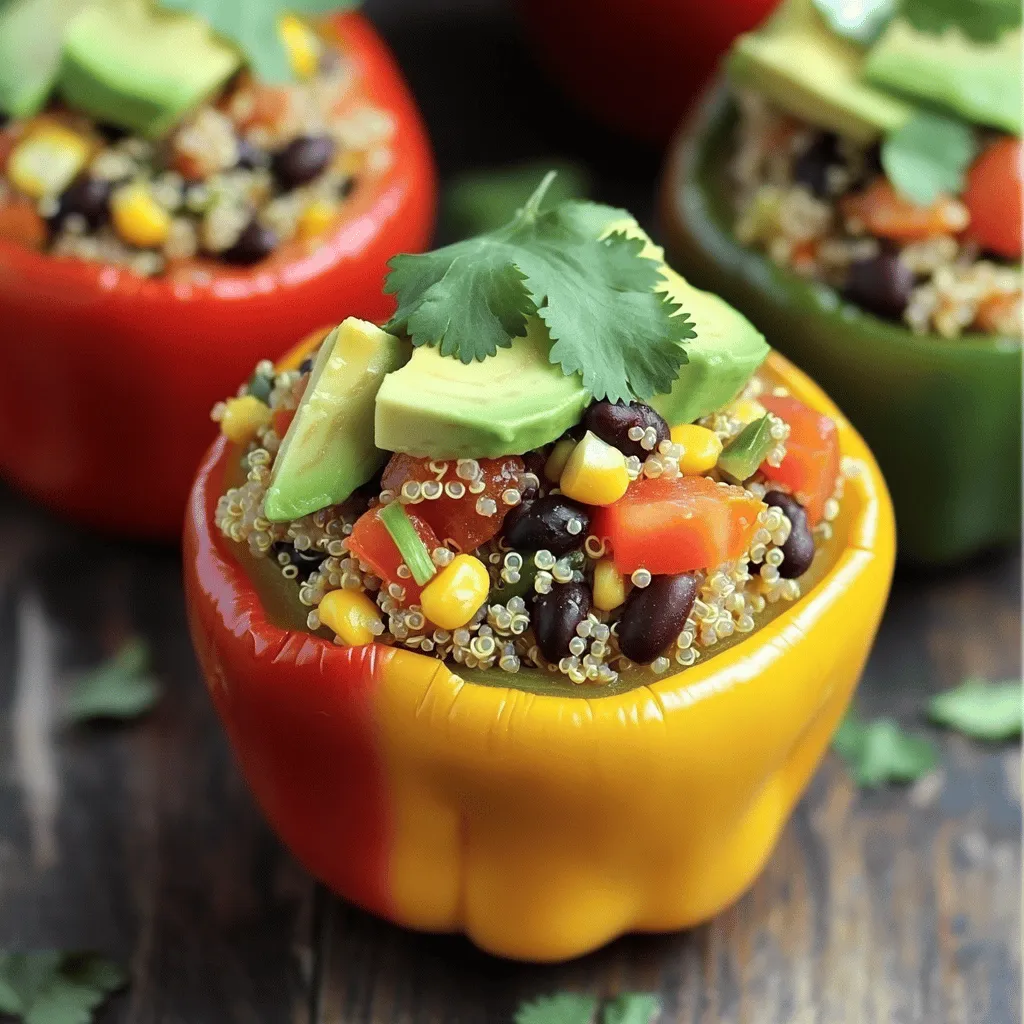 - 4 large bell peppers - 1 cup quinoa - 2 cups vegetable broth - 1 can black beans - 1 cup corn kernels - 1 cup diced tomatoes - 1 small red onion - 2 cloves garlic - 1 teaspoon ground cumin - 1 teaspoon smoked paprika - 1 tablespoon olive oil - Salt and black pepper to taste - Fresh cilantro - Slices of avocado - Baking dish - Medium saucepan - Large skillet For this tasty dish, you need a few key ingredients. Start with four large bell peppers. These will be your edible bowls. I like to use red, yellow, or green ones for color. You'll also need one cup of quinoa, a great source of protein. Quinoa cooks in vegetable broth for extra flavor. A can of black beans adds texture and protein. Corn kernels give sweetness and crunch. You should also grab diced tomatoes, a small red onion, and garlic. These add depth to the filling. Ground cumin and smoked paprika bring warmth and flavor. A little olive oil helps cook the onions and garlic. Don’t forget salt and black pepper for seasoning. If you want to elevate your dish, I suggest garnishing with fresh cilantro and slices of avocado. They add a nice touch and richness. For cooking, use a baking dish to hold the peppers upright. A medium saucepan will be needed to cook the quinoa. Finally, a large skillet is perfect for sautéing the onions and garlic. These tools will help you create a flavorful and filling meal. For the full recipe, check out the detailed instructions. Start by setting your oven to 375°F (190°C). This heat helps cook the peppers evenly. Next, take your bell peppers and carefully cut off the tops. Make sure to remove the seeds and white membranes inside. This step prevents bitterness. Once done, lightly brush the outside of each pepper with olive oil. This adds flavor and helps them brown nicely in the oven. Place the peppers upright in a baking dish. This keeps them stable while they bake. To cook the quinoa, first rinse it well under cold water. Rinsing removes the bitter coating called saponin. In a medium saucepan, mix the rinsed quinoa with 2 cups of vegetable broth. This broth gives the quinoa a rich flavor. Bring this mixture to a boil over medium-high heat. Once boiling, reduce the heat to low, cover, and let it simmer for 15-20 minutes. The quinoa is done when it absorbs all the liquid and looks fluffy. While the quinoa cooks, heat a tablespoon of olive oil in a large skillet over medium heat. Add in the diced red onion and sauté for about 3-4 minutes. You want the onions to become translucent. Then, add minced garlic, ground cumin, and smoked paprika. Cook this for one more minute. This step makes the kitchen smell amazing. Next, mix in the black beans, corn, diced tomatoes, and cooked quinoa. Stir everything well and season with salt and black pepper to taste. Let it cook for another 5 minutes until warmed through. Now it’s time to fill the peppers! Generously spoon the quinoa mixture into each pepper. Pack it in slightly so they are full and hearty. After filling, cover the baking dish with aluminum foil. This keeps the moisture in while baking. Place the covered dish in your preheated oven. Bake the stuffed peppers for 25 minutes. After that, carefully remove the foil. Let them bake for an additional 10 minutes. This step helps the tops get a nice color and texture. Once they are done, let them cool a bit before serving. You can garnish with fresh cilantro and avocado slices for extra flavor. For the full recipe, refer to the earlier sections. Enjoy your flavorful and filling vegan stuffed peppers! To make your vegan stuffed peppers burst with flavor, choose the right spices and herbs. Ground cumin adds warmth, while smoked paprika gives it a hint of smokiness. You can also try: - Oregano - Chili powder - Fresh basil Adding more vegetables enhances the taste and texture. Consider these options: - Diced zucchini - Chopped spinach - Shredded carrots Mixing in these vegetables not only improves flavor but also boosts nutrition. Evenly cooked quinoa is key for a great texture. Rinse the quinoa well before cooking. This removes bitterness and helps achieve a fluffy result. Use vegetable broth for added flavor. For the bell peppers, adjust their firmness based on your preference. If you like them soft, bake longer. If you want a bit of crunch, reduce the baking time. Remember, the goal is a balance of flavors and textures. Enjoy experimenting with different combinations! For the full recipe, check out the [Full Recipe]. {{image_4}} You can swap black beans for lentils or chickpeas. Lentils offer a soft texture and a mild flavor. They cook quickly, making them a great choice. Chickpeas add a nice bite and a nutty taste. If you're looking for grains, consider using brown rice or farro. Both options give a chewy texture that pairs well with peppers. To change the flavor, try adding different spices. Cumin and chili powder can bring warmth. For Italian-style, consider adding oregano and basil. For Mediterranean flair, use dill or za'atar. You can also mix in olives or sun-dried tomatoes for extra zest. Each change can create a whole new dish. If you need gluten-free options, use quinoa or rice as the base. Both are safe for gluten-free diets. For nut-free substitutions, skip any nuts in toppings. You can replace avocado with a rich tahini sauce. This keeps your dish creamy without any nuts. Enjoy these variations to suit your taste and needs! To keep your vegan stuffed peppers fresh, store leftovers in the fridge. Place them in an airtight container to prevent drying out. This way, you can enjoy them for up to 4 days. When you're ready to eat, reheat in the microwave or oven. For the microwave, heat on high for about 2-3 minutes. If using the oven, preheat to 350°F (175°C) and cover with foil to keep them moist. Bake for about 10-15 minutes until warm. If you want to save your stuffed peppers for longer, freezing is a great option. Let them cool completely before wrapping each pepper in plastic wrap. Then, place them in a freezer-safe bag or container. They can last up to 3 months in the freezer. To thaw, move them from the freezer to the fridge a day before you plan to eat them. This gradual thawing keeps them moist. When ready to reheat, follow the same steps as above for the oven or microwave. Enjoy your flavorsome meal anytime! For the full recipe, check the link. To kick up the heat, you can add jalapeños to your filling. Just chop them finely and mix them in with the other ingredients. If you like, you can also drizzle your stuffed peppers with hot sauce before serving. This adds a nice kick without changing the main flavors. Yes, you can make these peppers in advance. Prepare the filling and stuff the peppers a day before. Store them in the fridge until you are ready to bake. Just remember to cover them well to keep them fresh. When you are ready, bake them straight from the fridge. You may need to add a few extra minutes to the cooking time. These stuffed peppers pair well with a salad or some roasted veggies. You could serve them with a simple green salad drizzled with lemon vinaigrette. For something warm, try roasting zucchini or carrots. Both options add color and flavor to your meal. You can find more ideas in the Full Recipe. Vegan stuffed peppers are simple and tasty. We covered key ingredients, cooking steps, and tips for flavor. You can mix and match proteins, spices, and vegetables to fit your taste. Don't forget storage tips to keep leftovers fresh. Experiment with these ideas to make the dish your own. I'm excited for you to enjoy this healthy meal, and I hope you find joy in making it!