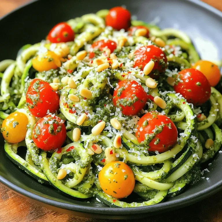 - 4 medium zucchinis, spiralized into noodles - 1 cup cherry tomatoes, halved - 1 cup fresh basil leaves - 1/4 cup pine nuts - 1/4 cup Parmesan cheese, grated (or use nutritional yeast for a vegan alternative) - 2 cloves garlic, minced - 1/4 cup olive oil, plus extra for sautéing - Salt and pepper, to taste - 1 tablespoon fresh lemon juice Zucchini is the star here. It’s low in carbs and full of nutrients. Spiralizing zucchini gives it a fun noodle shape. Cherry tomatoes add sweetness and color. Their juicy bite pairs well with the creamy pesto. Pesto is the heart of this dish. You blend fresh basil, pine nuts, garlic, lemon juice, and olive oil. The result? A rich, green sauce that bursts with flavor. You can use Parmesan cheese for a savory touch. Nutritional yeast works, too, for a vegan twist. - Crushed Red Pepper Flakes - Nutritional Yeast If you want heat, add crushed red pepper flakes. They give the dish a spicy kick. Nutritional yeast can enhance the flavor and is great for vegans. With these extras, you can customize your meal to fit your taste. For the full recipe, check out the details on how to bring this dish together! To make fresh pesto, gather your ingredients. You need basil leaves, pine nuts, Parmesan cheese, garlic, lemon juice, and salt. Place these in a food processor. Pulse until finely chopped. This process brings out the flavor. Next, add olive oil while the food processor runs. Slowly drizzle in the oil. This makes your pesto creamy. You may need to scrape down the sides a few times. After blending, taste your pesto. Adjust with more salt and pepper if needed. Now, let’s sauté the cherry tomatoes. Grab a large skillet and add a drizzle of olive oil. Heat it over medium heat. Add the halved cherry tomatoes and a pinch of salt. Sauté them for about 3-4 minutes. You want them to soften and release their juices. This step adds a sweet flavor to your dish. It’s time to cook the zucchini noodles. Carefully add them to the skillet with the tomatoes. Gently toss everything together. Cook for another 2-3 minutes. You want the noodles to be tender but still firm. Achieving the right texture is key for a great bite. Once cooked, remove the skillet from heat. Stir in the vibrant pesto until every noodle is coated. This last step marries all the flavors. For the complete recipe, refer to the [Full Recipe]. When choosing zucchini, look for ones that are firm and smooth. Avoid any that have soft spots or blemishes. Size matters too; aim for medium-sized zucchinis. They have a better taste and texture than larger ones. Freshness is key. The skin should be shiny and vibrant in color. You can swap out some ingredients in your pesto. Try walnuts or almonds instead of pine nuts. For a dairy-free option, use nutritional yeast instead of Parmesan cheese. To enhance flavor, add a squeeze of lemon juice or zest. A pinch of salt brightens the taste too. Zucchini noodles pair well with grilled chicken or shrimp for added protein. You can also serve them with whole grain pasta for a fun mix. For a lovely presentation, add a sprinkle of fresh basil on top. This makes the dish look vibrant and inviting. If you want some heat, add crushed red pepper flakes. For the full recipe, check out the Zesty Zucchini Noodles with Pesto & Cherry Tomatoes. {{image_4}} To make this dish vegan, we need to swap the cheese. Instead of Parmesan, use nutritional yeast. This gives a cheesy flavor without dairy. You can also try cashew cheese for a creamier texture. Blending soaked cashews with a bit of lemon juice and garlic makes a great choice. It adds richness and taste to your zucchini noodles. Want to add protein? Chicken and tofu both work well here. For chicken, grill or sauté it first. Then slice it and mix it in with the zucchini noodles. If you prefer tofu, choose firm tofu. Press it to remove extra water, then cube it. Sauté the cubes until golden. Toss them with the noodles and sauce for a hearty meal. You can change this dish based on the season. In summer, add bell peppers and corn for sweetness. In fall, try adding roasted butternut squash or kale. During winter, spinach and broccoli can add color and nutrients. Mix and match seasonal veggies to keep your dish fresh and exciting. This way, you enjoy different flavors all year round. For the full recipe, check out Zesty Zucchini Noodles with Pesto & Cherry Tomatoes. After you enjoy your zucchini noodles with pesto and cherry tomatoes, store any leftovers in an airtight container. Keep them in the fridge. They will stay fresh for about 3 days. To keep the texture nice, try to store the noodles and sauce separately. This way, they won't get too soggy. When it's time to enjoy your leftovers, reheat them gently. The best method is to use a skillet. Heat the skillet over medium heat. Add a splash of olive oil, then toss in your noodles and tomatoes. Stir for about 2-3 minutes until warm. Avoid high heat to keep the noodles from becoming mushy. Freezing zucchini noodles is a great way to save extra servings. To freeze them, first blanch the noodles. Boil water and cook the noodles for just 1-2 minutes. Then, quickly place them in ice water to stop cooking. Drain and pat dry. Place them in freezer bags, remove as much air as possible, and seal. They can last up to 2 months in the freezer. Zucchini noodles last about 3 to 5 days in the fridge. Store them in an airtight container. They may lose some texture over time. If they start to feel slimy or smell off, it's best to toss them. Freshness is key for taste and texture. Yes, you can use store-bought pesto. It saves time and can be very tasty. Check the ingredients for quality. Some store-bought options are too salty or oily. Making your own allows for better flavor control and freshness. Zucchini noodles pair well with many dishes. Here are some great options: - Grilled chicken or shrimp for protein. - A side salad for crunch. - Garlic bread for a classic touch. - Roasted vegetables for added color and flavor. These dishes enhance your meal and make it more filling. This post covered key ingredients and steps to make delicious zucchini noodles. We explored how to prepare homemade pesto, sautée cherry tomatoes, and cook zucchini for the best texture. I shared tips for selecting fresh zucchini and enhancing your pesto. You can even adapt this dish with protein or seasonal veggies. Remember to store leftovers properly and reheating them right for the best taste. Enjoy these tasty noodles any time, knowing you’ve made a healthy choice.