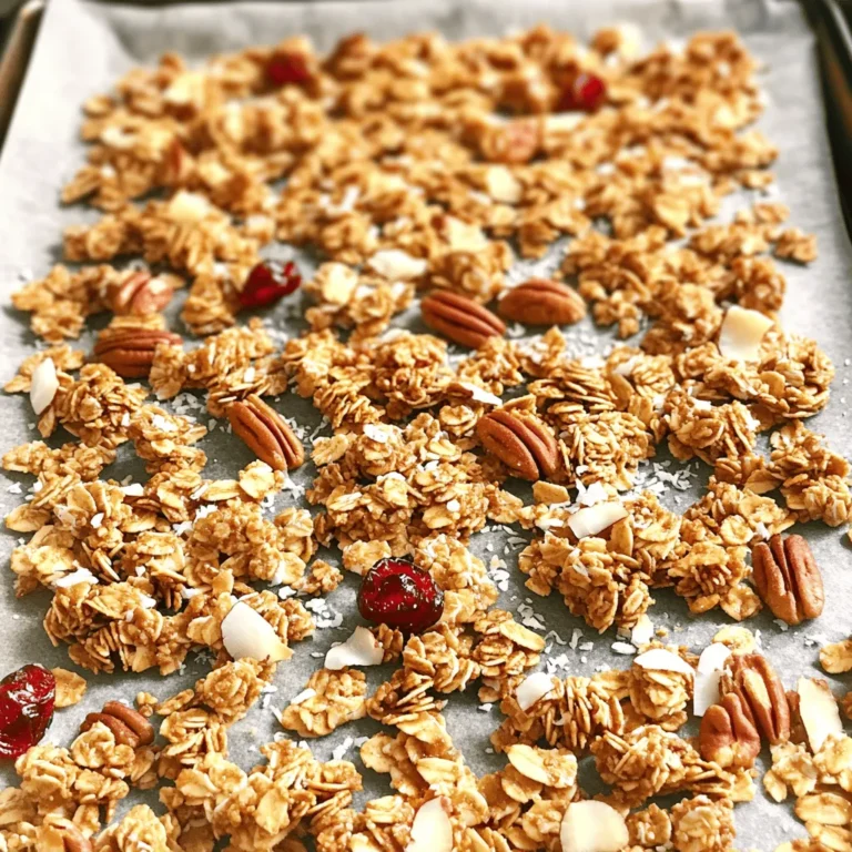 To make the best Maple Pecan Granola, you need the right ingredients. Each one plays a key role in flavor and texture. Here’s what you’ll need: - 2 cups old-fashioned rolled oats - 1 cup pecans, roughly chopped - ½ cup almond slices - ½ cup unsweetened shredded coconut - ½ teaspoon ground cinnamon - ½ teaspoon sea salt - ½ cup pure maple syrup - ¼ cup coconut oil, melted - ½ cup dried cranberries or raisins (optional) Each ingredient adds its charm to the mix. Old-fashioned rolled oats give that crunchy base. Pecan nuts bring a rich, buttery taste. Almond slices add a nice crunch, while shredded coconut offers a sweet hint. Ground cinnamon and sea salt balance the flavors perfectly. The pure maple syrup and melted coconut oil work together to coat everything nicely. You can also toss in dried cranberries or raisins for a sweet touch. This granola is not just a snack; it’s a delightful treat. You can find the full recipe above. Enjoy making this tasty Maple Pecan Granola! 1. Preheat oven and prepare baking sheet Start by preheating your oven to 300°F (150°C). Line a large baking sheet with parchment paper. This helps prevent sticking and makes cleanup easy. 2. Mix dry ingredients in a large bowl In a large bowl, combine 2 cups of rolled oats, 1 cup of chopped pecans, ½ cup of almond slices, and ½ cup of shredded coconut. Add ½ teaspoon of ground cinnamon and ½ teaspoon of sea salt. Stir them well to mix. 3. Combine maple syrup and coconut oil In a small bowl, whisk together ½ cup of pure maple syrup and ¼ cup of melted coconut oil. This mix adds a rich sweetness to your granola. 4. Coat dry ingredients with wet mixture Pour the maple syrup and coconut oil mix over the dry ingredients. Use a spatula to stir until all the dry ingredients are coated. This step is key for flavor. 5. Spread and press granola on the baking sheet Spread the granola mixture evenly on the prepared baking sheet. Press it down gently to form clumps. This helps create the crunchy clusters we all love. 6. Bake and stir granola halfway through Bake the granola for 25-30 minutes. Make sure to stir it halfway through. This ensures even browning and crispiness. 7. Cool and fold in dried fruits After baking, remove the granola from the oven. Let it cool completely on the baking sheet. As it cools, it will get crisp. If you want, fold in ½ cup of dried cranberries or raisins for added sweetness. 8. Store granola in an airtight container Once cooled, transfer the granola to an airtight container. Store it at room temperature. It stays fresh for up to two weeks. Enjoy it at breakfast or as a snack. For the complete recipe, check the [Full Recipe]. To get crunchy clusters in your granola, press the mix down on the baking sheet. This helps it bake into clusters, which are fun to eat. Stir the granola halfway through baking to ensure even cooking. If you want to switch up sweeteners, you can use honey or agave syrup. Both add a nice taste without changing the texture. You can also mix maple syrup with brown sugar for a richer flavor. For flavor variations, try adding spices. A touch of nutmeg or ginger can spice things up. You can also play with the amount of cinnamon for a sweeter or spicier taste. Each adjustment can change the whole profile of your granola. Using these tips, you can master your Maple Pecan Granola. Check out the Full Recipe for more details! {{image_4}} You can easily change this recipe to fit your taste. Start by adding more nuts and seeds. Try walnuts, sunflower seeds, or pumpkin seeds. Each nut gives a unique flavor and texture. Mix and match to find your favorite combo. Next, think about different dried fruits. You can use raisins, apricots, or even mango. Each fruit adds a nice sweetness. You can also add chocolate chips for a treat! Flavoring your granola is also fun. Adding a splash of vanilla or almond extract boosts the taste. Just a little goes a long way. You can experiment with spices, too. Nutmeg or ginger can give your granola a warm touch. Feel free to check the Full Recipe to find the base you can build on. To keep your maple pecan granola fresh, store it in an airtight container. This helps prevent moisture and keeps it crunchy. I like to use glass jars or plastic containers with tight lids. Homemade granola lasts about two weeks at room temperature. If you want it to stay fresh longer, try freezing it. Just place the granola in a freezer-safe bag or container. It can last up to three months in the freezer. When you're ready to eat it, just take out what you need and let it thaw. This way, you always have a tasty snack on hand. For the full recipe, check out the earlier section. Enjoy your granola! Yes, you can make granola without nuts. Just swap nuts for seeds like pumpkin or sunflower seeds. You can also add more oats or coconut for texture. I love serving Maple Pecan Granola with yogurt or milk. You can also enjoy it as a snack on its own. Add some fresh fruit for a tasty breakfast. To modify for dietary needs, use gluten-free oats if you're gluten-free. For a vegan option, replace honey with maple syrup. You can also skip the coconut oil for a nut-free version. You can use quick oats, but the texture will change. Quick oats will make a softer granola, while rolled oats create a crunchier texture. I recommend sticking with rolled oats for the best results. Yes, Maple Pecan Granola can be healthy. It has whole grains from oats and healthy fats from nuts. It’s also low in added sugars if you control the maple syrup amount. Enjoy it in moderation as part of a balanced diet. You can find the full recipe for Maple Pecan Granola above. Making your own Maple Pecan Granola is simple and fun. We covered ingredients to get you started, like oats, nuts, and maple syrup. The step-by-step instructions show how to mix and bake it. Use tips to get crunchy clusters and try different flavor options. Store it properly for freshness, and don’t forget the ways to customize it. You can enjoy this tasty snack anytime. With these easy steps, you’ll create a delicious treat that adds great flavor to your day.
