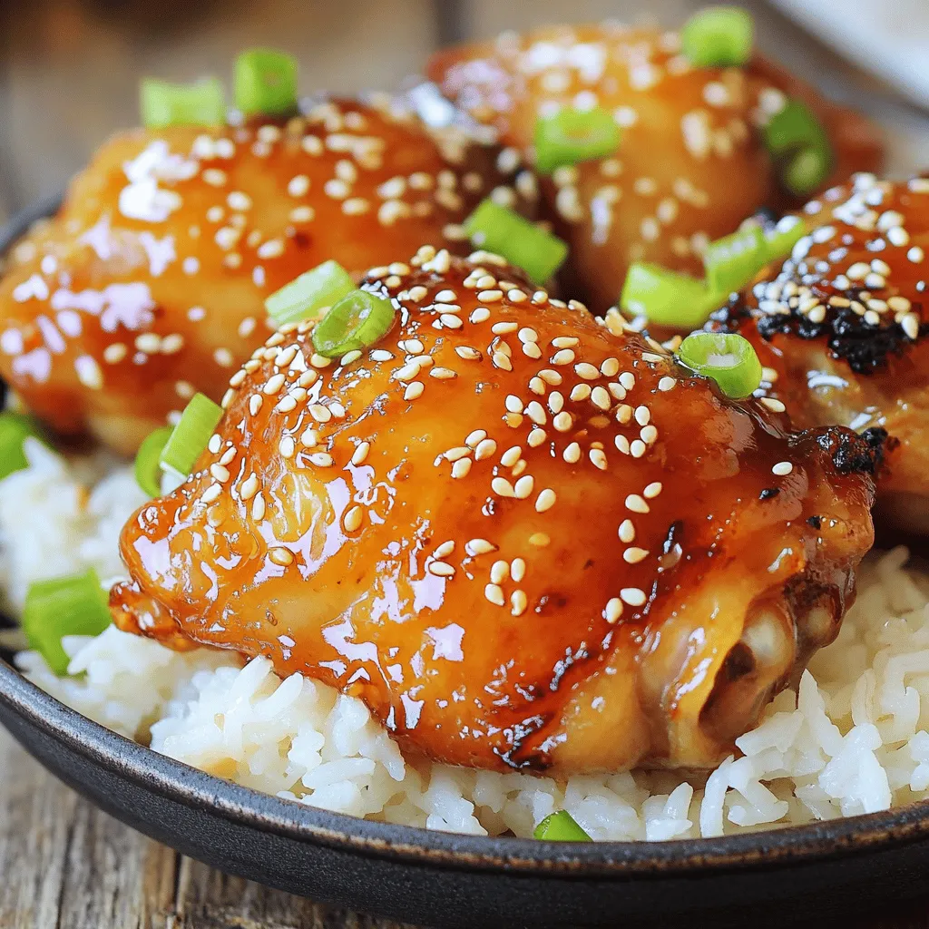 - Chicken: 4 boneless, skinless chicken thighs - Marinade Components: 1/4 cup honey, 4 cloves garlic, 2 tablespoons soy sauce - Additional Flavorings: 1 tablespoon olive oil, 1 teaspoon ginger, salt, and pepper - Garnishes: Sesame seeds, green onions - Serving Suggestions: Steamed rice or vegetables To make Simple Honey Garlic Chicken, gather these fresh ingredients. Start with the chicken thighs. They are juicy and cook well with the sweet and savory flavors. You need honey for sweetness and garlic for a strong taste. Soy sauce adds saltiness. Olive oil helps keep the chicken moist. Ginger gives a nice zing. Don’t forget to season with salt and pepper. These are essential! For garnishes, use sesame seeds and green onions to add color and texture. Lastly, serve it with steamed rice or bright veggies for a complete meal. This dish is easy. All these ingredients come together to create a tasty weeknight meal. You can find the Full Recipe in the article for more detailed steps. Enjoy cooking! Start by making the marinade. In a medium bowl, combine honey, minced garlic, soy sauce, olive oil, and grated ginger. Whisk these ingredients together until they blend well. This simple mixture creates a sweet and savory flavor that makes your chicken shine. Next, take the chicken thighs and coat them in the marinade. You can use a large resealable bag or a shallow dish for this part. Make sure each piece is well covered. Seal the bag or cover the dish, then refrigerate it for at least 30 minutes. This step is key for infusing flavor into the chicken. Now it’s time for baking. Preheat your oven to 400°F (200°C). While the oven heats up, you can line a baking sheet with parchment paper. This makes cleanup easier. After marinating, remove the chicken from the bag or dish. Place the chicken thighs on the baking sheet in a single layer. Lightly season the chicken with salt and pepper. Bake for 20 to 25 minutes, until the chicken is cooked through and reaches an internal temperature of 165°F (75°C). While the chicken bakes, take the reserved marinade and pour it into a small saucepan. Heat it over medium heat until it boils. Once boiling, lower the heat and let it simmer. Cook it for about five minutes until the sauce thickens. This sauce will add a delicious finish to your chicken. For the full recipe, visit the Honey Garlic Chicken Delight section. To make your honey garlic chicken stand out, marinate it for at least 30 minutes. However, if you have more time, go for 4 hours. This longer marinating time allows the flavors to soak in. The ideal internal temperature for chicken is 165°F (75°C). Use a meat thermometer to ensure it is safe to eat. One common mistake is skipping the marination process. This step is vital for flavor. Without it, your chicken may taste bland. Another mistake is overbaking the chicken. If you leave it in too long, it can dry out. Keep an eye on it during baking. You can add extra ingredients to boost the flavor. Consider chili flakes for heat or sesame oil for a nutty taste. For sides, serve the chicken with steamed rice or seasonal vegetables. These pair well and make your meal balanced. For the full recipe, check out the complete guide above. {{image_4}} You can easily spice up your honey garlic chicken. To do this, add chili flakes or a few drops of hot sauce to the marinade. This will give the dish a nice kick. I love using about a teaspoon of chili flakes for a good balance. If you like it hotter, feel free to add more! If you plan to serve more people, you can adjust the recipe. Simply multiply the ingredient amounts by the number of servings you need. For example, if you want to serve eight, double the honey, garlic, and chicken. This way, everyone gets to enjoy the sweet and savory flavor. Just make sure to cook the chicken in batches if your oven cannot fit it all at once. You can swap chicken thighs for other proteins. Chicken breasts work well too. They cook faster and are leaner. If you prefer a meat-free option, try tofu. Press and cube the tofu before marinating. This allows the flavors to soak in. Both options will still give you that great honey garlic taste. For the full recipe, check out the link to guide you through the cooking process. To keep your honey garlic chicken fresh, store it in an airtight container. Let it cool down first. Place it in the fridge. It will stay good for up to three days. Be sure to label the container with the date. This way, you know when to eat it. You can freeze honey garlic chicken for later. Wrap each piece tightly in plastic wrap. Then, place them in a freezer bag. Remove as much air as you can. This helps to prevent freezer burn. It can last for up to three months in the freezer. When you’re ready to eat, thaw it in the fridge overnight. To reheat your honey garlic chicken, use a few simple methods. The microwave is quick. Place the chicken on a plate. Cover it with a damp paper towel to keep it moist. Heat in short bursts of 30 seconds. Stir or flip it to heat evenly. You can also use the oven. Preheat it to 350°F (175°C). Place the chicken in a baking dish, cover it with foil, and heat for about 15-20 minutes. This keeps the chicken juicy and tasty. For a crispy finish, uncover it for the last few minutes. For more tips on making this dish, check out the Full Recipe. You can serve honey garlic chicken with many tasty sides. Here are some great options: - Steamed rice - Roasted vegetables - Stir-fried broccoli - Mashed potatoes - Quinoa salad These sides add flavor and help balance the sweetness of the chicken. Enjoy mixing and matching to find your favorite pairings! Yes, you can swap honey for other sweeteners. Some good options include: - Maple syrup - Agave nectar - Brown sugar Each sweetener will change the taste a little. Maple syrup gives a nice flavor, while agave nectar is milder. Use what you have on hand! You can keep honey garlic chicken in the fridge for up to four days. Store it in an airtight container. This keeps the chicken fresh and tasty. Make sure it cools down before you store it! Absolutely! This recipe is perfect for meal prep. You can make a big batch and store it in portions. Just follow these tips: - Marinate chicken on the weekend. - Cook enough for the week. - Store in airtight containers. This way, you will have easy meals ready to go! Yes, grilling is a great option! To grill the chicken, follow these steps: - Preheat your grill to medium-high heat. - Grill chicken for about 6-7 minutes per side. - Check that it reaches 165°F (75°C) inside. Grilling adds a nice smoky flavor. Just be sure to watch it closely so it doesn’t burn! For the full recipe, visit the section above. In this guide, I shared how to make simple honey garlic chicken. We covered the needed ingredients, step-by-step instructions, and tips for a perfect dish. Remember to marinate the chicken for the best taste and avoid overbaking it. You can also try variations like adding spice or using different proteins. Store leftovers properly and enjoy them later. This dish is easy and fun to make, making it a great option for meals. Get ready to impress your friends and family with this tasty recipe!