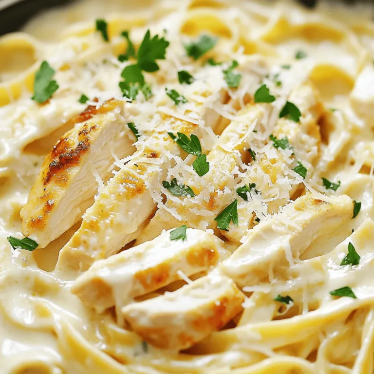 To make Easy Chicken Fettuccine Alfredo, you need a few key ingredients: - 12 oz fettuccine pasta - 2 tablespoons extra-virgin olive oil - 1 lb boneless, skinless chicken breasts, thinly sliced - 2 cloves garlic, finely minced - 1 cup heavy cream - 1 cup freshly grated Parmesan cheese - 1 teaspoon garlic powder - 1 teaspoon Italian seasoning blend - Salt and freshly ground black pepper to taste - Fresh parsley, chopped, for garnish These ingredients come together to create a creamy and satisfying dish. If you can’t find certain ingredients, don’t worry! There are great substitutes. - You can swap fettuccine for any pasta you like, such as penne or spaghetti. - If you don’t have olive oil, use butter or canola oil. - For a lighter option, use chicken thighs instead of breasts. - You can replace heavy cream with half-and-half or a non-dairy cream if needed. - Grated Pecorino Romano cheese works well instead of Parmesan. These swaps can still give you a tasty meal. Choosing fresh ingredients makes a big difference. Here are some tips: - Look for fettuccine that feels firm and has no broken pieces. - Choose chicken breasts that are pink and moist, with no strong odor. - Garlic should be firm and free from sprouting. - For heavy cream, check the expiration date and avoid containers with damage. - When buying cheese, opt for blocks over pre-grated for better flavor. Fresh ingredients boost both taste and nutrition in your dish. Start by boiling water in a large pot. Add salt to the water. This helps flavor the pasta. Once the water boils, add the fettuccine. Cook it for about 8 to 10 minutes until it's al dente. This means it should be firm to the bite. After cooking, drain the pasta but save 1/2 cup of the water. Set the pasta aside for later. While the pasta cooks, grab a large skillet. Heat 2 tablespoons of olive oil over medium heat. Add the thinly sliced chicken breasts to the skillet. Season with salt, pepper, garlic powder, and Italian seasoning. Cook the chicken for about 5 to 7 minutes. Make sure to turn the pieces until they turn golden brown. When done, take the chicken off the heat and place it on a plate. In the same skillet, add the minced garlic. Sauté it for about 1 minute until it smells good. Be careful not to burn the garlic. Next, pour in 1 cup of heavy cream. Bring it to a gentle simmer. Lower the heat and stir in 1 cup of grated Parmesan cheese. Keep stirring until the cheese melts and the sauce thickens a little. Now, add the cooked fettuccine and sautéed chicken back into the skillet. Toss everything together so the pasta and chicken are well-coated with the sauce. If the sauce seems too thick, add a bit of the reserved pasta water. Keep adding until it looks just right. Taste your creamy Alfredo mixture. Adjust the seasoning as needed with more salt and pepper. Once perfect, serve the fettuccine warm. Garnish with chopped parsley for a fresh look. Enjoy your delicious meal. For the full recipe, check the link. To boost the flavor of your chicken fettuccine Alfredo, use fresh herbs. Fresh parsley adds brightness. You can also try adding a squeeze of lemon juice. This adds a nice zing. For a deeper flavor, consider using roasted garlic instead of fresh garlic. It gives a sweet, rich taste. One common mistake is overcooking the pasta. Always cook it until al dente. This keeps it firm and helps it hold the sauce better. Another mistake is not letting the sauce simmer long enough. Letting it simmer helps the cheese melt smoothly and thickens the sauce. Also, avoid rushing the seasoning. Always taste before adding more salt and pepper. For quick meals, use pre-cooked chicken. You can find it in most stores. It cuts down on cooking time. Another tip is to prep your ingredients before you start cooking. Chop your garlic and parsley ahead of time. Lastly, consider using a microwave to quickly heat cream. This helps it blend into the sauce better. For a complete guide, check out the [Full Recipe](#). {{image_4}} You can easily make a vegetarian version of this dish. Swap out the chicken for mushrooms or broccoli. Both add great flavor and texture. Use the same steps in the recipe. Simply sauté the veggies until tender. This keeps the dish creamy and delightful. For a gluten-free meal, choose gluten-free fettuccine pasta. Many brands offer tasty options made from rice or corn. Cook it just like regular pasta. The sauce remains the same. This way, you enjoy the creamy goodness without the gluten. Feel free to get creative by adding more veggies. Spinach, peas, or bell peppers work great. For extra protein, toss in shrimp or scallops. Cook them until just done before mixing with the pasta and sauce. This adds color and nutrition to your dish. To keep your fettuccine Alfredo fresh, place it in an airtight container. Make sure it cools down first before sealing. Store it in the fridge for up to three days. If you notice any signs of spoilage, it's best to toss it out. When you are ready to eat your leftovers, place them in a pan. Add a splash of water or milk to keep it creamy. Heat it over low heat, stirring often. You can also microwave it in short bursts, stirring in between, until it's warm. If you want to freeze the dish, use a freezer-safe container. It can last for up to two months in the freezer. When you want to eat it, let it thaw in the fridge overnight. Reheat it gently as mentioned above. For a detailed guide on making this dish, check out the Full Recipe. Yes, you can use store-bought sauce. It saves time and is still tasty. Just heat it in a skillet before adding the cooked fettuccine and chicken. This way, you get a quick meal on the table. If you want to add a personal touch, mix in some fresh garlic or herbs. If you want a lighter option, try using half-and-half or whole milk. You can also use a mix of milk and butter. For a non-dairy choice, coconut cream or cashew cream works well. Each option changes the flavor slightly, but they still pair well with the dish. Making this dish takes about 30 minutes. You spend about 10 minutes prepping and cooking the pasta and chicken. The rest of the time is for making the sauce and combining everything. It’s fast, easy, and perfect for a weeknight dinner. For the full recipe, check out the section above. It has all the ingredients and steps you need for a delicious meal. Easy Chicken Fettuccine Alfredo is a tasty dish you can cook quickly. We covered key ingredients, simple steps, and great tips. You learned how to choose fresh items and avoid common mistakes. Plus, various options like vegetarian and gluten-free were discussed. In the end, making this meal can be fun and rewarding. Don’t be afraid to try your own twists. Enjoy your cooking!