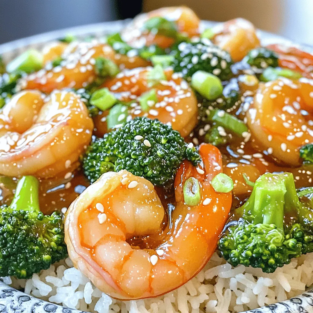- 1 lb large shrimp, peeled and deveined - 2 cups broccoli florets - 3 tablespoons honey - 4 cloves garlic, minced - 2 tablespoons low sodium soy sauce - 1 tablespoon sesame oil - 1 tablespoon olive oil - 1 teaspoon grated fresh ginger - Salt and pepper, to taste - 2 green onions, sliced (for garnish) - Sesame seeds (for garnish) I love using fresh ingredients for this dish. The shrimp should be large and juicy. Broccoli adds a crunchy texture and vibrant color. The honey gives a sweet touch, while garlic brings depth. Together, these ingredients create a balance of flavors. For the sauce, mix honey with soy sauce, garlic, sesame oil, and ginger. This blend makes a tasty glaze that sticks to the shrimp. The salty soy sauce and sweet honey work well together. Using low sodium soy sauce helps keep the dish light. Sesame oil adds a nutty flavor, enhancing the overall taste. Olive oil is perfect for cooking the broccoli and shrimp. When preparing the dish, remember to season with salt and pepper. It brings out the natural flavors of each ingredient. Green onions and sesame seeds make great garnishes. They add color and a nice crunch to the meal. For the full recipe, check out the detailed instructions that follow. Enjoy making this Honey Garlic Shrimp and Broccoli! Start by whisking together honey, soy sauce, minced garlic, sesame oil, and grated ginger in a medium bowl. This sauce is the heart of the dish. It brings all the flavors together. Let it sit for a few minutes so the flavors can mix well. Next, heat olive oil in a large skillet over medium-high heat. When the oil shimmers, add the broccoli florets. Sauté them for about 3-4 minutes. You want them to turn bright green and be tender-crisp. Once they are ready, take them out of the skillet and set them aside on a plate. Now, it’s time for the shrimp. Add them to the same skillet. Lightly season the shrimp with salt and pepper. Cook them for about 2-3 minutes on each side. Watch closely as they turn pink and opaque. This means they are cooked through. Lower the heat to medium and pour the honey garlic sauce over the shrimp in the skillet. Gently toss the shrimp to coat them evenly. Let it simmer for 2-3 minutes. This will help the sauce thicken a bit and create a sticky glaze on the shrimp. Finally, add the sautéed broccoli back to the skillet. Toss everything together gently for one more minute to warm the broccoli. Remove the skillet from the heat. Transfer the shrimp and broccoli to a serving platter. For a lovely finish, garnish with sliced green onions and a sprinkle of sesame seeds. You can find the full recipe above to guide you through it all. Enjoy your meal! To avoid overcooking shrimp, keep a close eye on them. Cook shrimp for about 2-3 minutes on each side. They should turn pink and opaque when done. Remove them from the heat right when they are fully cooked. High heat is key for sautéing. It helps to get that perfect sear and keeps the shrimp juicy. Use a large skillet to give them space. This way, they cook evenly without steaming. Want some heat? Add chili flakes for a spicy kick. Just a pinch can change the dish. Adjust the amount to your liking. For a zesty flavor, try lime juice. Squeeze it over the dish before serving. This adds brightness and balances the sweetness from the honey. Pair Honey Garlic Shrimp and Broccoli with fluffy jasmine rice or quinoa. These sides soak up the sauce well and add texture. For presentation, serve the dish on a large platter. Arrange the shrimp and broccoli nicely. Drizzle leftover sauce over the top. Sprinkle sliced green onions and sesame seeds for that final touch. You can even add lemon wedges on the side for a pop of color. For the full recipe, check out the Honey Garlic Shrimp & Broccoli Delight. {{image_4}} For those who need gluten-free meals, look for gluten-free soy sauce. This option lets you enjoy the same great taste without the gluten. If you prefer a vegan dish, swap shrimp for tofu. Tofu absorbs flavors well and gives a nice texture to the meal. You can switch out broccoli for asparagus or bell peppers. Both vegetables add a fresh crunch and color to the dish. If you want a different sweetness, try using maple syrup instead of honey. This gives a unique twist while still keeping that sweet flavor. Add some Asian spices for a fun twist. A pinch of five-spice powder can elevate the dish with warmth. You can also use local ingredients for a regional flair. For example, fresh herbs or seasonal vegetables can change the dish while keeping it delicious. Discover the full recipe to explore more about how to create this meal. After making honey garlic shrimp and broccoli, you may have some leftovers. Store them in airtight containers. This keeps the shrimp and broccoli fresh. Place the dish in the fridge within two hours of cooking. It stays good for up to three days. Make sure to cool it down before sealing. This helps prevent condensation and sogginess. If you want to save it for later, freezing is a great option. Use freezer-safe containers or bags. Make sure to remove as much air as possible. This prevents freezer burn. You can freeze honey garlic shrimp and broccoli for up to three months. When you're ready to eat, thaw it overnight in the fridge. This keeps the flavors intact. Reheating should be done carefully to keep the dish tasty. The best way is to use a skillet. Heat a bit of oil on medium heat. Add the shrimp and broccoli, stirring gently. This method warms the dish evenly without losing texture. You can also use the microwave. Just cover the dish and heat it in short bursts. Stir in between to avoid hot spots. Yes, you can use frozen shrimp. Just thaw them first. Place them in a bowl of cold water for about 15-20 minutes. This helps them defrost quickly. After thawing, pat them dry with a paper towel. This step prevents excess water in your dish. Cook them as you would fresh shrimp. Honey garlic shrimp lasts about 3-4 days in the fridge. Store it in an airtight container. Make sure it cools to room temperature before sealing. This helps keep the shrimp fresh. For best flavor, eat it within the first few days. You can serve Honey Garlic Shrimp and Broccoli with several sides, such as: - Jasmine rice - Quinoa - Steamed rice - Stir-fried vegetables - Noodles These sides complement the flavors and add variety to your meal. To make the sauce thicker, use a few simple tricks: - Simmer the sauce longer to reduce it. - Mix a cornstarch slurry with water. Add it to the sauce and stir well. - Use less liquid in the sauce before cooking. These methods help you achieve the thickness you want for your dish. For the full recipe, check out the Honey Garlic Shrimp & Broccoli Delight. You learned how to make Honey Garlic Shrimp and Broccoli today. We discussed key ingredients, from shrimp to broccoli, and how they work together. I showed you step-by-step instructions for preparing the sauce and cooking the dish. Remember the tips for avoiding overcooked shrimp and how to enhance flavors. There are variation options for dietary needs and ingredient substitutes. Proper storage and reheating methods keep your meal fresh. With this guide, you can create a delicious meal for yourself or family. Enjoy your cooking!
