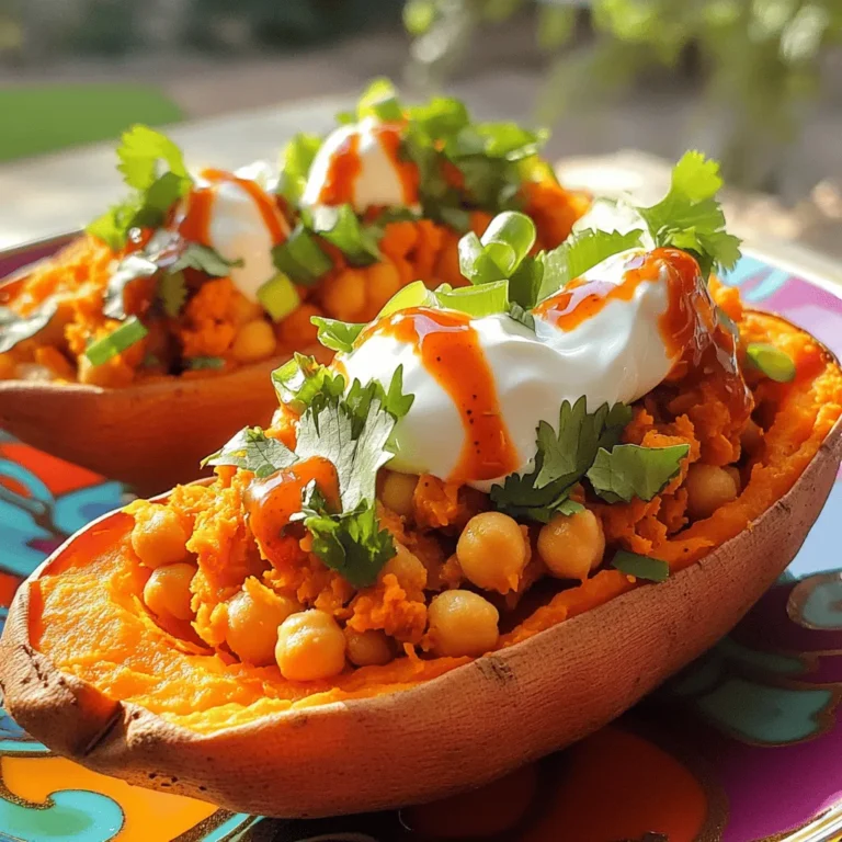 - 4 medium sweet potatoes - 1 can chickpeas (15 oz), drained and rinsed - 1/2 cup buffalo sauce - 1 tablespoon olive oil - 1 teaspoon garlic powder - 1 teaspoon onion powder - Salt and pepper to taste - 1/2 cup Greek yogurt or dairy-free yogurt - 1 green onion, finely sliced - Fresh cilantro, chopped (optional) In this recipe, you need a few simple ingredients to create a flavorful meal. Sweet potatoes are the star here. They add a sweet and creamy base. Chickpeas give protein and a nice crunch. The buffalo sauce brings heat and tang. Olive oil helps blend the flavors. For spices, garlic powder and onion powder add depth. Salt and pepper enhance all the tastes. Finally, you can top with Greek yogurt for creaminess. Use green onions for a fresh bite. If you like, add cilantro for a pop of color and flavor. This combination makes a tasty dish! For the full recipe, check the instructions. - Preheat the oven to 400°F (200°C). - Rinse the sweet potatoes under cool water. Use a fork to poke several holes in each potato. This step allows steam to escape while they bake. - Place the sweet potatoes on a baking sheet. Bake them for 45-50 minutes. They are ready when a fork easily pierces the flesh. - In a medium bowl, mash the drained chickpeas with a fork. Leave some whole for texture. - Add buffalo sauce, olive oil, garlic powder, onion powder, salt, and pepper. Stir until well mixed. - If the sweet potato pockets are too shallow, scoop out a bit of flesh to make more room. Mix this into the chickpea filling for extra flavor. These steps create a fun and tasty dish. The sweet potatoes and chickpeas blend well together. For the full recipe, check the section above. To get the perfect texture for sweet potatoes, start by picking medium-sized ones. They should feel firm and smooth. Rinse them well and poke holes using a fork. This helps steam escape as they bake. Bake them at 400°F for 45-50 minutes. They are done when a fork goes in easily. For the chickpea mixture, balance flavors by adjusting the buffalo sauce. Start with half a cup. If you like it spicier, add more sauce later. Mix in olive oil, garlic powder, onion powder, salt, and pepper. Taste the mix before stuffing. You want a bold but balanced flavor. Pair these stuffed sweet potatoes with a fresh salad. A crisp green salad with lemon dressing adds a nice touch. You can also serve them with a side of roasted veggies. They add color and crunch. For a creative look, use a colorful plate. Drizzle extra buffalo sauce on top. Add chopped green onion and cilantro for a pop of color. This makes your dish not just tasty but also beautiful. You can make these stuffed sweet potatoes ahead of time. Bake them, then let them cool. Store them in the fridge for up to three days. When ready to eat, reheat in the oven at 350°F for 15-20 minutes. For quick toppings, consider using other sauces or fresh herbs. Try ranch dressing or a squeeze of lime. These add fun flavors on the fly. If you're short on time, skip the toppings or use store-bought yogurt. Check out the Full Recipe for more details! {{image_4}} You can easily make this dish vegan and gluten-free. Simply use a dairy-free yogurt for the topping. Chickpeas are naturally gluten-free, so they fit right in. If you want more protein, try adding lentils or quinoa to the filling. Both options boost nutrition without losing flavor. If you love heat, add more hot sauce to the chickpea mixture. You can also try different sauces. A barbecue sauce can give a sweet twist. For a tangy flavor, use ranch dressing as a topping. Mixing in spices like cumin or smoked paprika can change up the taste too. You don’t have to stick to chickpeas. Black beans or kidney beans work well too. If you want a different kind of sweet potato, try purple or even Japanese sweet potatoes. They offer unique flavors and colors to make your dish pop. For the full recipe, check out the Full Recipe section. To keep your stuffed sweet potatoes fresh, store them in the fridge. Wrap each stuffed potato in plastic wrap or place them in an airtight container. This helps them stay moist and flavorful. If you want to freeze them, do so before baking. Place the uncooked stuffed sweet potatoes on a baking sheet. Once they freeze, transfer them to a freezer-safe bag. They can stay fresh for up to three months. When you’re ready to eat, reheating is key. For the best texture, use the oven. Preheat it to 350°F (175°C). Place the stuffed sweet potatoes on a baking sheet. Heat them for about 15-20 minutes, or until warm. You can also use a microwave, but this may make them a bit soggy. If using the microwave, heat them for about 2-3 minutes on high. Leftover stuffed sweet potatoes last about 3-5 days in the fridge. Look for signs of spoilage, like a sour smell or soft spots on the sweet potatoes. If you see any mold, it's best to throw them away. Enjoy your meal prep and keep it safe! For the full recipe, check out the details I shared earlier. Can I make Buffalo Chickpea Stuffed Sweet Potatoes in advance? Yes, you can prepare these stuffed sweet potatoes ahead of time. Bake the sweet potatoes and prepare the chickpea filling. Store them separately in the fridge for up to two days. Just reheat them before serving. What can I serve with stuffed sweet potatoes? These stuffed sweet potatoes pair well with a fresh salad, steamed veggies, or a side of quinoa. For a heartier meal, serve with grilled chicken or tofu. You can also enjoy them with a tangy slaw for added crunch. How do I adjust the spiciness of the buffalo sauce? To adjust spiciness, add more or less buffalo sauce to your chickpea mix. If you want less heat, use a mild sauce or mix in some Greek yogurt into the filling. For more heat, add a dash of hot sauce or cayenne pepper. Are Buffalo Chickpea Stuffed Sweet Potatoes healthy? Yes, they are quite healthy. Sweet potatoes are packed with vitamins A and C. Chickpeas add protein and fiber, making this dish filling and nutritious. This meal is great for a balanced diet. What is the calorie count per serving? Each serving has about 300-350 calories, depending on the toppings you choose. This count includes healthy fats from olive oil and yogurt. Adjust toppings to fit your dietary needs. Can I microwave the sweet potatoes instead of baking them? Yes, you can microwave them! Poke holes in the sweet potatoes and cook for 5-10 minutes until soft. This method saves time but may not give the same depth of flavor as baking. What's the best way to mash chickpeas for this recipe? Use a fork to mash the chickpeas in a bowl. Leave some whole for texture. You can also use a potato masher for a smoother mix. Just don’t overdo it; you want some chunks in the filling. For the complete recipe, check out the Full Recipe. Buffalo Chickpea Stuffed Sweet Potatoes combine healthy ingredients and tasty spices. You learned how to prepare and cook sweet potatoes, mix chickpeas with buffalo sauce, and season them for the perfect filling. I shared tips for serving and storing, plus fun variations to keep meals exciting. These stuffed sweet potatoes are easy to make and great for any meal. Enjoy making them your own with different flavors and toppings. Get ready to impress your friends and family with this delicious dish!