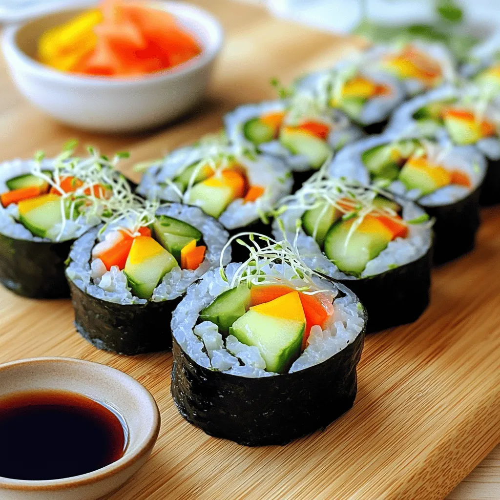 - 1 cup sushi rice - 1 1/4 cups water - 4 sheets of nori (seaweed) - 1 ripe avocado, thinly sliced - 1 medium cucumber, julienned - 1 medium carrot, julienned - 1 small bell pepper (your choice of color), cut into thin strips - 1/2 cup fresh sprouts (such as alfalfa or radish sprouts) - 2 tablespoons rice vinegar - 1 tablespoon granulated sugar - 1 teaspoon sea salt - Soy sauce for serving These ingredients create a fresh and tasty veggie sushi roll. I love mixing flavors and colors. Each veggie adds its own crunch and taste. The nori wraps everything together, giving you that classic sushi feel. Don't forget the soy sauce! It adds a nice salty touch. For a full recipe, check out the detailed steps in the Full Recipe section. Now, let's dive into how to make these delicious rolls from scratch! Now you know the key ingredients and steps to make sushi at home. You learned how to prepare sushi rice, assemble rolls, and avoid common mistakes. Try different veggies and sushi styles to keep it fun. Store leftovers properly so they stay fresh. I hope this guide makes sushi-making easier and enjoyable for you. Dive in, start rolling, and share your creations with friends and family!