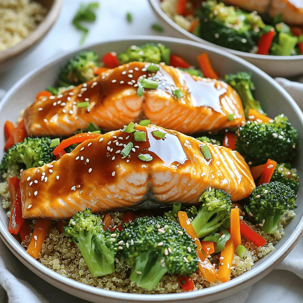 - 4 salmon fillets (approximately 6 ounces each) - 1 cup quinoa, thoroughly rinsed - 2 cups low-sodium vegetable or chicken broth - 1 cup broccoli florets - 1 bell pepper, thinly sliced (choose red or yellow for color) - 1 medium carrot, julienned - 3 tablespoons teriyaki sauce (can be store-bought or homemade) - 1 tablespoon sesame oil - 1 tablespoon olive oil I love using fresh ingredients for my teriyaki salmon bowls. The salmon fillets are the star. They bring rich flavor and healthy fats. Quinoa serves as a great base. It is full of protein and fills you up. The broth adds depth to the quinoa. It makes each bite tasty. For vegetables, I pick bright colors. Broccoli gives a nice crunch. Bell peppers add sweetness and color. Carrots bring a touch of earthiness. These veggies are not only healthy but also make the dish look pretty. Seasoning is key to flavor. Teriyaki sauce gives the salmon a sweet and savory taste. I also use sesame oil for a nutty touch. Olive oil helps the salmon roast nicely. With this mix, every bite is a delight. Try this recipe [Full Recipe] to create your own teriyaki salmon bowls. You’ll find it easy and fun! - In a medium saucepan, combine 1 cup of rinsed quinoa and 2 cups of broth. - Bring this mix to a boil over high heat, watching closely. - Once boiling, reduce the heat to low. Cover and let it simmer for 15 minutes. - After the time is up, remove it from heat. Fluff the quinoa gently with a fork. - Preheat your oven to 400°F (200°C). - On a lined baking sheet, place 4 salmon fillets skin-side down. - Drizzle olive oil over the salmon and season with salt and pepper. - Generously brush each fillet with teriyaki sauce, ensuring it’s well-coated. - Heat 1 tablespoon of sesame oil in a skillet over medium heat. - Add 1 cup of broccoli florets, 1 sliced bell pepper, and 1 julienned carrot. - Sauté the vegetables for 5 to 7 minutes, stirring often, until they look vibrant and tender. These steps are key for your teriyaki salmon bowls. Each part creates a delicious meal you can enjoy. For the complete recipe, visit the Full Recipe section. To get the best salmon, you want it to flake easily. After baking, gently poke with a fork. If it breaks apart without effort, it’s ready. If not, give it a couple more minutes in the oven. Also, watch your oven temperature. Too hot can dry it out. Keep it at 400°F (200°C) for the best results. After cooking, fluff your quinoa with a fork. This keeps the grains light and separate. If you stir with a spoon, it can turn mushy. To prevent this, let it sit for a few minutes after cooking. The steam will help separate the grains. Timing is key for crisp vegetables. Sauté for about 5 to 7 minutes. Stir often but don’t overcook. You want them bright and tender. To add flavor, toss in a bit of garlic or ginger. This gives a great taste without losing nutrients. Keep it fresh and vibrant! {{image_4}} You can change the protein in this dish. Tofu is a great option if you want vegetarian. It absorbs flavors well and gives a nice texture. Just press it to remove extra moisture before cooking. For a twist, try chicken or shrimp. Both cook quickly and pair well with teriyaki sauce. Not a fan of quinoa? Use brown rice instead. It has a nutty flavor and adds nice texture. Cauliflower rice is another option. It’s low-carb and works well in bowls. Just sauté it lightly to keep it crisp. While teriyaki sauce shines in this dish, you can make your own. Combine soy sauce, honey, and ginger for a homemade version. If you want something different, use peanut sauce or a tangy soy sauce mix. Each sauce brings its own flair to the meal. For the full recipe, check out Teriyaki Salmon Bowls with Quinoa. To keep your Teriyaki Salmon Bowls fresh, store leftovers in the fridge. Place the salmon and quinoa in an airtight container. Add some vegetables on the side. This helps keep them crisp. You can refrigerate them for up to three days. For longer storage, freeze your leftovers. Wrap the salmon and quinoa tightly in plastic wrap. Then, place them in a freezer-safe bag. This way, they can last for up to three months. When it’s time to enjoy your leftovers, you have a few options. The best method is to reheat in the oven. Preheat the oven to 350°F (175°C). Place the salmon and quinoa in an oven-safe dish. Cover with foil to keep moisture in. Heat for about 15 minutes. If you're in a hurry, you can also use a microwave. Heat in short bursts of 30 seconds. Stir and check often to avoid overcooking. Leftover Teriyaki Salmon Bowls can last three days in the fridge. If you freeze them, they will stay good for up to three months. Always check for signs of spoilage. Look for a change in color or an off smell. If anything seems off, it’s best to toss it. Enjoy your meal, but safety comes first! You can tell salmon is cooked by looking for a few signs. The color should change from bright pink to a pale pink or opaque. It should flake easily when you poke it with a fork. The internal temperature should reach 145°F (63°C) for safe eating. This ensures it is not raw but still moist and tender. Yes! You can easily swap quinoa for other grains. Brown rice works well; it adds a nutty flavor. You can also use farro or barley for a different texture. Each grain brings its own taste and nutrition, so feel free to explore what you like best. You can add many kinds of vegetables to your teriyaki salmon bowls. Seasonal veggies like asparagus or zucchini can brighten the dish. Personal favorites like snap peas or bok choy also work great. Just remember to cut them into bite-sized pieces for easy eating. You can mix and match based on what you enjoy! This blog post covered a healthy salmon dish with quinoa and colorful vegetables. You learned how to cook quinoa and roast salmon with the right seasonings. We shared tips for perfect results and various options for proteins, grains, and sauces. By following these steps, you can create a tasty meal that suits your taste. Keep experimenting with your ingredients and enjoy the process of cooking. Delicious meals can boost your health and happiness.