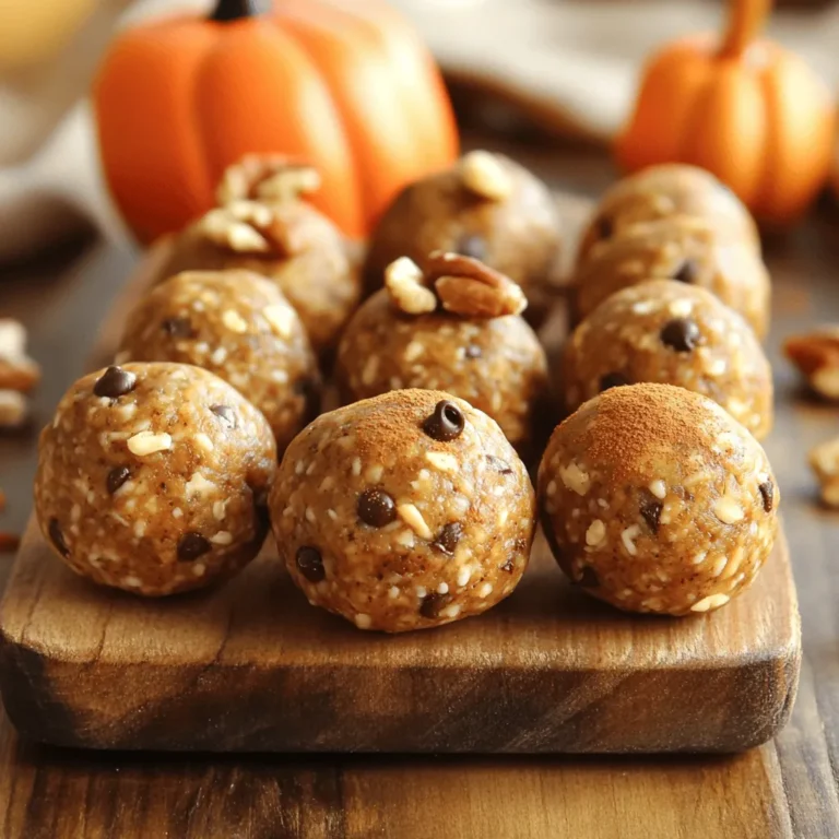 To create delicious Pumpkin Spice Energy Balls, you need a few basic items. Here’s what you will need: - 1 cup rolled oats - 1/2 cup almond butter (or your choice of nut butter) - 1/2 cup canned pumpkin puree These three ingredients form the base of your energy balls. Rolled oats give them structure and fiber. Almond butter adds healthy fats and a creamy texture. Canned pumpkin puree brings in moisture and a rich flavor. Next, we enhance the taste with sweeteners and spices. You'll want: - 1/4 cup honey or maple syrup - 1 teaspoon vanilla extract - 2 teaspoons pumpkin pie spice Honey or maple syrup adds natural sweetness. Vanilla extract gives a warm, inviting flavor. Pumpkin pie spice is the star here, bringing in that classic fall taste with cinnamon, nutmeg, and ginger. For a bit of extra fun, you can add optional ingredients. Consider using: - 1/4 cup mini chocolate chips - 1/4 cup chopped nuts (such as walnuts or pecans) Chocolate chips add a sweet surprise in each bite. Chopped nuts give a nice crunch and more nutrition. These options let you personalize your energy balls to your taste. For the full recipe, check out the [Full Recipe]. Start by grabbing a large mixing bowl. Add 1 cup of rolled oats, 1/2 cup of pumpkin puree, 1/2 cup of almond butter, and 1/4 cup of honey or maple syrup into the bowl. Use a spatula or wooden spoon to mix the ingredients together. Keep stirring until you have a uniform consistency. This step is key for balanced flavor in your energy balls. Next, pour in 1 teaspoon of vanilla extract, 2 teaspoons of pumpkin pie spice, and 1/4 teaspoon of salt. Stir well to blend the flavors throughout the mixture. If you want, you can fold in 1/4 cup of mini chocolate chips and 1/4 cup of chopped nuts. This adds nice texture and flavor. Now, cover the bowl with plastic wrap and chill the mixture in the refrigerator for about 30 minutes. This helps the mixture firm up, making it easier to shape. Once chilled, take a tablespoon or cookie scoop to portion out the mixture. Roll each portion between your palms to form small, bite-sized balls. Place these on a baking sheet lined with parchment paper. Chill again for another 30 minutes. This will help them set completely, so they hold their shape when you grab one as a snack. Mixing your ingredients well is key. It ensures every bite is full of flavor. Start by combining rolled oats, pumpkin puree, almond butter, and sweeteners. Use a spatula to mix until smooth. This helps the flavors meld nicely. Chilling the mixture is also important. It makes the energy balls easier to shape. After mixing, cover the bowl and chill it for 30 minutes. Presentation can make your snack more fun. Serve the energy balls on a colorful plate. You might sprinkle some extra pumpkin pie spice on top. This adds a nice touch. You can also add whole nuts as a garnish. For storage, choose an airtight container. This keeps your energy balls fresh for up to a week. These energy balls pack a healthy punch. They contain rolled oats, which provide fiber. Almond butter offers healthy fats and protein. Pumpkin puree is rich in vitamins. Honey or maple syrup adds natural sweetness without refined sugar. The spices not only taste good but also have health benefits. They can boost your energy and mood. Enjoying these energy balls can be a tasty way to fuel your day. For the full recipe, check out the detailed instructions and measurements. {{image_4}} You can change the nut butter in this recipe. Use peanut butter or sunflower seed butter. Each choice gives a new taste. Adding dried fruits, like raisins or cranberries, boosts nutrition. You may also try seeds like chia or flax for extra crunch. These swaps keep the energy balls exciting and tasty! You can tweak the spice blend based on the season. In winter, try adding a touch of cinnamon or nutmeg. In spring, a hint of ginger can brighten the flavor. You can also use seasonal toppings. Drizzle with dark chocolate or sprinkle with coconut flakes. These options make your energy balls unique for any time of year. To make these energy balls vegan, swap honey for maple syrup. This keeps them sweet and tasty. For gluten-free options, ensure your oats are certified gluten-free. You can also use allergen-free alternatives like pumpkin seed butter. These swaps make the recipe fit various diets while still being delicious. Don’t forget to check the [Full Recipe] for more tips! To keep your Pumpkin Spice Energy Balls fresh, store them in an airtight container. This helps prevent moisture from ruining their texture. I recommend using a glass container with a tight lid. Place them in the refrigerator. This keeps them cool and tasty for a week. You can freeze these energy balls for longer shelf life. To do this, lay them on a baking sheet. Make sure they are not touching. Freeze them for about two hours. Once they are firm, transfer them to a freezer-safe bag. Remove as much air as possible before sealing. When you want to eat them, thaw them in the fridge overnight. This keeps their taste and texture great. In the fridge, these energy balls stay fresh for about one week. If you freeze them, they can last for up to three months. These energy balls are perfect for meal prep. You can grab one as a quick snack or add them to lunch boxes. They are a tasty way to fuel your day! For the full recipe, check back to enjoy this delightful treat. Pumpkin spice energy balls last about one week in the refrigerator. Store them in an airtight container. This way, they stay fresh and tasty for your snacking needs. Yes! You can make these energy balls without nuts. Use seeds like sunflower or pumpkin seeds instead. They add great crunch and nutrition. You can also skip them entirely for a nut-free treat. If you need a nut-free option, try sunflower seed butter. It has a similar texture. You can also use tahini or soy nut butter. These alternatives keep the energy balls creamy and delicious. For a sweeter flavor, try cashew butter. For the full recipe, check out the [Full Recipe]. You’ve learned how to make delicious pumpkin spice energy balls. We covered key ingredients, step-by-step mixing, and shaping techniques. You can enhance flavors and adapt for dietary needs. Remember to store them properly for freshness and enjoy their nutritious benefits. These energy balls are a fun snack for any time. Get creative with flavors and share with friends. Enjoy making them your way!