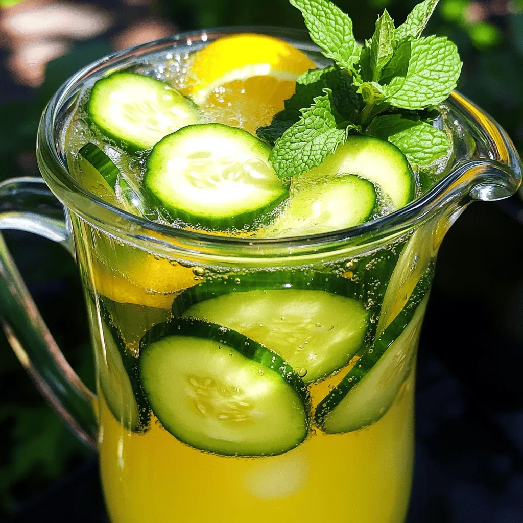 To make a refreshing Cucumber Lemonade Spritzer, gather these main ingredients: - 1 large cucumber, peeled and thinly sliced - 2 medium lemons, freshly juiced - 1/3 cup honey or agave syrup (adjust to taste) - 4 cups sparkling water, chilled - Ice cubes These items are simple but create a bright and tasty drink. Cucumber adds a cool flavor, while lemon gives it a zesty kick. The honey or agave syrup sweetens it just right. You can make your spritzer look and taste even better with these garnishes: - A handful of fresh mint leaves - A few cucumber slices Adding mint brings a fresh aroma, while cucumber slices add a nice touch. These garnishes make your drink fun and fancy! To prepare your Cucumber Lemonade Spritzer, you will need: - A blender - A fine mesh sieve or cheesecloth - A large pitcher - Glasses for serving Having the right tools helps make the process smooth. The blender mixes everything well, while the sieve ensures a silky drink. First, gather your ingredients. You need one large cucumber, two medium lemons, and honey or agave syrup. The cucumber should be peeled and sliced thin. Juice the lemons, but watch for seeds. The juice gives the drink a fresh, tangy taste. Next, place the sliced cucumber and lemon juice in a blender. Blend them on high speed until smooth. This step mixes the flavors well. After blending, strain the mixture through a fine mesh sieve into a large pitcher. Discard the pulp. This makes your drink silky and light. Now, add honey or agave syrup to the pitcher. Stir it well until it dissolves completely. Taste the mixture. If you want it sweeter, add more honey or agave. Slowly pour in the chilled sparkling water. Stir gently to keep the bubbles intact. Your Cucumber Lemonade Spritzer is almost ready! Enjoy the refreshment it brings on a hot day. For the full recipe, check the details above. When you pick cucumbers, look for firm ones. They should feel heavy for their size. The skin should be bright and shiny. Avoid ones with soft spots or wrinkles. Fresh cucumbers taste better and make your drink crisp. Finding the right sweetness is key. Start with 1/3 cup of honey or agave syrup. Mix it in and taste the drink. If you want it sweeter, add more in small amounts. Remember, you can always add, but you can’t take away! For a fun twist, serve the spritzer in tall glasses. Add ice cubes to keep it cool. Garnish with mint leaves and cucumber slices for a pretty look. You can even add lemon wheels for extra flavor. This makes your drink a show-stopper! Don’t forget to check out the Full Recipe for all the details! {{image_4}} You can easily add fruit to your Cucumber Lemonade Spritzer. Try adding strawberries, raspberries, or even watermelon. Just chop the fruit into small pieces and mix them into the spritzer. This adds color and flavor. It also makes the drink look more fun and bright. You can blend the fruit with the cucumber and lemon juice if you like a smoother texture. If you want to make an adult version, try adding vodka or gin. Start with one or two ounces per glass. Mix it in just before you add the sparkling water. This will keep the drink light and refreshing. You can also try adding a splash of flavored liqueur, like elderflower or peach. This gives a fun twist to the classic flavor. Herbs can take your spritzer to the next level. Fresh mint is a classic, but you can also use basil or rosemary. Just bruise the herbs lightly to release their oils. Add them to the pitcher with the cucumber and lemon juice. Let them sit for a few minutes for the flavors to blend. This can add a fresh taste that surprises your guests. For the full recipe, check out the details above and enjoy your refreshing drink! If you have leftover spritzer, store it in the fridge. Use a sealed pitcher or jar. This keeps it fresh and bubbly for a few days. Just remember, the longer it sits, the less fizzy it becomes. To enjoy it later, pour it over ice again. Each ingredient has a different shelf life. Fresh cucumbers last about a week in the fridge. Lemons can stay fresh for two weeks or more if stored well. Honey or agave syrup lasts a long time, so no worries there. Sparkling water should be used within a month after opening for the best taste. You can reuse cucumber and lemon slices in other drinks. Add them to water for a refreshing twist. You can also use leftover mint in salads or as a garnish for other drinks. Get creative! This way, you reduce waste and enjoy more flavors. For the full recipe, check out the Cucumber Lemonade Spritzer section. Yes, you can make Cucumber Lemonade Spritzer in advance. I often prepare it a few hours before serving. Just mix the cucumber and lemon juice with the sweetener. Keep this mixture in the fridge. Add sparkling water right before you serve. This way, it stays bubbly and fresh. Cucumbers are mostly water, so they help you stay hydrated. They also have vitamins like K and C, which are good for your skin. Lemonade, made from fresh lemons, gives you vitamin C too. This vitamin boosts your immune system and helps with digestion. Together, they make a drink that refreshes and nourishes. Absolutely! You can use sugar, maple syrup, or stevia as sweeteners. Each will change the taste a bit, so adjust to your liking. Just remember to mix well until the sweetener dissolves. For a fun twist, try using flavored syrups for extra taste. You learned how to make a refreshing cucumber lemonade spritzer. We covered key ingredients, steps to prepare it, and how to add your twist. I shared tips on selecting fresh cucumbers and achieving the right sweetness. You can also explore storage methods and answer common questions. Now, you can impress your friends and family with this drink. Enjoy making it again and again!