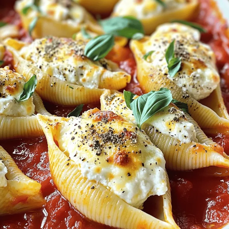 - 20 jumbo pasta shells - 2 cups ricotta cheese - 1 cup shredded mozzarella cheese (plus extra for topping) - 1/2 cup grated Parmesan cheese - 1 large egg - 1 teaspoon dried oregano - 1 teaspoon garlic powder - 2 cups marinara sauce (store-bought or homemade) - Fresh basil leaves for garnish - Salt and pepper to taste To make classic stuffed shells shine, use high-quality ingredients. Fresh ricotta cheese gives a creamy texture. Opt for whole milk mozzarella for a rich flavor. Choose a marinara sauce that you love, as it enhances the dish. If you can, use organic eggs; they usually have a richer taste. Fresh basil adds bright flavor. Avoid stale or pre-grated cheeses, as they can lack flavor. If you can’t find jumbo shells, try manicotti. For a twist, use cottage cheese in place of ricotta. You can mix in spinach for added nutrition. If you're dairy-free, look for plant-based cheeses. In place of marinara sauce, try pesto for a fresh taste. For a spicy kick, add crushed red pepper to the filling. To make classic stuffed shells, gather all your ingredients first. You need jumbo pasta shells, ricotta cheese, mozzarella cheese, Parmesan cheese, an egg, and spices. This dish takes about one hour to prepare and bake. You will enjoy a warm, cheesy meal afterward. 1. Preheat your oven to 375°F (190°C). This step is key for even baking. 2. Boil water in a large pot. Add a pinch of salt for taste. Once boiling, add the jumbo shells. Cook them for 8-10 minutes until they are al dente. Drain and let them cool. 3. In a mixing bowl, combine ricotta cheese, half of the mozzarella, Parmesan, egg, oregano, garlic powder, salt, and pepper. Mix it well until smooth. 4. Use a spoon or piping bag to fill each shell with the cheese mix. Don’t be shy; pack them well! 5. Spread 1 cup of marinara sauce on the bottom of a 9x13 inch baking dish. This keeps the shells from sticking. 6. Place the stuffed shells in the dish with the openings facing up. Pour the rest of the sauce over them. Top with remaining mozzarella cheese. 7. Cover the dish with aluminum foil. If you like, spray the foil with non-stick spray to help with cheese sticking. 8. Bake for 25 minutes. After that, remove the foil and bake for another 10 minutes until the cheese is bubbly and golden. 9. Once done, let the dish cool for a few minutes. This makes it easier to serve. Add fresh basil leaves on top for color and taste. Enjoy your classic stuffed shells, made with care and love! For more details, check the full recipe. To make a great cheese filling, start with fresh ricotta. This gives a smooth, creamy taste. Mix in 1 cup of shredded mozzarella for extra flavor. Add 1/2 cup of grated Parmesan for a salty kick. An egg helps bind the mixture. Don't forget seasonings! Use 1 teaspoon of dried oregano and garlic powder. These add depth to your filling. Taste and adjust salt and pepper as needed. For a twist, add chopped spinach or herbs for extra color and nutrition. Your choice of marinara sauce can change the dish's flavor. You can use store-bought sauce for quick prep. Look for brands with natural ingredients. If you want to make your sauce, it's easy! Sauté garlic and onions in olive oil. Add crushed tomatoes, salt, and basil for a fresh touch. Simmer it for about 20 minutes. This will deepen the flavors. Feel free to mix in red pepper flakes if you like heat. Many home cooks make a few common errors. First, don’t overcook the pasta shells. They should be al dente, so they hold their shape. Second, be sure to pack the filling well into each shell. This prevents them from falling apart. Lastly, don’t forget to cover the dish with foil while baking. This keeps the shells moist. Remove the foil later to allow the cheese to brown. Following these tips will lead to perfect stuffed shells every time. For the full recipe, refer to the complete guide above. {{image_4}} You can mix up the filling for stuffed shells to suit your taste. Here are a few options: - Spinach and Ricotta: Add fresh or frozen spinach to your ricotta mix. This adds a nice green color and flavor. - Meat Lovers: Use cooked ground beef or sausage in the filling. It adds heartiness to each bite. - Herbed Cheese Blend: Mix in different cheeses like goat cheese or feta for a tangy taste. - Mushroom Medley: Sauté mushrooms with garlic and mix them into the cheese filling. This gives an earthy flavor. The sauce is key to a great dish. While marinara is classic, you can try these sauces: - Alfredo Sauce: A creamy white sauce can change the whole experience. It’s rich and comforting. - Pesto Sauce: Use basil pesto for a fresh and vibrant twist. It adds a burst of flavor. - Tomato Basil Sauce: A simple sauce made with crushed tomatoes and fresh basil is light and tasty. - Béchamel Sauce: For a creamy texture, try a homemade béchamel sauce. It’s smooth and delightful. You can make stuffed shells fit vegan diets too. Here’s how: - Ricotta Alternative: Use tofu blended with lemon juice and nutritional yeast. This mimics ricotta nicely. - Vegan Cheese: Look for plant-based cheese options. They melt well and taste great. - Veggie Stuffing: Fill shells with a mix of zucchini, bell peppers, and onions. This keeps it light and fresh. - Nut-Based Sauces: A creamy cashew sauce works well instead of marinara. It’s rich and flavorful. Feel free to explore these variations when making your classic stuffed shells. Each change can bring something new and delicious to your table. If you want a detailed recipe, check out the Full Recipe for classic stuffed shells. You can store your classic stuffed shells in the fridge. Place them in an airtight container. They will stay fresh for up to three days. Be sure to let them cool before sealing. This helps prevent moisture build-up. If you want to make them ahead, it's best to assemble them without baking. Cover them well and refrigerate. Freezing is a great option if you want to keep your stuffed shells longer. To freeze, first assemble the shells, but do not bake them. Place the filled shells in a single layer in a freezer-safe dish. Make sure to cover them with plastic wrap and then aluminum foil. They can last up to three months in the freezer. When ready to eat, thaw them overnight in the fridge before baking. Reheating stuffed shells is easy. If they are refrigerated, preheat your oven to 350°F (175°C). Place the shells in an oven-safe dish. Add a splash of marinara sauce on top to keep them moist. Cover with foil and heat for about 20 minutes. If frozen, bake them covered for about 30 minutes. Remove the foil in the last 10 minutes for that golden cheese topping. Serve warm and enjoy! Stuffed shells take about 35 minutes to bake. First, you will cover them with foil for 25 minutes. Then, remove the foil and bake for another 10 minutes. This method makes the cheese melt and get golden. Yes, you can make stuffed shells ahead of time. Prepare them and place them in a baking dish. Cover the dish tightly with plastic wrap or foil. Store it in the fridge for up to 24 hours before baking. If you freeze them, they can last up to three months. Just remember to thaw them in the fridge overnight before baking. Classic stuffed shells pair well with a fresh salad or garlic bread. A simple green salad adds a crisp contrast. You can also serve it with roasted vegetables for a healthy side. If you want a warm option, garlic bread is a perfect match. It soaks up the marinara sauce nicely. This post shared key tips on making stuffed shells. We covered ingredients, cooking steps, and storage tips. You learned about quality ingredients and substitutes to make your dish shine. I also shared common mistakes to avoid and smart ways to vary your shells. Finally, I answered popular questions that may help you in your cooking. Enjoy creating these tasty shells, and share your delicious results with friends!