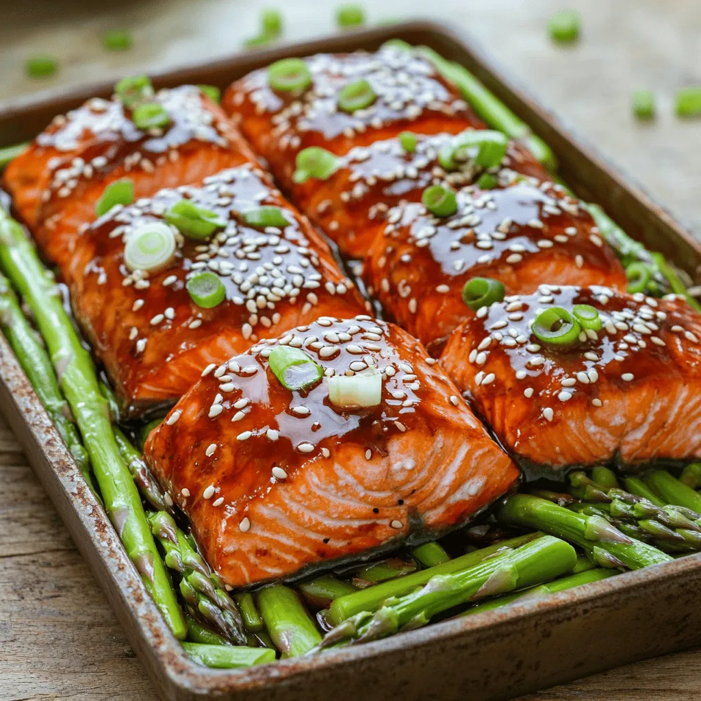 - 4 salmon fillets (approximately 6 oz each) - 1 cup teriyaki sauce (store-bought or homemade) - 1 pound asparagus, trimmed and cleaned - 1 tablespoon fresh ginger, finely grated - 2 cloves garlic, minced - 1 tablespoon honey - 2 tablespoons olive oil - Salt and pepper, to taste - Sesame seeds, for garnish - Sliced green onions, for garnish Gather these ingredients before you start cooking. The salmon fillets will absorb the teriyaki sauce well. Fresh ginger and garlic enhance the flavor. Honey adds a touch of sweetness. The asparagus provides a crisp contrast. The olive oil helps the asparagus roast nicely. Salt and pepper bring out the flavors. Sesame seeds and green onions add a nice finish. This simple list makes a meal that impresses! For the full recipe, check out the details above and enjoy creating a flavorful delight. - In a bowl, mix teriyaki sauce, ginger, garlic, and honey. - Whisk until blended. - Set aside 1/4 cup for basting later. This marinade gives the salmon a deep flavor. The ginger and garlic add a nice kick. Make sure to coat the salmon well. The longer it marinates, the better it tastes. - Preheat your oven to 425°F (220°C). - Line a baking sheet with parchment paper for easy cleanup. - In a bowl, place the trimmed asparagus. - Drizzle with olive oil and season with salt and pepper. - Toss until coated. The parchment paper helps prevent sticking. The olive oil gives the asparagus a nice shine and flavor. Make sure to spread the asparagus in a single layer. This helps it cook evenly. - Remove the salmon from the marinade. - Place the salmon skin-side down on the baking sheet. - Spread the seasoned asparagus on one side of the sheet. - Bake for 12–15 minutes. - Baste the salmon with the reserved marinade halfway through. Check the salmon at 12 minutes. It should flake easily with a fork when done. The asparagus will be tender yet crisp. This method keeps both the salmon and asparagus moist and flavorful. For the full recipe, check out the details above. Enjoy your teriyaki salmon with asparagus! To get the best flavor from your salmon, marinate it well. I suggest marinating for at least 30 minutes. If you have more time, let it soak for up to 1 hour. This helps the fish absorb all those yummy flavors. Keep your salmon moist by basting it with the reserved marinade halfway through baking. This keeps the fish juicy and flavorful. When it comes to asparagus, seasoning is key. I like to use olive oil, salt, and pepper. Toss the asparagus well so that each piece is coated. This ensures even cooking and great taste. You can also grill or steam the asparagus if you want a different flavor. Grilling adds a smoky touch, while steaming keeps it crunchy and bright. For sides, rice or quinoa pairs nicely with teriyaki salmon. A fresh salad with sesame dressing also works well. To plate, place a salmon fillet on a bed of asparagus. Sprinkle with sesame seeds and garnish with sliced green onions. This makes your dish look appealing and adds a bit of crunch. For the full recipe, check out the details above. {{image_4}} You can switch up the protein in this dish. If you prefer chicken, use boneless thighs or breasts. For a vegetarian option, tofu works great. Just make sure to press the tofu to remove excess moisture before marinating. If you need a gluten-free option, look for tamari instead of traditional soy sauce for your teriyaki sauce. Many brands offer gluten-free teriyaki sauces. Always check the label to be sure. To boost the flavor, add spices or herbs. A pinch of red pepper flakes adds a nice kick. Fresh herbs like cilantro or basil can brighten the dish. You could also try a sprinkle of Chinese five-spice for a unique twist. Feel free to switch up the veggies too. Broccoli, bell peppers, or snap peas can add color and crunch. These vegetables roast well and pair nicely with the salmon. You have options for cooking. Baking gives even heat and a nice finish. The stovetop is great for a quick sear. Just heat oil in a skillet and cook for about 5 minutes on each side. Grilling adds smoky flavor. Preheat your grill and place the salmon and asparagus on it. Cook for about 6-8 minutes, turning halfway through. Cooking times may vary. Always watch for doneness. The salmon should flake easily when it’s done. For more details, check the Full Recipe. To keep your teriyaki salmon and asparagus fresh, store leftovers in the fridge. Place the salmon and asparagus in an airtight container. This helps keep the flavors intact and prevents odors from mixing. Make sure to eat leftovers within three days for the best taste. If you want to save some for later, freezing is a great option. Wrap the salmon and asparagus tightly in plastic wrap or aluminum foil. Then, place them in a freezer-safe bag. Label with the date. They can last up to three months in the freezer. Reheating salmon can be tricky. You want to keep it moist and tasty. The best method is to use the oven. Preheat it to 300°F (150°C). Place the salmon in a baking dish and cover it with foil. Heat for about 10-15 minutes. This helps retain moisture. If you prefer the microwave, use a lower power setting. Heat for short bursts of 30 seconds. Check often to make sure it does not dry out. Teriyaki salmon and asparagus can stay fresh in the fridge for about three days. If stored properly, they can last up to three months in the freezer. Always look for signs of spoilage. If the salmon has a sour smell or the asparagus is slimy, it's time to toss them. Eating spoiled food can make you sick, so always check before enjoying your leftovers. You can find the full recipe for this delicious dish in the earlier section. You can serve teriyaki salmon with many tasty sides. Here are some ideas: - Steamed rice: White or brown rice pairs well with the sauce. - Quinoa: This grain adds a nutty flavor and is healthy. - Salads: A fresh green salad with a light dressing can balance the meal. - Roasted vegetables: Carrots or bell peppers add color and crunch. - Noodles: Udon or soba noodles work nicely with the teriyaki flavor. These sides add variety and make your meal fun and colorful. Yes, you can! Here are some sauces that work well: - Soy sauce: This is a simple swap for a salty flavor. - Hoisin sauce: It adds sweetness and depth, similar to teriyaki. - Miso glaze: This brings a rich, umami taste to the dish. - BBQ sauce: It gives a smoky flavor that can be delightful. Each of these will change the taste but still make the dish delicious. Teriyaki salmon is quite healthy! Here’s why: - High in omega-3s: Salmon is rich in good fats that support heart health. - Low in calories: A typical serving has about 350 calories. - Packed with nutrients: Salmon provides protein, vitamins, and minerals. - Asparagus benefits: This veggie adds fiber and vitamins A and C. Balancing this dish with healthy sides can make it even better for you. You can tell salmon is cooked when: - Flaking easily: Use a fork to see if it breaks apart easily. - Color change: It should change from bright pink to a lighter color. - Temperature check: The inside should reach 145°F (63°C) for safety. Keep these signs in mind to make sure your salmon is just right. In this blog post, we explored a simple recipe for teriyaki salmon and asparagus. We covered key ingredients, step-by-step instructions, and helpful tips for cooking. You can easily change flavors or methods, making this a versatile dish. Remember, proper storage keeps leftovers tasty. Whether you're cooking for yourself or a crowd, this dish impresses. Enjoy it with your favorite sides, and share your creations with friends!
