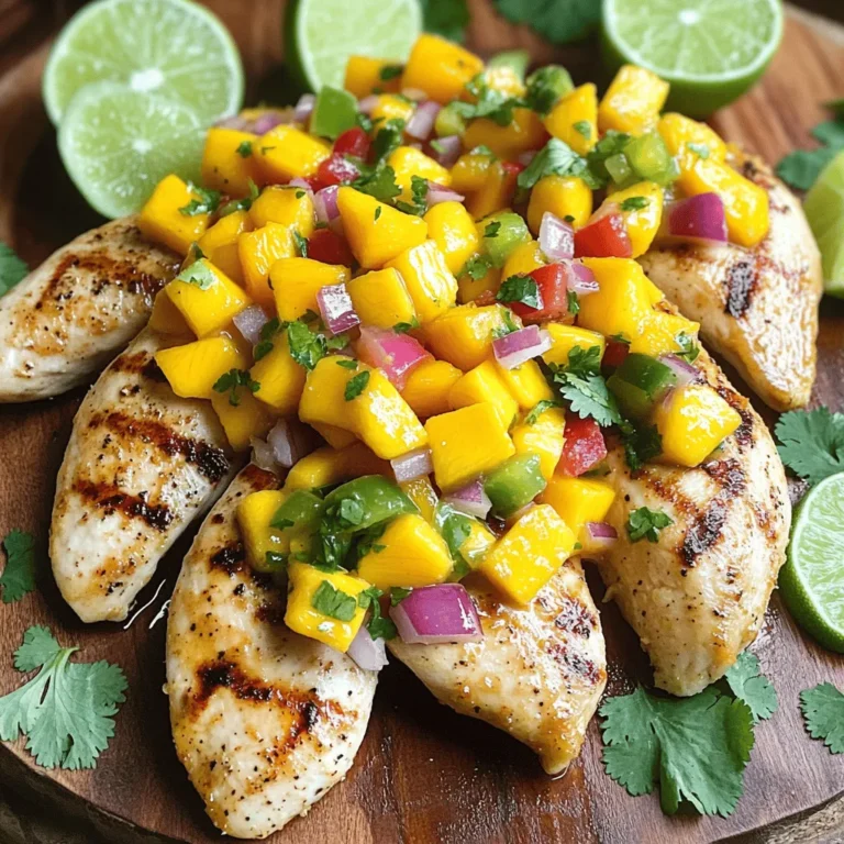 - 4 boneless, skinless chicken breasts - 2 ripe mangos, diced into small cubes - 1 red bell pepper, diced finely - 1/2 red onion, finely chopped - 1 jalapeño, deseeded and minced for heat - 1/4 cup fresh cilantro, chopped for garnish - 2 tablespoons freshly squeezed lime juice - 1 tablespoon extra virgin olive oil - 1 teaspoon ground cumin for depth of flavor - Salt and black pepper to taste - Ground cumin, salt, and black pepper - Olive oil and lime juice - Fresh cilantro and lime wedges When I think about ingredients for mango salsa chicken, I feel excited. The fresh flavors make this dish shine. You need ripe mangos. They add sweetness and bright color. Choose firm, yellow mangos for the best taste. For the salsa, I mix in red bell pepper. It gives crunch and a sweet taste. The red onion adds a nice bite. If you love heat, use jalapeño. Just remove the seeds. It makes the salsa spicy but not too hot. I season the chicken with ground cumin, salt, and black pepper. These spices boost the flavor of the chicken. Olive oil keeps it moist on the grill. Lime juice adds a zesty twist, pulling all the flavors together. Garnish the dish with fresh cilantro. It adds a pop of green. Lime wedges offer a fresh squeeze right before eating. This makes each bite bright and fresh. You can find the full recipe at the end. Enjoy your cooking! - Preheat the grill: Start by heating your grill or grill pan to medium-high. This will ensure that the chicken cooks evenly and gets those nice grill marks. - Prepare the mango salsa: In a bowl, combine diced mangos, red bell pepper, red onion, jalapeño, cilantro, and lime juice. Mix well and set aside. This salsa will bring fresh, bright flavors to your dish. - Season the chicken breasts: Take your chicken breasts and coat them with olive oil. Sprinkle ground cumin, salt, and black pepper on both sides. Make sure to rub the spices in well for great flavor. - Grill the chicken to perfection: Place the chicken on the hot grill. Cook for about 6-7 minutes on each side, or until the chicken reaches 165°F. You want it juicy and cooked through. - Let the chicken rest before serving: Once cooked, take the chicken off the grill and let it rest for about 5 minutes. This helps the juices stay inside the meat, making it tender. - Top the chicken with mango salsa: Serve the chicken on a plate and spoon the salsa on top. The sweet and spicy salsa pairs perfectly with the savory chicken. This dish will impress anyone you serve it to! Check the [Full Recipe] for more details. To grill chicken well, start by preheating your grill. Set it to medium-high heat. This heat helps create nice grill marks and sears the meat. A hot grill also seals in the juices. Aim for an internal temperature of 165°F (75°C) for safety. Use a meat thermometer to check this. It ensures your chicken is cooked and safe to eat. Mango salsa shines with fresh flavors. You can add other ingredients like diced pineapple or chopped avocado. This adds more depth and sweetness. If you enjoy heat, add minced jalapeño. Adjust the spice level based on your taste. Remove the seeds for less heat or keep them for more kick. Serving is key to making your dish look great. Place the grilled chicken on a large platter. Spoon the mango salsa generously over each piece. For a colorful touch, add extra chopped cilantro on top. Lime wedges on the side allow guests to add a fresh squeeze. This makes each bite even better. For the best look, arrange everything neatly, and enjoy your vibrant meal! {{image_4}} You can switch the chicken for shrimp or fish. Shrimp cooks quickly and takes on flavor well. Just marinate them in lime juice, salt, and cumin for a bit. Fish like tilapia or mahi-mahi works great too. Grill or pan-sear the fish until it's flaky and tender. The salsa pairs nicely with these proteins, adding a fresh taste. While mango is the star, you can try other fruits. Pineapple adds a sweet and tangy twist. Peaches or nectarines provide a juicy, summer flavor. Dice them up just like the mango. Mix them with the same salsa ingredients. This keeps the dish bright and colorful while adding new tastes. You don’t have to grill the chicken. Baking is an easy option too. Set your oven to 375°F (190°C). Bake for about 25-30 minutes until the chicken is cooked through. You can also sauté the chicken in a pan. Use medium heat and cook for about 6-7 minutes on each side. Both methods keep the chicken juicy and allow the flavors to shine. For the full recipe, check out the detailed steps. To keep your mango salsa chicken fresh, store it in an airtight container. Place the chicken and salsa in separate containers. This helps maintain the chicken's texture and the salsa's flavor. Make sure to refrigerate them within two hours of cooking. Properly stored, the chicken lasts up to four days. The salsa stays good for about three days. When you're ready to enjoy your leftovers, reheat the chicken gently. The best method is to use the oven. Preheat it to 350°F (175°C). Place the chicken on a baking sheet and cover it with foil. Heat for about 15 minutes or until it's warm throughout. For the salsa, you can warm it in the microwave for 30 seconds. Stir it well before serving to bring back its fresh taste. Yes, you can freeze mango salsa chicken! To do this, let the chicken cool completely. Wrap each piece tightly in plastic wrap, then place them in a freezer bag. Remove as much air as possible before sealing. For the salsa, freeze it in a separate container. It can last up to three months in the freezer. When you're ready to use, thaw in the fridge overnight before reheating. Enjoy the flavors of mango salsa chicken anytime! You can find the full recipe here. The cooking time for Mango Salsa Chicken is about 30 minutes. You should grill the chicken for 6-7 minutes per side. Always check that it reaches an internal temperature of 165°F (75°C) for safe eating. This ensures the chicken is juicy and cooked through. Yes, you can make the mango salsa ahead of time. Just mix all the salsa ingredients, then cover and chill in the fridge. It tastes even better after sitting for a few hours. This allows the flavors to blend nicely. A few sides go well with Mango Salsa Chicken. Here are some great options: - Rice: Coconut rice or jasmine rice adds a nice touch. - Salad: A fresh green salad with lime dressing works well. - Beans: Black beans or refried beans are tasty choices. - Grilled Veggies: Zucchini or corn on the cob adds color and flavor. These sides balance the sweet and spicy notes of the dish, making your meal complete. For the full recipe, check out [Full Recipe]. You now have a complete guide for making delicious Mango Salsa Chicken. Start with fresh ingredients and keep grilling tips in mind. Season your chicken well and serve it topped with vibrant mango salsa. Feel free to experiment with proteins and fruits to find your favorite twist. Remember to store leftovers properly for future meals. With these steps, you'll create a dish that's not only tasty but enjoyable to share. Get ready to impress with this colorful recipe!