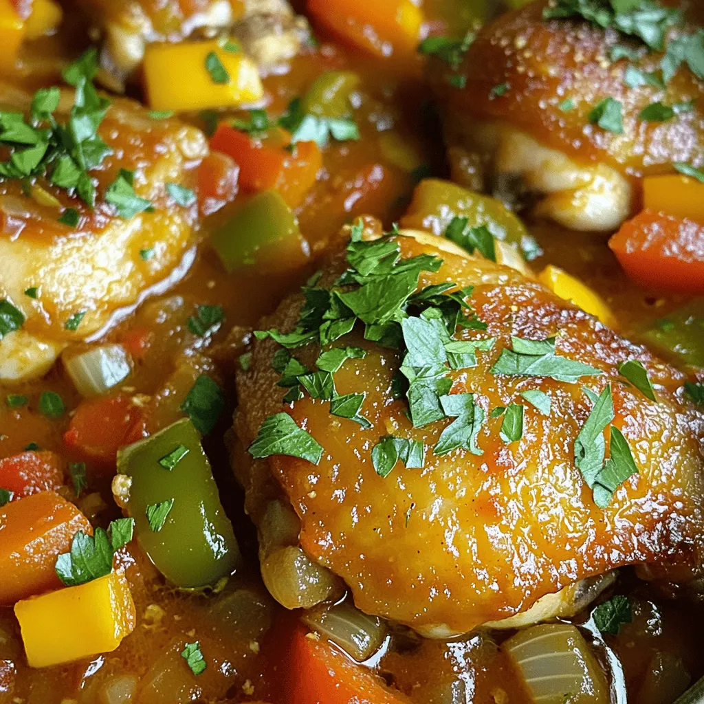 To make this dish, you need a few key ingredients. Here’s what you’ll require: - 4 bone-in, skin-on chicken thighs - 1 cup assorted bell peppers (red, yellow, or green), sliced into strips - 1 medium onion, finely chopped - 3 cloves garlic, minced - 1 can (14 oz) diced tomatoes in their juices - 1 cup rich chicken broth - 1 teaspoon dried oregano - 1 teaspoon dried basil - 1 teaspoon red pepper flakes (optional, for added heat) - Salt and freshly cracked black pepper, to taste - 2 tablespoons extra virgin olive oil - Fresh parsley, chopped, for garnish Each ingredient adds its own flavor. The chicken gives the dish a hearty base. The bell peppers and onion bring sweetness and color. Garlic adds depth, while tomatoes create a rich sauce. You can easily customize this dish. Here are some optional ingredients to consider: - Mushrooms for an earthy touch - Olives for a briny flavor - Carrots for added sweetness - Zucchini for extra veggies - Fresh herbs like thyme or rosemary for a fresh twist Feel free to mix and match. Each addition can change the taste and make the dish your own. Having the right tools makes cooking easier. Here’s what I recommend: - Large skillet or Dutch oven - Wooden spoon for stirring - Sharp knife for chopping - Cutting board for prep - Measuring cups and spoons for accuracy Using these tools helps you cook with ease. You’ll enjoy the process and love the results. For the full recipe, check out the details above! Start by gathering all your ingredients. This makes cooking easy and fun. You will need: - 4 bone-in, skin-on chicken thighs - 1 cup assorted bell peppers (red, yellow, or green), sliced into strips - 1 medium onion, finely chopped - 3 cloves garlic, minced - 1 can (14 oz) diced tomatoes in their juices - 1 cup rich chicken broth - 1 teaspoon dried oregano - 1 teaspoon dried basil - 1 teaspoon red pepper flakes (optional, for added heat) - Salt and freshly cracked black pepper, to taste - 2 tablespoons extra virgin olive oil - Fresh parsley, chopped, for garnish Make sure to wash and slice the vegetables. This helps them cook evenly. Keep your chicken thighs ready, seasoned with salt and pepper. Heat the olive oil in a large skillet over medium-high heat. Wait until it shimmers. Carefully add the seasoned chicken thighs. Sear them for 5-7 minutes on each side. You want a golden-brown crust. Remove the chicken and set it aside. In the same skillet, lower the heat to medium. Add the chopped onion and bell peppers. Sauté for 4-5 minutes. The veggies should soften and smell great. Next, add the minced garlic and cook for 1 more minute. Stir it to avoid burning. Now, pour in the diced tomatoes and chicken broth. Add the oregano, basil, and red pepper flakes if you like heat. Mix everything well. Place the seared chicken back into the skillet. Let it simmer gently. Cover the skillet and reduce the heat to low. Cook for 30-35 minutes. The chicken should reach 165°F (75°C) and be tender. After cooking, taste the sauce. Adjust with salt and black pepper if needed. Serve your Chicken Cacciatore warm. Garnish with fresh parsley for a nice touch. I like to use deep bowls for serving. It shows off the vibrant sauce and vegetables. Pair it with crusty bread to soak up all that delicious sauce. For the full recipe, check the section above! To boost the flavor of your Chicken Cacciatore, use fresh herbs. Fresh basil and parsley add a bright taste. Try adding a splash of red wine for depth. It enhances the sauce and adds a rich taste. Also, let the sauce simmer longer to deepen the flavors. The longer it simmers, the better it gets. Avoid using low-quality chicken. Good chicken makes a big difference. Also, don’t skip the searing step. Searing adds color and flavor. Be careful not to rush the cooking process. Cooking too fast can lead to dry chicken. Finally, don’t forget to taste the sauce before serving. Adjust the seasoning for the best results. Always start with a hot skillet when searing chicken. This ensures a nice crust. Use bone-in, skin-on chicken for more flavor. If you want a bit of heat, add red pepper flakes to the sauce. Remember, you can always adjust spices to suit your taste. For a great presentation, serve the dish in rustic bowls. Add a sprinkle of fresh parsley on top. This makes your Chicken Cacciatore look as good as it tastes. For the full recipe, check the earlier section. {{image_4}} You can make a tasty vegetarian version of Chicken Cacciatore. Instead of chicken, use hearty vegetables. Some great choices are eggplant, mushrooms, or zucchini. These veggies soak up the sauce well. Replace the chicken broth with vegetable broth for a full flavor. You can still use the same spices and tomatoes. This will give you a rich, savory dish that everyone can enjoy. Chicken is great, but you can switch it up. Try using pork or turkey for a new twist. These meats work well with the same sauce. For seafood lovers, shrimp can be a fun option too. Just add the shrimp in the last few minutes of cooking. It will cook quickly and add a fresh taste. Don't forget to adjust cooking times based on the protein you choose. Want to kick up the heat? Add more red pepper flakes to your sauce. If you prefer a milder flavor, reduce the amount or leave it out. You can also try adding fresh chili peppers for a different flavor. For a sweet twist, consider adding a pinch of sugar to balance the heat. Experiment with spices to find the right level for you. For all these variations, you can refer to the Full Recipe for guidance. To keep your Chicken Cacciatore fresh, store it right. Use an airtight container. Let the dish cool down before sealing it. This helps avoid moisture buildup. Place the container in the fridge. It will stay good for about 3 to 4 days. If you want to keep it longer, consider freezing. Reheating Chicken Cacciatore is easy. You can use the stove or microwave. For the stove, place the dish in a skillet over low heat. Stir it often to warm it evenly. For the microwave, use a safe dish. Heat it in short bursts, stirring in between. Make sure it gets hot all the way through. You want it to reach an internal temperature of 165°F (75°C). Freezing Chicken Cacciatore is a great way to save it for later. First, let it cool completely. Then, transfer it to a freezer-safe container or bag. Make sure to squeeze out excess air. Label the container with the date. It can last for up to 3 months in the freezer. When ready to eat, thaw it in the fridge overnight. Reheat it as mentioned above for the best taste. Check out the Full Recipe for more tips on making this dish memorable! Chicken Cacciatore comes from Italy. The name means "hunter's chicken." It started as a dish for hunters. They used fresh ingredients from the land. Families would cook it in a big pot. This dish is simple but full of flavor. It has tomatoes, peppers, and herbs. Each cook adds their twist. The dish is popular in many homes today. Yes, you can make Chicken Cacciatore in a slow cooker! Just follow these steps: 1. Sear the chicken first for extra flavor. 2. Add all the ingredients to the slow cooker. 3. Cook on low for 6-8 hours or high for 3-4 hours. The chicken will be tender and soak up all the tasty sauce. This method saves time and makes cooking easy. Chicken Cacciatore tastes great with several side dishes: - Crusty bread for dipping in sauce - Pasta to soak up the sauce - Rice for a filling meal - A fresh salad to balance flavors These sides enhance the meal and make it more enjoyable. They add texture and freshness to the dish. You learned how to make Chicken Cacciatore easy and fun. We covered key ingredients, cooking steps, and expert tips. You now know how to customize this dish and store leftovers. Remember, cooking should be enjoyable. Experiment with flavors and variations. Don’t fear making mistakes; they’re part of learning. Enjoy every bite of your Chicken Cacciatore. It’s a dish worth sharing with family and friends. Keep trying new recipes that excite your taste buds. Happy cooking!