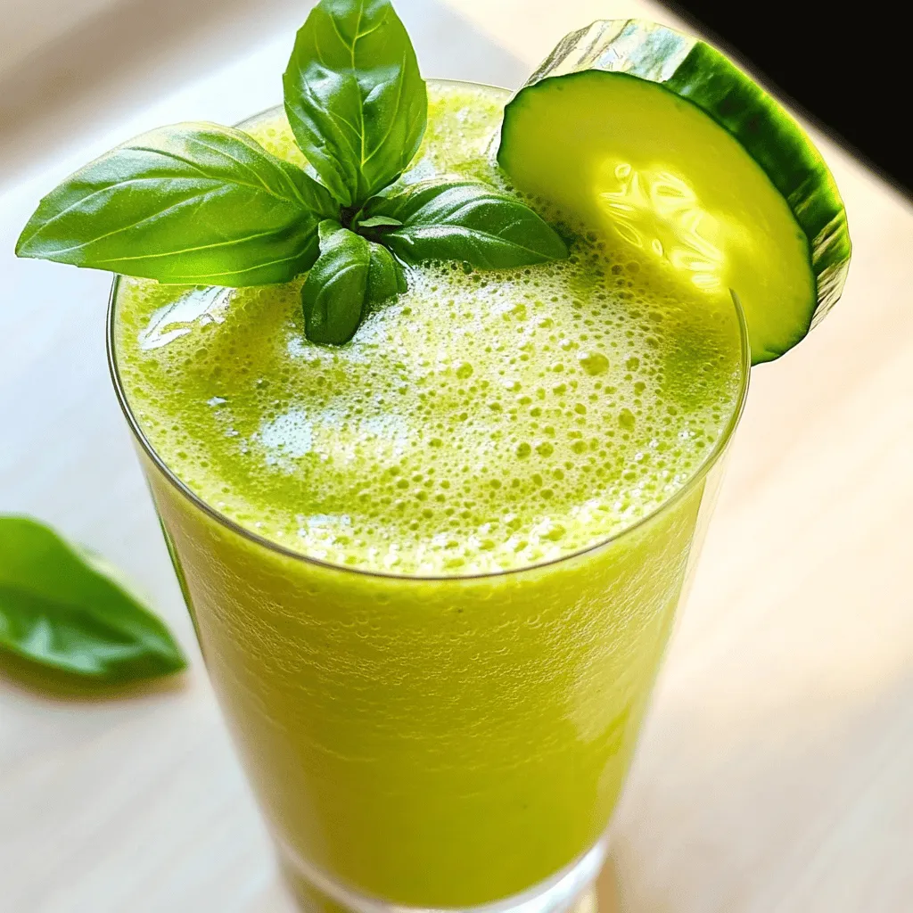 - Cucumber: This cool veggie hydrates you. It has few calories and is full of water. I like using English cucumbers. They are long and have thin skin, making them perfect for smoothies. You can also use standard cucumbers, but peel them for a smoother texture. - Fresh Basil: This herb gives a bright flavor. Basil is rich in antioxidants and vitamins. It adds a unique taste that pairs well with cucumber. Look for vibrant, green leaves. Avoid any that are wilted or brown. - Additional Flavor Enhancers: Lime juice adds a zesty kick. It brightens the smoothie, making it refreshing. Honey or maple syrup can add sweetness, but use it sparingly. You want the fresh flavors to shine through. - Quantities for Each Ingredient: - 1 large cucumber, peeled and roughly chopped - 1 ripe banana, preferably frozen for creaminess - 1 cup fresh basil leaves, densely packed - 1 cup almond milk (or your choice of plant-based milk) - 1 tablespoon honey or maple syrup (optional) - 1 tablespoon freshly squeezed lime juice - 1/2 cup ice cubes - A pinch of sea salt - Recommended Substitutes for Dietary Needs: If you are dairy-free, use almond or oat milk. For a sweeter smoothie, replace honey with agave syrup. If you're allergic to bananas, try using avocado for creaminess instead. For the full recipe, check out the Cucumber Basil Bliss Smoothie. To make the cucumber basil smoothie, start with fresh ingredients. First, take your large cucumber. Peel it and chop it into rough pieces. This makes blending easier. Next, grab fresh basil leaves. Make sure they are clean and dry. You want about one cup of tightly packed leaves for a strong flavor. When adding ingredients to the blender, use this order: cucumber first, then banana. After that, add the basil leaves. Pour in the almond milk, and then add the honey or maple syrup if you like it sweet. Follow with lime juice and a pinch of sea salt. This order helps the blender work better. Now it's time to blend! Set your blender to high speed. Blend the mixture for about 30 to 60 seconds. You want it smooth and creamy. If it seems too thick, add a bit more almond milk. Blend again until it reaches your desired consistency. After blending, it’s time for the ice. Add the ice cubes to the blender. Blend once more until the smoothie is chilled and frothy. Next, taste it. If you want it sweeter, add more honey or maple syrup. Blend again briefly if you add more sweetener. For serving, pour your vibrant smoothie into glasses. To make it look fancy, garnish with a fresh basil leaf and a cucumber slice on the rim. Enjoy this refreshing drink right away to appreciate its fresh flavors. For the complete recipe, check the [Full Recipe]. To make your cucumber basil smoothie even better, try adding other herbs or fruits. Mint adds a cool twist. You can also try a bit of ginger for a spicy kick. If you prefer a sweeter drink, adjust the sweetness. Taste the smoothie first. If it needs more, add honey or maple syrup. Start with a small amount and blend again. You can always add more. For a creamier smoothie, use a ripe banana. A frozen banana works best, making it thick and smooth. If you want a thinner smoothie, add more almond milk. Blend it again until you reach your desired texture. This way, you can make it just how you like it. Be careful not to over-blend or under-blend your smoothie. Over-blending can make it too runny, losing that fresh taste. Under-blending can leave chunks in your drink. Blend until smooth but not too long. Also, always use fresh basil. Stale or wilted basil can ruin the flavor. Fresh herbs give the best taste, making your drink refreshing. {{image_4}} You can easily add fruits to your cucumber basil smoothie. This change gives your drink new flavors and freshness. Try adding: - 1 ripe peach for a sweet twist. - A handful of strawberries for a fruity burst. - Pineapple chunks for a tropical vibe. Seasonal fruits work best. In summer, fresh berries shine. In fall, apples or pears can add a cozy touch. This keeps your smoothie exciting all year. If you want a dairy-free smoothie, you have options. Almond milk is great, but you can try: - Coconut milk for a creamy, tropical flavor. - Oat milk for a smooth texture. - Soy milk for added protein. These plant-based milks blend well and keep your drink delicious and healthy. Want extra nutrition? Add greens! Spinach or kale blends in easily and adds vitamins. Just a handful can make a big difference. You can also mix in protein powder or nuts. This boosts energy and keeps you full longer. It's a simple way to make your smoothie even healthier. To store leftover smoothie, pour it into an airtight container. Glass jars work great for this. Make sure to leave some space at the top, as smoothies can expand a bit when frozen. Seal the container tightly to keep out air and moisture. You can keep your Cucumber Basil Smoothie in the fridge for up to 24 hours. After that, the flavors start to fade. If you see any separation or a change in color, it’s time to toss it. If you smell a sour odor, do not drink it. If you want to keep your smoothie longer, freezing is a smart choice. Pour it into ice cube trays or silicone molds for easy servings. When you want to enjoy it again, just pop a few cubes into a blender and blend until smooth. For the best outcome, thaw them in the fridge overnight or use the microwave for a quick defrost. A Cucumber Basil Smoothie is packed with nutrients. Cucumbers are hydrating and low in calories. They provide vitamins K and C, which help support your immune system. Basil contains antioxidants and may help reduce inflammation. Bananas add potassium and fiber, which can aid digestion. Almond milk is a great dairy-free option that adds creaminess without extra calories. Together, these ingredients make a refreshing drink full of health benefits. Yes, you can prep this smoothie ahead of time. I recommend chopping the cucumber and banana in advance. Store them in airtight containers in the fridge. You can mix the basil, almond milk, and lime juice separately. When you're ready to drink, blend everything together. This method keeps your ingredients fresh and saves time. If you don’t have fresh basil, you can use dried basil. Use about one-third of the amount since dried herbs are stronger. Alternatively, try other fresh herbs like mint or cilantro for a different flavor. Each option will give your smoothie a unique twist. To make your smoothie thicker, add Greek yogurt or avocado. Both options are rich and creamy. You can also use frozen bananas instead of fresh ones. They add thickness and chill your drink. Just blend until you reach your desired consistency. Yes, you can use other vegetable bases in your smoothie. Spinach and kale blend well without changing the taste much. They add extra nutrients and fiber. You can also try zucchini for a mild flavor. Each vegetable will offer its own health benefits while keeping your smoothie delicious. You now have all you need to create a delicious cucumber basil smoothie. We explored the key ingredients, including cucumber and fresh basil, and their benefits. You also learned precise measurements and helpful tips to boost flavor and enhance consistency. Remember to avoid common mistakes like using wilted basil or over-blending. With variations and storage tips, you can easily adjust this smoothie to suit your taste. Keep experimenting, and enjoy your healthy drinks!