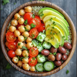 - 1 cup quinoa - 2 cups vegetable broth or water - 1 can (15 oz) chickpeas - 1 cup cherry tomatoes - 1 cucumber - 1 red bell pepper - 1/4 red onion - 1 avocado - 1/4 cup Kalamata olives - 2 tablespoons extra virgin olive oil - 1 tablespoon freshly squeezed lemon juice - 1 teaspoon dried oregano - Salt and black pepper This Vegan Mediterranean Bowl is packed with fresh flavors and nutrients. Each ingredient plays a unique role. The bowl is rich in key nutrients. Quinoa offers protein and fiber. Chickpeas add iron and magnesium. - Cherry tomatoes provide vitamins C and K. - Cucumbers are hydrating and low in calories. - Red bell peppers are high in antioxidants. - Red onions can help reduce inflammation. - Avocado is a great source of healthy fats. - Kalamata olives bring heart-healthy fats and flavor. These ingredients work together to promote heart health and support digestion. Enjoy this bowl as a meal or a side dish. For the full recipe, check the details above. To start, grab a medium saucepan. Pour in 2 cups of vegetable broth or water. Bring it to a rolling boil over high heat. Once boiling, add 1 cup of thoroughly rinsed quinoa. Now, reduce the heat to low and cover the saucepan. Let it simmer for about 15 minutes. You'll know it's ready when all the liquid is absorbed. After the time is up, remove the pan from heat. Use a fork to fluff the quinoa gently. This step separates the grains and makes it light. While the quinoa cooks, let’s make the dressing. In a small mixing bowl, combine 2 tablespoons of extra virgin olive oil and 1 tablespoon of freshly squeezed lemon juice. Add 1 teaspoon of dried oregano, along with salt and freshly cracked black pepper to taste. Whisk everything together. Taste the dressing and adjust the seasoning as needed. You want it to burst with flavor. Now it's time to bring it all together. In a large mixing bowl, combine the fluffed quinoa, 1 can of drained chickpeas, halved cherry tomatoes, diced cucumber, diced red bell pepper, finely chopped red onion, and halved Kalamata olives. Drizzle the prepared dressing over the mixture. Using a large spoon, gently toss everything together. Make sure all the ingredients are well coated with the dressing. This Vegan Mediterranean Bowl is colorful and packed with nutrients. You can find the full recipe for more details. Enjoy your vibrant and hearty meal! - Perfectly cooked quinoa guide: To make great quinoa, use a 2:1 ratio of liquid to quinoa. Start by rinsing the quinoa under cold water. This helps remove any bitter taste. Bring vegetable broth or water to a boil, then add the quinoa. Lower the heat and cover the pot. Let it simmer for about 15 minutes. Once done, fluff it with a fork. This will give it a light texture. - How to achieve balanced flavor in the dressing: For a tasty dressing, mix olive oil and lemon juice in a bowl. Add dried oregano, salt, and black pepper for flavor. Taste it! If it needs more zing, squeeze in more lemon juice. This dressing will bring the whole bowl together. - Ideal serving sizes: For a balanced meal, serve about one cup of quinoa with half a cup of veggies. This gives you a hearty serving without feeling too heavy. You can adjust based on your appetite or the side dishes you plan to serve. - Accompaniments that complement the bowl: Pair your Vegan Mediterranean Bowl with warm pita bread or a side of hummus. These additions enhance the meal and provide extra flavor. You can also enjoy it with a fresh green salad for more crunch and freshness. {{image_4}} You can easily change the grains in your Vegan Mediterranean Bowl. Try using farro or bulgur instead of quinoa. These grains add different textures and flavors. They also bring their own nutrients to the dish. You can also swap out vegetables. Think about adding lentils for protein or roasted zucchini for a new taste. Bell peppers, spinach, and carrots work well, too. This dish is all about using what you love. Want to boost protein? Add tofu or tempeh to your bowl. Tofu is soft and absorbs flavors well. Tempeh is firmer and has a nutty taste. Both make the meal heartier and more filling. You can also use nuts or seeds. Almonds, walnuts, or pumpkin seeds add crunch and healthy fats. They enhance the dish's flavor and keep it satisfying. This way, you can enjoy a balanced meal that meets your needs. For the full recipe, check out the details above. To keep your Vegan Mediterranean Bowl fresh, store leftovers in an airtight container. This helps maintain flavor and texture. Place the bowl in the fridge right after serving. The bowl lasts up to three days. Look for signs of spoilage like a sour smell or mold. If you see any, it's best to toss it out. When reheating quinoa and veggies, the best method is the stovetop. Add a splash of vegetable broth or water to a saucepan. Heat it on low, stirring gently. This keeps the quinoa moist and fluffy. You can also microwave the bowl. Just cover it with a damp paper towel to trap steam. After reheating, serve it with fresh avocado slices or a sprinkle of parsley. This adds a nice touch and boosts flavor. Enjoy your meal warm! To make a Vegan Mediterranean Bowl, follow these simple steps: 1. Cook the quinoa: In a medium pot, bring vegetable broth or water to a boil. Add rinsed quinoa, lower the heat, and cover. Let it simmer for about 15 minutes until the liquid is absorbed. Fluff it with a fork once done. 2. Prepare the dressing: In a small bowl, whisk extra virgin olive oil, lemon juice, oregano, salt, and black pepper. Taste it and adjust as needed. 3. Assemble the salad: In a large bowl, mix fluffed quinoa, chickpeas, cherry tomatoes, cucumber, red bell pepper, red onion, and Kalamata olives. 4. Dress the salad: Pour the dressing over the salad mixture. Toss gently to coat everything well. 5. Serve: Spoon the mixture into bowls. Top with avocado slices and fresh parsley. For a detailed recipe, check the Full Recipe. You can customize your Vegan Mediterranean Bowl with many tasty options. Consider adding: - Roasted eggplant or zucchini - Fresh spinach or arugula - Artichoke hearts - Feta cheese (vegan option) - Sun-dried tomatoes - Fresh herbs like dill or basil - Nuts like pine nuts or walnuts These additions make the bowl even more delicious and nutritious! Yes, the Vegan Mediterranean Bowl can be gluten-free. Quinoa is naturally gluten-free, making it a great base. However, always check your vegetable broth for gluten. If you use any packaged ingredients, verify their labels too. This way, you ensure a safe meal for those with gluten sensitivities. This Vegan Mediterranean Bowl is easy to make and full of flavor. We covered the key ingredients and their health benefits. You learned how to cook the quinoa and prepare a simple dressing. I shared tips for perfect cooking and suggested ways to customize your bowl. Remember, you can swap ingredients and store leftovers safely. This dish is versatile, tasty, and great for any meal. Try it out, and enjoy a healthy, delicious option that fits your diet!