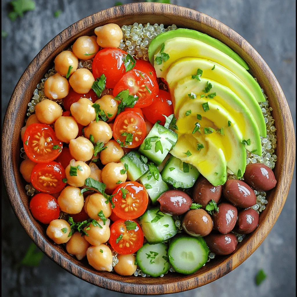 - 1 cup quinoa - 2 cups vegetable broth or water - 1 can (15 oz) chickpeas - 1 cup cherry tomatoes - 1 cucumber - 1 red bell pepper - 1/4 red onion - 1 avocado - 1/4 cup Kalamata olives - 2 tablespoons extra virgin olive oil - 1 tablespoon freshly squeezed lemon juice - 1 teaspoon dried oregano - Salt and black pepper This Vegan Mediterranean Bowl is packed with fresh flavors and nutrients. Each ingredient plays a unique role. The bowl is rich in key nutrients. Quinoa offers protein and fiber. Chickpeas add iron and magnesium. - Cherry tomatoes provide vitamins C and K. - Cucumbers are hydrating and low in calories. - Red bell peppers are high in antioxidants. - Red onions can help reduce inflammation. - Avocado is a great source of healthy fats. - Kalamata olives bring heart-healthy fats and flavor. These ingredients work together to promote heart health and support digestion. Enjoy this bowl as a meal or a side dish. For the full recipe, check the details above. To start, grab a medium saucepan. Pour in 2 cups of vegetable broth or water. Bring it to a rolling boil over high heat. Once boiling, add 1 cup of thoroughly rinsed quinoa. Now, reduce the heat to low and cover the saucepan. Let it simmer for about 15 minutes. You'll know it's ready when all the liquid is absorbed. After the time is up, remove the pan from heat. Use a fork to fluff the quinoa gently. This step separates the grains and makes it light. While the quinoa cooks, let’s make the dressing. In a small mixing bowl, combine 2 tablespoons of extra virgin olive oil and 1 tablespoon of freshly squeezed lemon juice. Add 1 teaspoon of dried oregano, along with salt and freshly cracked black pepper to taste. Whisk everything together. Taste the dressing and adjust the seasoning as needed. You want it to burst with flavor. Now it's time to bring it all together. In a large mixing bowl, combine the fluffed quinoa, 1 can of drained chickpeas, halved cherry tomatoes, diced cucumber, diced red bell pepper, finely chopped red onion, and halved Kalamata olives. Drizzle the prepared dressing over the mixture. Using a large spoon, gently toss everything together. Make sure all the ingredients are well coated with the dressing. This Vegan Mediterranean Bowl is colorful and packed with nutrients. You can find the full recipe for more details. Enjoy your vibrant and hearty meal! - Perfectly cooked quinoa guide: To make great quinoa, use a 2:1 ratio of liquid to quinoa. Start by rinsing the quinoa under cold water. This helps remove any bitter taste. Bring vegetable broth or water to a boil, then add the quinoa. Lower the heat and cover the pot. Let it simmer for about 15 minutes. Once done, fluff it with a fork. This will give it a light texture. - How to achieve balanced flavor in the dressing: For a tasty dressing, mix olive oil and lemon juice in a bowl. Add dried oregano, salt, and black pepper for flavor. Taste it! If it needs more zing, squeeze in more lemon juice. This dressing will bring the whole bowl together. - Ideal serving sizes: For a balanced meal, serve about one cup of quinoa with half a cup of veggies. This gives you a hearty serving without feeling too heavy. You can adjust based on your appetite or the side dishes you plan to serve. - Accompaniments that complement the bowl: Pair your Vegan Mediterranean Bowl with warm pita bread or a side of hummus. These additions enhance the meal and provide extra flavor. You can also enjoy it with a fresh green salad for more crunch and freshness. {{image_4}} You can easily change the grains in your Vegan Mediterranean Bowl. Try using farro or bulgur instead of quinoa. These grains add different textures and flavors. They also bring their own nutrients to the dish. You can also swap out vegetables. Think about adding lentils for protein or roasted zucchini for a new taste. Bell peppers, spinach, and carrots work well, too. This dish is all about using what you love. Want to boost protein? Add tofu or tempeh to your bowl. Tofu is soft and absorbs flavors well. Tempeh is firmer and has a nutty taste. Both make the meal heartier and more filling. You can also use nuts or seeds. Almonds, walnuts, or pumpkin seeds add crunch and healthy fats. They enhance the dish's flavor and keep it satisfying. This way, you can enjoy a balanced meal that meets your needs. For the full recipe, check out the details above. To keep your Vegan Mediterranean Bowl fresh, store leftovers in an airtight container. This helps maintain flavor and texture. Place the bowl in the fridge right after serving. The bowl lasts up to three days. Look for signs of spoilage like a sour smell or mold. If you see any, it's best to toss it out. When reheating quinoa and veggies, the best method is the stovetop. Add a splash of vegetable broth or water to a saucepan. Heat it on low, stirring gently. This keeps the quinoa moist and fluffy. You can also microwave the bowl. Just cover it with a damp paper towel to trap steam. After reheating, serve it with fresh avocado slices or a sprinkle of parsley. This adds a nice touch and boosts flavor. Enjoy your meal warm! To make a Vegan Mediterranean Bowl, follow these simple steps: 1. Cook the quinoa: In a medium pot, bring vegetable broth or water to a boil. Add rinsed quinoa, lower the heat, and cover. Let it simmer for about 15 minutes until the liquid is absorbed. Fluff it with a fork once done. 2. Prepare the dressing: In a small bowl, whisk extra virgin olive oil, lemon juice, oregano, salt, and black pepper. Taste it and adjust as needed. 3. Assemble the salad: In a large bowl, mix fluffed quinoa, chickpeas, cherry tomatoes, cucumber, red bell pepper, red onion, and Kalamata olives. 4. Dress the salad: Pour the dressing over the salad mixture. Toss gently to coat everything well. 5. Serve: Spoon the mixture into bowls. Top with avocado slices and fresh parsley. For a detailed recipe, check the Full Recipe. You can customize your Vegan Mediterranean Bowl with many tasty options. Consider adding: - Roasted eggplant or zucchini - Fresh spinach or arugula - Artichoke hearts - Feta cheese (vegan option) - Sun-dried tomatoes - Fresh herbs like dill or basil - Nuts like pine nuts or walnuts These additions make the bowl even more delicious and nutritious! Yes, the Vegan Mediterranean Bowl can be gluten-free. Quinoa is naturally gluten-free, making it a great base. However, always check your vegetable broth for gluten. If you use any packaged ingredients, verify their labels too. This way, you ensure a safe meal for those with gluten sensitivities. This Vegan Mediterranean Bowl is easy to make and full of flavor. We covered the key ingredients and their health benefits. You learned how to cook the quinoa and prepare a simple dressing. I shared tips for perfect cooking and suggested ways to customize your bowl. Remember, you can swap ingredients and store leftovers safely. This dish is versatile, tasty, and great for any meal. Try it out, and enjoy a healthy, delicious option that fits your diet!