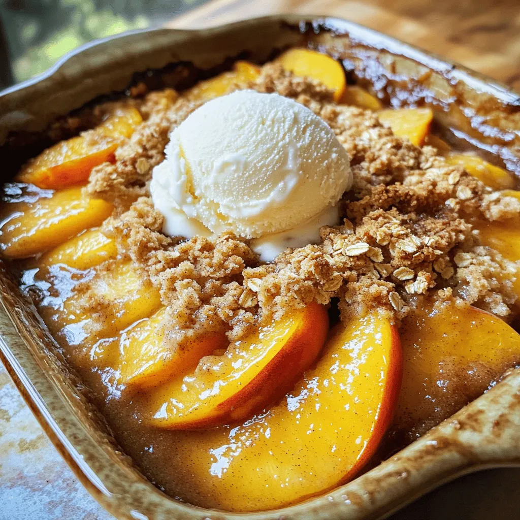 - 6 ripe peaches, pitted and thinly sliced - 1 tablespoon fresh lemon juice - 1/2 cup packed brown sugar - 1 teaspoon ground cinnamon - 1/2 teaspoon ground nutmeg - 1 cup rolled oats - 1/2 cup all-purpose flour - 1/2 cup unsalted butter, softened - 1/4 cup granulated sugar - 1/4 teaspoon salt When making peach crisp, the right ingredients matter. Start with ripe peaches. They give the dish its sweet, juicy base. I love using fresh peaches, but you can also use frozen ones if needed. Just thaw them first. Next, you need sweeteners. Brown sugar adds richness, while granulated sugar balances the flavors. The spices bring warmth. Ground cinnamon and nutmeg enhance the peach taste. They add a cozy twist to each bite. For the topping, rolled oats are key. They create a crunchy layer that contrasts with the soft peaches. Use all-purpose flour to help bind the topping together. Softened butter makes the topping rich and crumbly. You can also customize your recipe. For a nutty flavor, add chopped nuts like almonds or walnuts to the topping. Want more sweetness? Consider using honey or maple syrup instead of sugar. This flexibility makes the dish fun and personal. Check out the Full Recipe for exact measurements and easy steps! 1. Preheat your oven to 350°F (175°C). Grease a 9x13 inch baking dish with butter. This helps the peach crisp not stick. 2. For the peaches, pit and slice 6 ripe peaches. Toss them in a large bowl with 1 tablespoon of fresh lemon juice. This keeps them fresh and bright. Add 1/2 cup of packed brown sugar, 1 teaspoon of ground cinnamon, and 1/2 teaspoon of ground nutmeg. Mix gently until all the peaches are coated. Spread this peach mixture in the baking dish evenly. 3. Next, make the oat topping. In another bowl, mix 1 cup of rolled oats, 1/2 cup of all-purpose flour, 1/2 cup of softened unsalted butter, 1/4 cup of granulated sugar, and 1/4 teaspoon of salt. Use your fingers or a fork to mix until it looks like coarse crumbs. This topping adds a nice crunch. 1. Now, layer the oat topping over the peach mixture. Make sure to cover all the peaches well. This helps each bite be sweet and crunchy. 2. Bake in the preheated oven for 30-35 minutes. Watch for signs that it’s ready. Look for bubbly filling and a golden brown topping. 3. Once it’s done, take it out and let it cool for a few minutes. This resting time helps the juices settle. Serve warm, and enjoy this Peachy Crunch Delight! For a fun twist, add a scoop of vanilla ice cream on top. To make the best peach crisp, start with ripe peaches. Choose peaches that feel slightly soft and smell sweet. This ensures they have great flavor. If you can, pick them at a local farm. Fresh fruit always tastes better! Next, focus on your oat topping. You want it to be crunchy. Mix the rolled oats, flour, and butter well. Use your fingers to make crumbs. This helps create that perfect texture. If your topping is too wet, add more oats. Adjusting sweetness is key. If you like it sweeter, add more brown sugar. If you prefer less sweetness, use less sugar. Taste the peach mixture before baking. This lets you find the right balance. Peach crisp shines when paired with ice cream. A scoop of vanilla on top melts into the warm fruit. It creates a delightful contrast. Whipped cream works well too. It adds a light touch to each bite. For leftovers, store peach crisp in the fridge. Cover it with plastic wrap to keep it fresh. You can also freeze it for longer storage. Just make sure it cools first. When ready to eat, reheat it in the oven for the best taste. For the full recipe, check out Peachy Crunch Delight! {{image_4}} You can change the fruit in your peach crisp for a new taste. Try using fresh apples, berries, or even plums. Each fruit brings a unique flavor and texture to the dish. If you want a gluten-free option, swap all-purpose flour for almond flour or a gluten-free blend. Use gluten-free oats to keep the crisp safe for those with dietary needs. For a vegan twist, choose coconut oil or a plant-based butter instead of regular butter. Use coconut sugar or maple syrup as a substitute for brown sugar. These swaps can make your dessert friendly for different diets without losing flavor. To make your topping even more exciting, add nuts or seeds. Chopped almonds, walnuts, or sunflower seeds can add a nice crunch. Sprinkle them in with your oats for an extra layer of texture. You can also mix in spices like ginger or cardamom to give your peach crisp a unique twist. Just a pinch can change the whole flavor. Feel free to experiment with what you have on hand. The goal is to create a delicious dessert that feels personal to you. Check out the Full Recipe for more tips on how to customize your peach crisp! To keep your leftover peach crisp fresh, refrigerate it. Place it in an airtight container. This helps keep moisture out and keeps it tasty. You can store it in the fridge for up to five days. If you want to save it for a longer time, freeze it. Wrap the dish tightly with plastic wrap or aluminum foil. You can also use a freezer-safe container. Peach crisp can last up to three months in the freezer. When you're ready to eat it again, reheat the peach crisp. You can use an oven or a microwave. For the oven, preheat to 350°F (175°C) and bake for about 15-20 minutes. This keeps the topping crunchy. In the microwave, heat it for about one minute. Check to see if it’s warm enough. How long will peach crisp last in the fridge? It usually lasts for about five days. Make sure to keep it covered. This will help keep it fresh. Watch for signs of spoilage. If you see mold or it smells sour, throw it away. If the texture looks off, do not eat it. Always trust your senses when it comes to food safety. What can I use if I don’t have fresh peaches? If you lack fresh peaches, you can use canned or frozen peaches. Just ensure they are well-drained if using canned. Frozen peaches should be thawed and drained to avoid excess water. The flavor will still be sweet and tasty. How do I know when my peach crisp is done? Your peach crisp is done when it bubbles at the edges and the topping turns golden brown. You can use a fork to check the peaches. They should be soft and tender but not mushy. Can I make this recipe ahead of time? Yes, you can prepare your peach crisp a day in advance. Simply cover it and store it in the fridge. Bake it fresh before serving for the best taste and texture. Is it possible to customize the sweetness in this recipe? Absolutely! You can adjust the amount of brown sugar or granulated sugar. If you prefer a less sweet dish, use less sugar. You can also try adding honey or maple syrup for a different flavor. How can I enhance the flavor of a peach crisp? You can boost flavor by adding vanilla extract or almond extract. Adding lemon zest brightens the taste. You might also include nuts or seeds in the topping for an extra crunch. For the full recipe, check out the Peachy Crunch Delight. Peach crisp is a simple and delicious dessert to make. You need ripe peaches, sweeteners, and spices to start. Follow our steps for prep and baking, and use tips for perfecting your dish. Explore variations to fit your taste and learn to store leftovers properly. Remember, each bite can take you back to sunny days. Enjoy this treat with loved ones and make it your own!