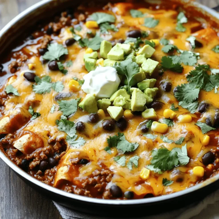 To make a tasty Cheesy Beef Enchilada Skillet, you need: - 1 pound ground beef - 1 medium onion, finely diced - 2 cloves garlic, minced - 1 can (15 oz) enchilada sauce - 1 cup canned black beans, drained and rinsed - 1 cup corn (fresh, frozen, or canned) - 1 teaspoon chili powder - 1 teaspoon cumin - Salt and freshly ground black pepper, to taste - 2 cups cooked rice (either white or brown) - 1 cup shredded cheddar cheese - 1 cup shredded Monterey Jack cheese These ingredients create the base of the skillet. The ground beef gives a hearty flavor, while the beans and corn add texture and nutrition. You can boost the flavor and look of your dish with these toppings: - Fresh cilantro, chopped - 1 ripe avocado, diced - Sour cream These optional garnishes make the meal look vibrant and fresh. The avocado adds creaminess, while cilantro brings a burst of flavor. To prepare this dish, you need a few simple tools: - Large skillet - Spatula - Knife and cutting board - Measuring cups and spoons Having these tools ready makes cooking smoother and more fun. You can gather everything before you start and enjoy the process. For the full recipe, check out the details provided. To start, heat a large skillet over medium-high heat. Add 1 pound of ground beef. Use a spatula to break it apart as it cooks. Keep cooking until it turns brown, which takes about 5-7 minutes. Drain any extra fat to keep the dish light. Next, add 1 medium onion, finely diced, and 2 cloves of minced garlic to the skillet. Stir these together with the beef. Cook until the onion is soft and clear, about 3-4 minutes. Make sure to stir often to prevent burning. Now it's time to add flavor. Pour in 1 can of enchilada sauce. Then, add 1 cup of canned black beans, 1 cup of corn, 1 teaspoon of chili powder, and 1 teaspoon of cumin. Season with salt and freshly ground black pepper. Mix well and bring everything to a gentle simmer for a few minutes. Next, gently fold in 2 cups of cooked rice. Stir until the rice is well mixed with the beef and sauce. Let it simmer together for 5 minutes. This allows the flavors to blend nicely. Sprinkle 1 cup of shredded cheddar cheese and 1 cup of shredded Monterey Jack cheese over the top. Cover the skillet with a lid. Cook for another 3-5 minutes until the cheese melts and bubbles. Finally, remove the skillet from the heat. Garnish with fresh cilantro for added flavor. Serve hot with diced avocado and a scoop of sour cream for creaminess. Enjoy this easy and flavorful meal! For the full recipe, check out the earlier sections. To keep your Cheesy Beef Enchilada Skillet from being greasy, drain the beef well. After browning it, tilt the skillet and let the fat drain off. You can also choose lean ground beef. This helps cut down on extra fat. Using a paper towel can soak up any remaining grease. This simple step makes a big difference. To boost flavor, try adding fresh lime juice before serving. It adds a nice kick. You can also toss in chopped jalapeños for heat. Adding fresh herbs like cilantro or parsley will brighten the dish. If you want more depth, consider using smoked paprika. These small tweaks can elevate your dish from good to great. You can make this dish your own! Swap the ground beef for ground turkey or chicken. If you want it vegetarian, use black beans or lentils. Feel free to mix different cheeses for a unique taste. Want more veggies? Add bell peppers, zucchini, or spinach. Experimenting with flavors keeps it fun and fresh. For the full recipe, check out the details above. {{image_4}} You can easily make a vegetarian version of the Cheesy Beef Enchilada Skillet. Just swap the ground beef for a mix of vegetables. Try using: - 1 cup diced bell peppers - 1 cup zucchini, chopped - 1 can (15 oz) black beans Sauté the veggies with the onion and garlic until they soften. Follow the same steps as the original recipe. This keeps the dish hearty and full of flavor. For those who love heat, add jalapeños to your skillet. You can use: - 1-2 fresh jalapeños, diced - 1 teaspoon crushed red pepper flakes Mix the jalapeños in with the onion and garlic for a good kick. Adjust the spice to your taste. This version will pack a punch! To make this dish gluten-free, ensure your enchilada sauce is gluten-free. Use: - 1 can (15 oz) gluten-free enchilada sauce Also, check that your rice is gluten-free. Follow the original recipe, and you’ll have a tasty meal that everyone can enjoy. Allow your Cheesy Beef Enchilada Skillet to cool down first. Once it's cool, place it in an airtight container. Store it in the fridge for up to three days. Make sure to keep it sealed tightly. This helps keep the flavors fresh and delicious. To reheat, you can use the microwave or stovetop. If using a microwave, place a serving in a microwave-safe bowl. Heat it for 1-2 minutes or until hot. Stir halfway through for even heating. If using the stovetop, place the skillet over low heat. Stir gently until it's warmed through. Add a splash of water if it seems dry. You can freeze leftovers for later! Use a freezer-safe container or bag. Make sure to remove as much air as possible before sealing. It can last in the freezer for up to three months. When ready to eat, thaw it overnight in the fridge. Reheat it using the stovetop or microwave as mentioned. Enjoy your easy meal anytime! You can use ground turkey or chicken as a leaner option. If you want a meat-free dish, try black beans or lentils. Both options will keep the dish hearty and tasty. Absolutely! You can use any cheese you like. Pepper Jack adds spice. Gouda gives a smoky flavor. Just pick your favorite cheese or mix a few for fun. To add heat, mix in diced jalapeños or hot sauce. You can also increase the chili powder. Start with a little and taste as you go. It’s easy to add more heat! Yes, you can make it ahead. Cook the beef and mix in the veggies and sauce. Store it in the fridge. When you’re ready, heat it up and melt the cheese before serving. This makes a busy night easier! For the full recipe, check out the Cheesy Beef Enchilada Skillet Delight . This blog post covered how to make a cheesy beef enchilada skillet. You learned about key ingredients, step-by-step cooking, and helpful tips. Variations for dietary needs also make this dish versatile. Proper storage tips ensure you can enjoy leftovers later. In closing, this dish is easy to make and fun to customize. You can create a meal that suits your taste and needs. Enjoy the cooking process and share it with others!