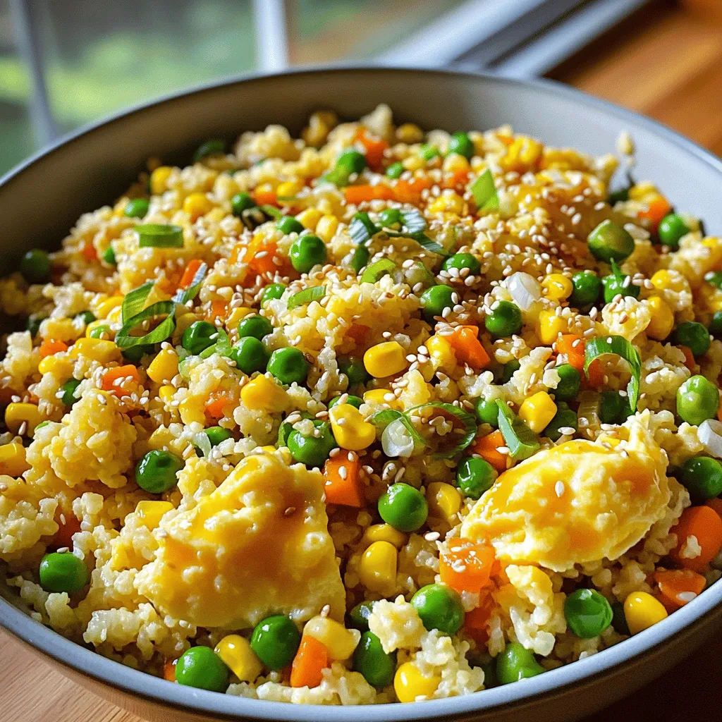 - 1 medium head of cauliflower - 1 cup mixed vegetables (peas, carrots, corn) - 2 green onions - Soy sauce (or tamari for gluten-free) - Sesame oil - Olive oil - Fresh grated ginger - Eggs - Salt and pepper To make cauliflower fried rice, you need a few simple ingredients. First, get a medium head of cauliflower. This will serve as the base of your dish. Next, grab a cup of mixed vegetables. I like to use peas, carrots, and corn. They add color and texture. Finally, don’t forget the green onions. They give a nice, fresh flavor. For seasoning, soy sauce is key. You can also use tamari if you need it to be gluten-free. Both add a savory taste. Sesame oil brings a rich, nutty flavor, while olive oil helps to cook everything nicely. If you want to kick up the flavor, consider adding fresh grated ginger. It adds a warm spiciness. Eggs are also great if you want protein in your dish. Salt and pepper will help you adjust the taste to your liking. This dish is simple, healthy, and very tasty. You can find the full recipe in this article. Enjoy cooking! - First, remove the leaves and stem from the cauliflower. - Cut the cauliflower into smaller florets. - Use a food processor or box grater to pulse the florets until they look like small rice grains. - Set the riced cauliflower aside for later. - Heat olive oil in a large skillet over medium-high heat. - Once the oil shimmers, add minced garlic. - If you like, add grated ginger for extra flavor. - Sauté the mixture for about 30 seconds until the garlic smells great, but avoid browning it. - Add the mixed vegetables to the skillet. - Stir them frequently for 4-5 minutes until they are warm and tender. - Push the veggies to one side of the skillet. - Pour the beaten eggs into the empty side and stir gently. - Scramble until the eggs are fully cooked and set. - Next, add the riced cauliflower to the skillet. - Mix in the scrambled eggs and veggies well. - Drizzle soy sauce and sesame oil over everything. - Stir thoroughly to combine all ingredients. - Cook for another 5-7 minutes. This helps the cauliflower soften a bit without getting mushy. - Taste your dish and adjust with salt and pepper as needed. - Just before serving, fold in the sliced green onions for a fresh touch. For the full recipe, check out the details above! To prevent mushy cauliflower rice, start with dry cauliflower. After processing it, let it sit for a few minutes. This helps remove extra moisture. When cooking, avoid overcooking the cauliflower. Aim for a light sauté of about 5-7 minutes. This keeps it tender but still firm. For the best cooking times for vegetables, try adding them in stages. Start with the denser ones like carrots. Cook them for a few minutes before adding softer ones like peas. This way, each vegetable reaches its perfect texture. For spices and herbs, I recommend using garlic and ginger. They add a warm, rich flavor. You can also try adding a pinch of red pepper flakes for heat. Fresh herbs like cilantro or basil can brighten the dish. To boost umami, consider using soy sauce or tamari. You can also add a sprinkle of nutritional yeast. This enhances the savory notes in your meal without extra calories. When serving, use a colorful bowl to make the dish pop. You can also serve it on individual plates for a fancy touch. For garnish, sprinkle sesame seeds on top. This adds a nice crunch and visual appeal. Cut some green onions into thin slices and add them right before serving. They give a fresh look and a burst of flavor. For an extra touch, consider adding a few slices of avocado on the side. It pairs well and makes the dish even more appealing. For the full recipe, check the details provided earlier. {{image_4}} You can add protein to your cauliflower fried rice for a complete meal. Try diced chicken, shrimp, or tofu. Chicken gives a nice texture and flavor. Shrimp cooks fast and adds a seafood taste. Tofu is a great choice for a vegetarian option. It soaks up flavors well and adds protein too. Mix in different vegetables to keep it fresh. Use seasonal veggies like bell peppers, zucchini, or spinach. They add color and taste. If you have leftovers, toss them in. This dish is a great way to use up bits of vegetables. You can even mix in broccoli or snap peas for crunch. You can change the flavor with different sauces. For an Asian twist, try adding hoisin sauce or sriracha. This gives a sweet and spicy kick. If you like heat, add red pepper flakes or chili paste. These spices boost the flavor and make your dish exciting. For the full recipe, check out the section above. To keep your cauliflower fried rice fresh, store it in an airtight container in the fridge. Make sure it cools down to room temperature first. This step helps prevent moisture build-up. Stored this way, it lasts for about 3 to 4 days. For longer storage, you can freeze the fried rice. Use freezer-safe bags or containers. Squeeze out as much air as possible. It can stay good for up to 3 months in the freezer. Label the bags with the date so you know when to use them. When you're ready to eat, reheating properly is key. The best methods are the microwave or a skillet. If using the microwave, place the rice in a bowl and cover it with a damp paper towel. Heat in short bursts to avoid overcooking. If you prefer a skillet, heat a little oil in the pan. Add the cauliflower fried rice and stir frequently. This method helps keep the texture nice. Add a splash of water to create steam if it feels dry. You can try several options if you want a soy sauce substitute. For a gluten-free choice, use tamari. This sauce has a similar taste. You can also use coconut aminos. It is great for a sweet and salty flavor. For a homemade option, mix broth with vinegar and a pinch of salt. This mix can work well in many dishes. Cauliflower fried rice is low in calories and high in nutrients. One serving has about 120 calories. This dish is light but filling. The riced cauliflower and veggies give you vitamins and fiber, making it a healthy choice. You can enjoy a tasty meal without feeling guilty. Yes, you can make cauliflower fried rice vegan easily. Instead of eggs, use tofu or chickpeas. Both add protein and texture. You can also try flaxseed meal mixed with water. This mix can act like eggs. Add more veggies or nuts to boost the protein. Enjoy a delicious vegan meal! This blog post explored how to make cauliflower fried rice. You learned about the main ingredients like cauliflower, mixed veggies, and seasonings. I shared step-by-step instructions, tips for texture, and variations to suit your taste. Proper storage methods and answers to common questions included practical advice. Incorporating cauliflower fried rice into your meals can enhance nutrition and flavor. Enjoy experimenting with different ingredients and make this dish your own!