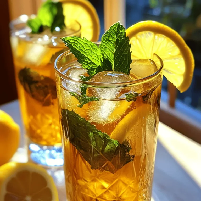 - 4 cups of water - 4 black tea bags (or substitute with green tea for a milder flavor) - 1/2 cup fresh mint leaves, plus extra for elegant garnishing - 1/2 cup freshly squeezed lemon juice - 1/2 cup honey or agave syrup (adjust to your sweetness preference) - Fresh lemon slices, for garnish - Ice cubes You can switch out black tea for green tea or herbal tea. Green tea gives a softer taste. Herbal teas like chamomile or hibiscus add a nice twist, too. For sweeteners, honey is a great choice, but agave syrup works well, too. You can use maple syrup or stevia if you prefer something different. If you want more herbal notes, try adding fresh basil or lemon verbena. Lemon is high in vitamin C, good for your immune system. It helps keep your skin clear and can aid digestion. Mint is great for your stomach and can freshen your breath. It has calming effects, too. Black and green teas are packed with antioxidants. They can boost your energy and help with focus. Together, these ingredients not only taste good but also support your health. To make lemon mint iced tea, start by boiling water. Use a medium saucepan and bring 4 cups of water to a rolling boil over medium-high heat. Once boiling, take the saucepan off the heat. Now, add 4 black tea bags or green tea bags if you prefer a lighter taste. Let the tea steep. For black tea, steep for 5 minutes. If you use green tea, steep for 3 minutes. This will give you the best flavor. After steeping, remove the tea bags. Next, add 1/2 cup of fresh mint leaves to the hot tea. Let those steep for another 10 minutes. This step infuses a refreshing mint flavor into your tea. Once done, strain the tea into a large pitcher. Use a fine mesh strainer to catch the mint leaves. This ensures a smooth drink. While the tea is still warm, stir in 1/2 cup of freshly squeezed lemon juice and 1/2 cup of honey or agave syrup. Mix well until the sweetener fully dissolves. Now, let the mixture cool to room temperature. After that, place it in the refrigerator to chill for about one hour. The steeping time is key for great flavor. For black tea, keep it at 5 minutes. For green tea, aim for 3 minutes. If you love herbal tea or want a caffeine-free option, consider chamomile or hibiscus. Each tea type has its own steeping time. Always check the package for specific instructions. When straining the tea, use a fine mesh strainer. This will catch any mint leaves and tea bits. Pour slowly to avoid spills. After straining, mix in the lemon juice and sweetener while the tea is warm. This helps the flavors blend better. For serving, fill each glass with ice cubes first. Then pour the chilled tea over the ice. This keeps your drink refreshing and cool. To make your lemon mint iced tea even better, consider adding other flavors. You can mix in slices of fresh fruit like strawberries, peaches, or oranges. These fruits add a nice twist to the classic taste. You might also try spices like ginger or a hint of cinnamon. Just a small amount can change the drink completely. Experiment with what you like best. When serving, make it look special. Use clear glasses so people can see the pretty colors. Add a slice of lemon on the rim of the glass. A sprig of fresh mint on top makes it look fresh and inviting. You can also add ice cubes with mint leaves or fruit inside. This adds a fun touch and keeps the drink cold. Serve your lemon mint iced tea nice and cold. After making it, chill it in the fridge for at least an hour. This helps the flavors blend well and makes the tea refreshing. When you serve it, fill the glasses with ice first, then pour the tea over the ice. This keeps it extra cold and refreshing on a hot day. Enjoy this great summer drink! For the complete recipe, check out the [Full Recipe]. {{image_4}} If you want to mix things up, try herbal teas like chamomile or hibiscus. Chamomile adds a soothing note, while hibiscus gives a fruity, tart flair. Both pair well with lemon and mint. You can steep them just like black or green tea. This way, you create a unique twist on the classic recipe. Adding fruit can make your Lemon Mint Iced Tea even better. Berries, peaches, or even slices of orange make great additions. You can mash up some berries or add peach slices to the pitcher. Let the fruit infuse for a few hours in the fridge. This adds natural sweetness and flavor without needing extra sugar. Not everyone likes the same level of sweetness. You can adjust the amount of honey or agave syrup based on your taste. Start with half a cup and add more if you like it sweeter. You could also try other sweeteners, like stevia or maple syrup. Experiment until you find your perfect balance for the best Lemon Mint Iced Tea. For a complete guide to making this delicious drink, check out the Full Recipe. To enjoy your Lemon Mint Iced Tea at its best, serve it chilled. When serving, fill a glass with ice cubes first. Pour the tea over the ice to keep it cold. Garnish with a lemon slice and fresh mint leaves for a nice look. This adds a touch of color and flavor. You can also prepare the tea in advance and store it until you are ready to serve. Your Lemon Mint Iced Tea stays fresh in the fridge for up to 3 days. Make sure to store it in a sealed pitcher or container. This keeps the flavors bright and fresh. If you notice any off smells or flavors, it’s best to toss it. You can freeze Lemon Mint Iced Tea for later. Pour the tea into ice cube trays and freeze. Once frozen, transfer the cubes to a bag. This helps you save space and make ice tea later. When you want some, just drop a few cubes into a glass. Allow them to melt and enjoy! This method keeps the tea's taste intact. To make Lemon Mint Iced Tea at home, follow these steps: 1. Boil water: Start by boiling 4 cups of water in a medium saucepan. 2. Steep tea: Once boiling, remove it from heat and add 4 tea bags. Let the tea steep for 5 minutes for black tea or 3 minutes for green tea. 3. Add mint: Remove the tea bags and add 1/2 cup of fresh mint leaves. Let them steep for 10 minutes. 4. Strain tea: Use a fine mesh strainer to strain the tea into a large pitcher. Discard the mint leaves. 5. Mix in lemon and sweetener: While the tea is warm, stir in 1/2 cup of freshly squeezed lemon juice and 1/2 cup of honey or agave syrup. Mix well. 6. Cool down: Allow the mixture to cool to room temperature, then chill in the fridge for about 1 hour. 7. Serve: Fill glasses with ice cubes and pour the chilled tea over the ice. Garnish with lemon slices and mint. This method makes a refreshing drink perfect for hot days. You can find the Full Recipe for more details. Yes, you can use various types of tea for Lemon Mint Iced Tea. Black tea gives a strong, bold flavor. Green tea offers a lighter, more delicate taste. Herbal teas, like chamomile or hibiscus, can add unique flavors. Each type will change the drink's essence. Experiment with different teas to find your favorite blend. Just remember to adjust steeping times based on the tea you choose. You have many options for sweetening Lemon Mint Iced Tea. Here are some popular choices: - Honey: A natural sweetener that adds a rich flavor. - Agave syrup: A plant-based sweetener that is less sugary than honey. - Sugar: Classic white or brown sugar works well too. - Stevia: A natural, no-calorie sweetener that is very sweet. - Maple syrup: This adds a unique touch of flavor. Choose the sweetener that fits your taste. Start with a little, then adjust to your liking. Lemon Mint Iced Tea is refreshing and easy to make. We covered the ingredients you need, like tea, mint, and lemon. I shared tips for brewing, mixing, and enhancing flavors. Different variations let you explore new tastes. Keep in mind how to store your tea for maximum freshness. Experiment with your own twists to find what you love. Enjoy your delicious, homemade Lemon Mint Iced Tea any time you want!