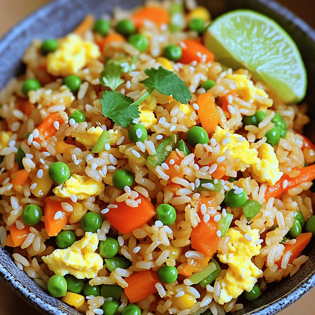 To make a tasty veggie fried rice, you need a few key items. Here’s what you will need: - 2 cups cooked jasmine rice - 1 cup mixed vegetables (carrots, peas, bell peppers, sweet corn) - 1 small onion, finely diced - 2 cloves garlic, minced - 2 tablespoons soy sauce - 1 tablespoon sesame oil - 1 teaspoon fresh ginger, grated - 2 eggs, lightly beaten (optional) - Salt and black pepper to taste - 2 green onions, finely chopped - A sprinkle of sesame seeds These ingredients come together to create a colorful dish that is both satisfying and quick to make. While the core ingredients make a great fried rice, you can add extras for more flavor. You might try: - Mushrooms for umami richness - Broccoli for crunch and nutrition - Spinach for a vibrant color boost - Cashews or peanuts for added texture - Chili flakes or sriracha for a spicy kick Feel free to mix and match based on what you like or have on hand. Picking fresh vegetables is key to a great fried rice. Here are some tips: - Choose vegetables with bright colors. They are usually fresher. - Look for firm textures. Avoid any soft or wilted ones. - Buy seasonal produce. It often tastes better and costs less. - Visit local markets for fresh picks. You can find unique veggies there too. Fresh veggies not only add flavor but also make your dish look appealing! Start by gathering your ingredients. You need cooked jasmine rice, mixed veggies, and some aromatics. Make sure to wash and chop the vegetables. Use carrots, peas, bell peppers, and sweet corn for color. If you use fresh rice, let it cool to avoid mush. Heat a large skillet or wok over medium-high heat. Add sesame oil to the pan. When the oil shimmers, add diced onion and minced garlic. Sauté for about 2-3 minutes until the onion turns soft and clear. Next, add the grated ginger and your mixed vegetables. Cook this mix for 3-4 minutes, stirring often. The veggies should be soft but still bright in color. If you want to add protein, push the veggies to one side of the pan. Pour the beaten eggs into the empty space. Scramble them until fully cooked, then mix them into the veggie blend. Now, add your cooled rice. Use a spatula to break apart any clumps. Toss the rice with the veggies and eggs until everything is mixed well. Drizzle the soy sauce over your rice mixture. Stir well to coat every grain. Season with salt and black pepper to taste. Let this fry for another 2-3 minutes. This step gives the rice a nice crispiness. Once done, take the pan off the heat. Sprinkle chopped green onions and sesame seeds on top before serving. For a vibrant touch, serve in bowls and garnish with more green onions and sesame seeds. A lime wedge on the side adds a fresh twist! You can find the Full Recipe for a detailed cooking guide. To make great fried rice, start with good rice. Use jasmine rice for a nice texture. If you can, cook the rice a day before. This lets it cool and dry out. Fresh rice can turn mushy when frying. If you have to use fresh rice, cool it completely before frying. Spread it out on a tray to let steam escape. The key to great fried rice is in the heat and timing. Use high heat when cooking. This helps to fry the rice quickly. Stir often but not too much. You want some crispy bits for texture. Also, break up clumps gently when adding rice. This keeps it from becoming a sticky mess. For beginners, a few simple tips can make cooking easier. First, prepare all your ingredients before cooking. This keeps your workspace clean and organized. Second, use a large skillet or a wok. This allows for even cooking and better stirring. Finally, don’t rush it. Cooking is about enjoying the process, so take your time! For the full recipe, check out the [Full Recipe]. {{image_4}} You can easily make this fried rice vegan. Simply skip the eggs. In their place, add a bit more tofu or tempeh for protein. You can also toss in chickpeas for extra texture. This keeps the dish hearty and satisfying without losing flavor. If you want more protein, add cooked chicken, shrimp, or tofu. These choices work well with the rice. Simply stir in your protein of choice after cooking the veggies. This makes the dish more filling and adds a new layer of taste. Feel free to mix and match vegetables based on what you love. Here are some great options: - Broccoli florets - Snap peas - Zucchini - Mushrooms - Bell peppers Adding seasonal vegetables can also change the dish. Each choice adds its own flavor and color. You can create a new version every time you cook! For more details, check the Full Recipe. After you finish your meal, let the fried rice cool down. Store it in an airtight container. This keeps moisture in and flavors fresh. Place the container in the fridge if you plan to eat it in the next few days. It will last about 3 to 4 days. To reheat your fried rice, use a skillet for best results. Heat a little oil over medium heat. Add the rice and stir often until it’s hot. This helps restore the texture. You can also use a microwave. Just cover the bowl and add a splash of water. Heat in short bursts, stirring in between. If you want to keep it longer, freezing is a great option. First, cool the rice completely. Then, scoop it into freezer bags. Make sure to squeeze out the air before sealing. Label the bags with the date. The rice can stay frozen for up to three months. To use, thaw it in the fridge overnight before reheating. For the full recipe, check out the vibrant veggie fried rice delight! Yes, you can use different types of rice. Long-grain rice, brown rice, or basmati rice all work well. The key is to use rice that is cooked and cooled. Day-old rice gives the best texture. Fresh rice may turn mushy when frying. If you have leftover rice, it is perfect for this dish. To add spice, you can use chili paste or hot sauce. Sriracha is a great choice. You can also add diced fresh chili peppers. For a milder heat, try adding red pepper flakes. Mix these in while cooking to release their flavors. Start with a small amount, then adjust to your taste. Avoid using too much oil, as it can make the dish greasy. Do not overcrowd the pan; this can steam the rice instead of frying it. Always cook on high heat to get that nice crisp. Lastly, remember to break apart any clumps of rice. This helps the flavors mix well. For more tips, check out the Full Recipe. This blog post covered how to make simple veggie fried rice. You learned about essential and optional ingredients. We explored tips for fresh veggies and cooking steps. The discussion included best practices for rice texture and techniques. I offered variations like vegan options and protein add-ins. Lastly, we went over storage tips and common questions. Now, you have the tools to create your own delicious fried rice. Enjoy experimenting with flavors and textures in your dish!