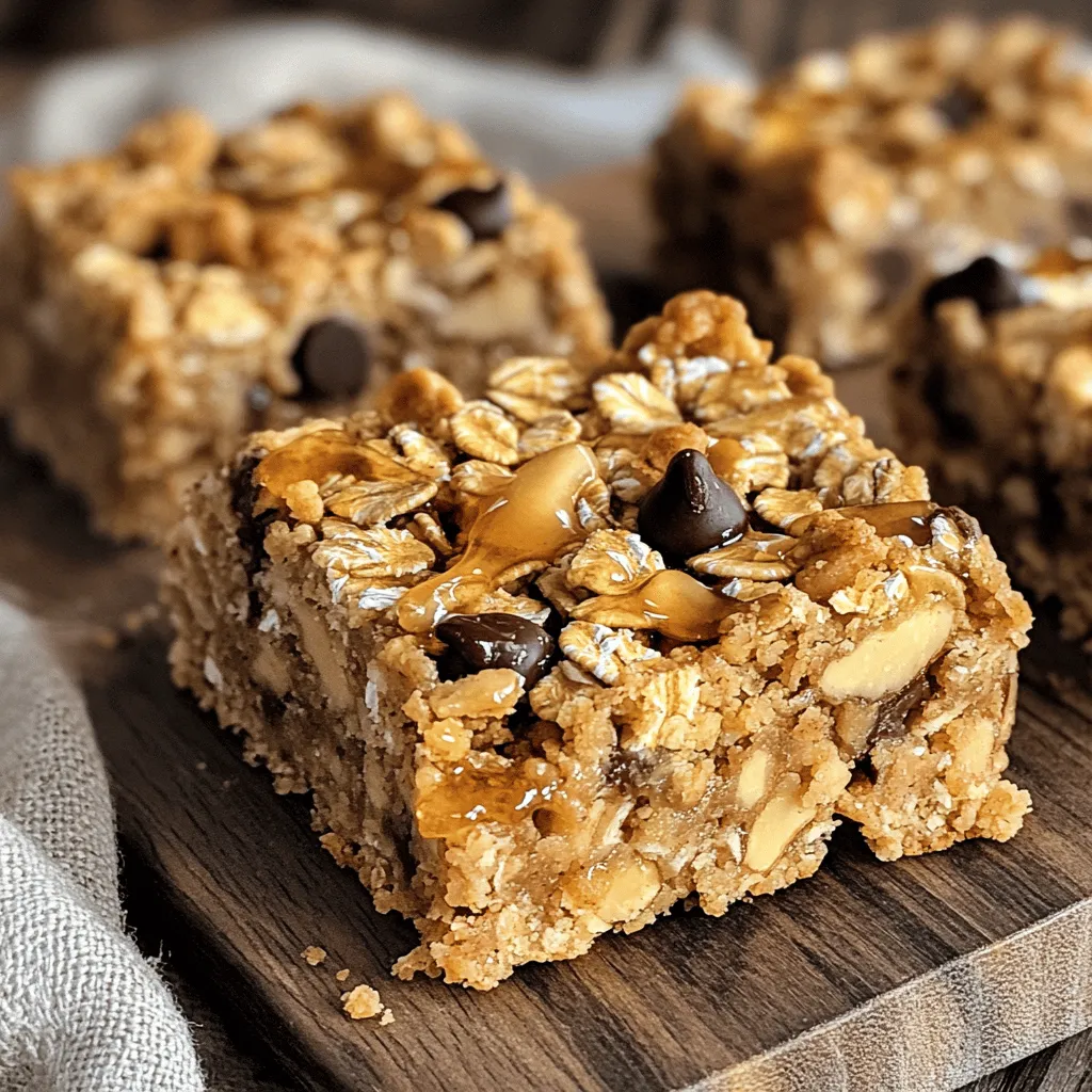 To make healthy peanut butter oat bars, gather these simple ingredients: - 2 cups rolled oats - 1/2 cup natural peanut butter - 1/4 cup honey or maple syrup (for a vegan option, use maple syrup) - 1/2 cup mashed ripe bananas (about 1 large banana) - 1/4 cup chopped nuts (almonds or walnuts work great) - 1/4 cup dark chocolate chips (optional but tasty) - 1/2 teaspoon vanilla extract - 1/2 teaspoon ground cinnamon - A pinch of salt Each bar is a powerhouse of nutrients. On average, one bar provides: - Calories: 150 - Protein: 4g - Carbohydrates: 20g - Fiber: 3g - Sugars: 5g - Fat: 7g (mostly healthy fats from nuts and peanut butter) These bars give you a great balance of protein, fiber, and healthy fats. They keep you full and satisfied without the crash that comes from sugary snacks. If you have allergies, you can still enjoy these bars. Here are some easy swaps: - Nut Butter: Use sunflower seed butter or soy nut butter for nut-free bars. - Sweeteners: Replace honey with agave syrup for a vegan option. - Oats: Choose certified gluten-free oats if needed. - Nuts: Omit nuts or use seeds like pumpkin or sunflower seeds. These substitutions let everyone enjoy healthy peanut butter oat bars, no matter their dietary needs. For the full recipe, you can follow the steps shared above. Start by preheating your oven to 350°F (175°C). Grab an 8x8 inch baking dish and line it with parchment paper. Leave some paper hanging over the edges. This makes it easy to lift the bars out later. In a large bowl, combine 2 cups of rolled oats and 1/4 cup of chopped nuts. You can use almonds or walnuts, depending on your taste. Stir these together with a big spoon until they mix well. This blend is the base for your bar. Take a medium bowl and add 1/2 cup of natural peanut butter, 1/4 cup of honey or maple syrup, and 1/2 cup of mashed ripe bananas. You will need about 1 large banana. Then, add 1/2 teaspoon of vanilla extract, 1/2 teaspoon of ground cinnamon, and a pinch of salt. Whisk everything together until the mixture is smooth and creamy. Pour the wet mixture into the bowl with the oats and nuts. Mix them with a wooden spoon or spatula until every oat and nut gets coated. If you're using dark chocolate chips, fold them in gently. Next, transfer this combined mixture into your prepared baking dish. Press it down firmly with a spatula or your hands. This step helps the bars stick together. Put the baking dish into the oven and bake for 20-25 minutes. Watch for a golden edge, which means they are ready. Once done, take them out and let them cool in the pan for about 10 minutes. Use the parchment paper to lift the bars out. Let them cool completely on a wire rack. After they cool, slice them into 12 equal bars. Enjoy your tasty and healthy treat from the Full Recipe! To get the best texture, press the mixture firmly into your baking dish. This helps the bars hold together well. If they are too loose, they may crumble when you slice them. Bake until the edges are just golden. This gives a nice crispness while keeping the center chewy and soft. When it comes to peanut butter, choose a natural brand. Look for one with just peanuts and maybe a pinch of salt. Avoid brands with added sugar or oils. This keeps the bars healthier and more flavorful. The creaminess of the peanut butter affects the final texture, so pick one you love. You can easily change the flavor of your bars. Try adding spices like nutmeg or ginger for warmth. You can also use mix-ins like dried fruit or seeds for crunch and taste. Dark chocolate chips add a sweet touch, while chopped nuts bring a satisfying crunch. Get creative and find your favorite combo! {{image_4}} You can easily make these oat bars vegan. Simply swap honey for maple syrup. Use ripe bananas for moisture and sweetness. This keeps the bars delicious and plant-based. For a gluten-free version, ensure you use certified gluten-free oats. You can still enjoy the same great taste and texture. This way, you can share them with friends who need gluten-free options. You can add fun flavors to your oat bars. Consider mixing in dried fruits like cranberries or raisins. Nuts like almonds or walnuts add crunch and protein. Seeds such as chia or flax can boost nutrition too. Even a sprinkle of cinnamon or nutmeg can change the flavor. Get creative and find your favorite mix! To keep your healthy peanut butter oat bars fresh, store them in an airtight container. This will help maintain their taste and texture. You can place parchment paper between layers to prevent sticking. Store them at room temperature for up to a week. If you want them to last longer, consider freezing them. Freezing is an excellent way to keep your oat bars for a longer time. To freeze, start by cutting the bars into individual pieces. Wrap each piece tightly in plastic wrap or foil. Place the wrapped bars in a freezer-safe bag or container. They can last for up to three months in the freezer. When you want one, just take it out and let it thaw at room temperature. When you're ready to enjoy your oat bars again, you can eat them cold or warm them up. For warming, unwrap the bar and place it on a microwave-safe plate. Heat for about 10-15 seconds. This will bring back some softness. If you prefer, you can also enjoy them with toppings like yogurt or fresh fruit. These options add more flavor and nutrition, making your snack even better. Yes, you can use other sweeteners. Options like agave syrup or coconut sugar work well. Each sweetener will change the flavor a bit, so choose one that you like. Honey and maple syrup are also great choices in the Full Recipe. These bars can last up to a week when stored in an airtight container. If you want to keep them longer, freeze them. They can stay fresh for about three months in the freezer. Yes! You can use quinoa flakes or ground oats if you prefer. Just make sure the texture is similar to rolled oats. This keeps the bars chewy and tasty. These oat bars pair well with yogurt, fresh fruit, or a drizzle of honey. You can also enjoy them with a glass of milk or a smoothie. They make a great snack or quick breakfast option. Absolutely! You can replace peanut butter with sunflower seed butter. This keeps the bars nut-free but still delicious. The flavor will change, but they will still be tasty and nutritious. Healthy Peanut Butter Oat Bars are easy to make and fun to tweak. You’ve learned about the key ingredients, how to prep and bake, and storage tips. You can try vegan or gluten-free options based on your needs. Don’t forget to add your favorite flavors for a personal touch. With these bars, you have a tasty and healthy snack that keeps well. Enjoy them at home, school, or on the go!