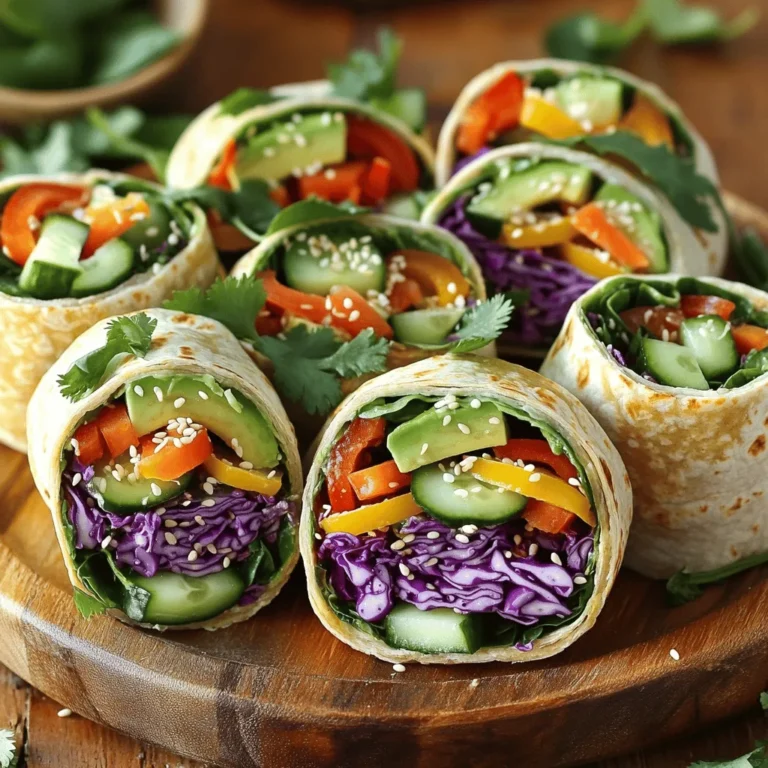 To make your Rainbow Veggie Wraps, you need a few simple items. These ingredients help create a colorful and tasty dish. Here’s what you will need: - Whole Grain or Spinach Tortillas - Hummus Options (Store-bought vs. Homemade) - Colorful Vegetables Selection You can use either whole grain or spinach tortillas. Whole grain adds nutty flavors and fiber. Spinach tortillas bring a nice green color and extra nutrients. Choose what you like best! For the spread, you can use store-bought hummus or make your own. Store-bought hummus is quick and easy. Homemade hummus allows you to control the flavors. Both options work well and taste great! The fun part is choosing colorful veggies! Here are some tasty options: - Shredded purple cabbage - Grated carrots - Diced cucumber - Thinly sliced red bell pepper - Thinly sliced yellow bell pepper - Sliced ripe avocado - Fresh baby spinach Using a variety of colors makes your wraps more appealing. Each vegetable adds a unique crunch and flavor. You can also add sesame seeds for a little extra crunch if you like! For the full recipe, check out the complete details to get started on your vibrant meal! 1. Spreading the Hummus Start with one tortilla on a clean surface. Use about 1/4 cup of hummus. Spread it evenly across the tortilla. Leave an inch around the edges. This helps with rolling later. 2. Layering the Vegetables Begin layering at one end of the tortilla. First, add a handful of fresh baby spinach. Next, pile on shredded purple cabbage. Then, add grated carrots and diced cucumber. You want a mix of colors and textures. Continue with sliced red and yellow bell peppers. These add more color and crunch. Finally, place slices of avocado on top. Sprinkle salt and pepper lightly for flavor. 3. Rolling the Wrap Fold in both sides of the tortilla over the veggies. Start rolling from the bottom. Roll it tightly to keep the filling secure. Repeat this with the other tortillas and ingredients. Once done, slice each wrap in half diagonally. Arrange the halves on a platter. For a final touch, add cilantro or mint leaves for freshness. For the full details, check the Full Recipe. Enjoy your colorful and healthy meal! Enhancing Flavor with Seasonings To make your Rainbow Veggie Wraps pop, add seasonings. A sprinkle of garlic powder or a dash of lemon juice lifts the taste. Try adding a pinch of cayenne for a kick. Fresh herbs like cilantro or mint also brighten the flavors. These small touches make a big difference. Suggestions for Texture Contrast Texture adds fun to your wraps. Use crunchy veggies like cucumbers and bell peppers. Creamy avocado balances crispness. For extra crunch, top with sesame seeds or sunflower seeds. Mixing these textures keeps each bite exciting. Presentation Tips for a Colorful Platter A colorful platter catches the eye. Arrange your wraps in a circle or create a rainbow pattern. Slice them in half to show off the vibrant layers. Garnish with fresh herbs for a pop of color. This makes your meal not only tasty but also beautiful. For a full guide on making these wraps, check out the Full Recipe. {{image_4}} Alternative Vegetables to Use You can switch up the veggies in your Rainbow Veggie Wraps. Try adding sliced radishes for a peppery bite. Zucchini adds a nice crunch too. For a sweeter touch, use roasted sweet potatoes. You can also mix in sprouts or kale for extra nutrients. Different Spreads for Variety Hummus is great, but you can use other spreads too. Try guacamole for a creamy twist. Cream cheese or a yogurt-based spread works well too. If you want a kick, add some spicy salsa or chipotle sauce. This keeps your wraps exciting! Adding Protein Options Need more protein? Add grilled chicken or turkey slices. Tofu or tempeh is perfect for a plant-based option. Canned chickpeas or black beans also give a good protein boost. These swaps will make your wraps filling and delicious. For more ideas, check out the Full Recipe to inspire your next meal! Refrigeration Guidelines To keep your Rainbow Veggie Wraps fresh, wrap them tightly in plastic wrap or foil. Place them in a container with a lid. Store them in the fridge for up to three days. Best Practices for Freezing If you want to freeze your wraps, wrap each one in plastic wrap. Then, place them in a freezer bag. You can freeze them for up to a month. To avoid sogginess, freeze without any sauces or dressings. Tips for Reheating and Serving When you are ready to eat your stored wraps, you can thaw them overnight in the fridge. For a warm wrap, heat it in a skillet for a few minutes on each side. This will crisp the tortilla and warm the veggies without losing flavor. Enjoy your meal with a fresh dip or sauce for extra taste. For the full recipe, check it out here. How can I make this recipe gluten-free? To make rainbow veggie wraps gluten-free, choose gluten-free tortillas. Many brands offer tasty options made from rice or corn. Check the labels to ensure they fit your needs. You can still fill them with the same colorful veggies and hummus. What are some healthy dip options to accompany the wraps? Pair your wraps with healthy dips like tzatziki, guacamole, or a yogurt-based sauce. These dips add flavor and creaminess. You can also try a spicy salsa or a simple vinaigrette for a zesty kick. Can I make these wraps in advance? Yes, you can prepare these wraps ahead of time. Wrap each one in plastic wrap or foil. Store them in the fridge for up to a day. This keeps them fresh and ready for a quick meal. Just remember to add your avocado right before serving, so it stays green! For the full recipe, check out the earlier sections. This post covered how to make tasty rainbow veggie wraps. We looked at the best tortillas and hummus options, along with vibrant veggies. I gave you easy steps for spreading, layering, and rolling your wraps. Tips for flavor and presentation will make your wraps pop. We also discussed swaps, protein, and storing extras. With these ideas, you can enjoy healthy and colorful meals anytime. Dive into your kitchen, and get creative with your wraps!