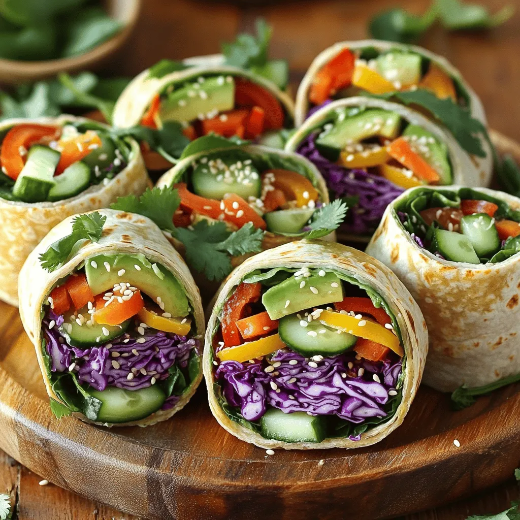 To make your Rainbow Veggie Wraps, you need a few simple items. These ingredients help create a colorful and tasty dish. Here’s what you will need: - Whole Grain or Spinach Tortillas - Hummus Options (Store-bought vs. Homemade) - Colorful Vegetables Selection You can use either whole grain or spinach tortillas. Whole grain adds nutty flavors and fiber. Spinach tortillas bring a nice green color and extra nutrients. Choose what you like best! For the spread, you can use store-bought hummus or make your own. Store-bought hummus is quick and easy. Homemade hummus allows you to control the flavors. Both options work well and taste great! The fun part is choosing colorful veggies! Here are some tasty options: - Shredded purple cabbage - Grated carrots - Diced cucumber - Thinly sliced red bell pepper - Thinly sliced yellow bell pepper - Sliced ripe avocado - Fresh baby spinach Using a variety of colors makes your wraps more appealing. Each vegetable adds a unique crunch and flavor. You can also add sesame seeds for a little extra crunch if you like! For the full recipe, check out the complete details to get started on your vibrant meal! 1. Spreading the Hummus Start with one tortilla on a clean surface. Use about 1/4 cup of hummus. Spread it evenly across the tortilla. Leave an inch around the edges. This helps with rolling later. 2. Layering the Vegetables Begin layering at one end of the tortilla. First, add a handful of fresh baby spinach. Next, pile on shredded purple cabbage. Then, add grated carrots and diced cucumber. You want a mix of colors and textures. Continue with sliced red and yellow bell peppers. These add more color and crunch. Finally, place slices of avocado on top. Sprinkle salt and pepper lightly for flavor. 3. Rolling the Wrap Fold in both sides of the tortilla over the veggies. Start rolling from the bottom. Roll it tightly to keep the filling secure. Repeat this with the other tortillas and ingredients. Once done, slice each wrap in half diagonally. Arrange the halves on a platter. For a final touch, add cilantro or mint leaves for freshness. For the full details, check the Full Recipe. Enjoy your colorful and healthy meal! Enhancing Flavor with Seasonings To make your Rainbow Veggie Wraps pop, add seasonings. A sprinkle of garlic powder or a dash of lemon juice lifts the taste. Try adding a pinch of cayenne for a kick. Fresh herbs like cilantro or mint also brighten the flavors. These small touches make a big difference. Suggestions for Texture Contrast Texture adds fun to your wraps. Use crunchy veggies like cucumbers and bell peppers. Creamy avocado balances crispness. For extra crunch, top with sesame seeds or sunflower seeds. Mixing these textures keeps each bite exciting. Presentation Tips for a Colorful Platter A colorful platter catches the eye. Arrange your wraps in a circle or create a rainbow pattern. Slice them in half to show off the vibrant layers. Garnish with fresh herbs for a pop of color. This makes your meal not only tasty but also beautiful. For a full guide on making these wraps, check out the Full Recipe. {{image_4}} Alternative Vegetables to Use You can switch up the veggies in your Rainbow Veggie Wraps. Try adding sliced radishes for a peppery bite. Zucchini adds a nice crunch too. For a sweeter touch, use roasted sweet potatoes. You can also mix in sprouts or kale for extra nutrients. Different Spreads for Variety Hummus is great, but you can use other spreads too. Try guacamole for a creamy twist. Cream cheese or a yogurt-based spread works well too. If you want a kick, add some spicy salsa or chipotle sauce. This keeps your wraps exciting! Adding Protein Options Need more protein? Add grilled chicken or turkey slices. Tofu or tempeh is perfect for a plant-based option. Canned chickpeas or black beans also give a good protein boost. These swaps will make your wraps filling and delicious. For more ideas, check out the Full Recipe to inspire your next meal! Refrigeration Guidelines To keep your Rainbow Veggie Wraps fresh, wrap them tightly in plastic wrap or foil. Place them in a container with a lid. Store them in the fridge for up to three days. Best Practices for Freezing If you want to freeze your wraps, wrap each one in plastic wrap. Then, place them in a freezer bag. You can freeze them for up to a month. To avoid sogginess, freeze without any sauces or dressings. Tips for Reheating and Serving When you are ready to eat your stored wraps, you can thaw them overnight in the fridge. For a warm wrap, heat it in a skillet for a few minutes on each side. This will crisp the tortilla and warm the veggies without losing flavor. Enjoy your meal with a fresh dip or sauce for extra taste. For the full recipe, check it out here. How can I make this recipe gluten-free? To make rainbow veggie wraps gluten-free, choose gluten-free tortillas. Many brands offer tasty options made from rice or corn. Check the labels to ensure they fit your needs. You can still fill them with the same colorful veggies and hummus. What are some healthy dip options to accompany the wraps? Pair your wraps with healthy dips like tzatziki, guacamole, or a yogurt-based sauce. These dips add flavor and creaminess. You can also try a spicy salsa or a simple vinaigrette for a zesty kick. Can I make these wraps in advance? Yes, you can prepare these wraps ahead of time. Wrap each one in plastic wrap or foil. Store them in the fridge for up to a day. This keeps them fresh and ready for a quick meal. Just remember to add your avocado right before serving, so it stays green! For the full recipe, check out the earlier sections. This post covered how to make tasty rainbow veggie wraps. We looked at the best tortillas and hummus options, along with vibrant veggies. I gave you easy steps for spreading, layering, and rolling your wraps. Tips for flavor and presentation will make your wraps pop. We also discussed swaps, protein, and storing extras. With these ideas, you can enjoy healthy and colorful meals anytime. Dive into your kitchen, and get creative with your wraps!