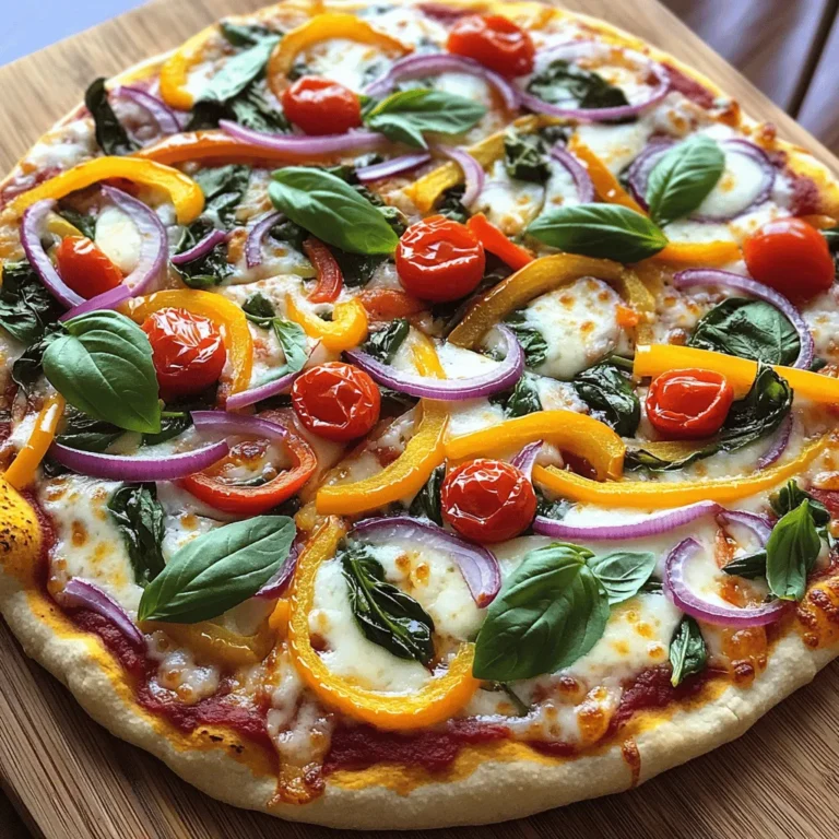 - 1 pre-made pizza crust - 1 cup pizza sauce - 1 ½ cups shredded mozzarella cheese - ½ cup sliced bell peppers (red, green, yellow) - ½ cup sliced red onion - 1 cup fresh spinach leaves - ½ cup sliced mushrooms (button or cremini) - ½ cup black olives, sliced - ½ cup cherry tomatoes, halved - 1 teaspoon dried oregano - 1 teaspoon garlic powder - Fresh basil leaves for garnish Loaded veggie pizza shines with its blend of flavors and colors. You can start with a pre-made pizza crust. This crust saves time and helps you focus on the toppings. Choose your favorite store-bought crust or use your homemade version. Next, spread a cup of pizza sauce evenly over the crust. Marinara sauce works great too. Now, let’s talk cheese. Use 1 ½ cups of shredded mozzarella cheese. The cheese melts beautifully and adds creaminess to every bite. For the veggie toppings, I love using a mix of bell peppers. They add sweetness and color to the dish. Slice up red, green, and yellow bell peppers for a vibrant look. Add some sliced red onion for a bit of zing. Fresh spinach leaves bring a pop of green and are packed with nutrients. You can also add sliced mushrooms, black olives, and halved cherry tomatoes for extra flavor. To make it even tastier, sprinkle on some dried oregano and garlic powder. These spices boost the taste and make your pizza more aromatic. Finally, add fresh basil leaves as a garnish. They add a lovely touch and a burst of freshness. This loaded veggie pizza is not only colorful and tasty, but it is also healthy. You can enjoy it guilt-free, knowing you are eating plenty of veggies. For the full recipe, check out the details above. - Preheat oven to 475°F (246°C). - Position pre-made pizza crust on a baking sheet or pizza stone. Start by heating your oven. A hot oven makes the crust crispy. While it heats, get your pizza crust ready. Place it on a baking sheet or pizza stone. This choice helps with even cooking. - Spread pizza sauce over the crust. - Layer mozzarella cheese and distribute toppings evenly. Now, take your pizza sauce. Spread it over the crust, leaving a small edge. This edge will rise and give you a nice crust. Next, sprinkle half of the mozzarella cheese on the sauce. This helps hold the toppings. Add your veggie toppings next. Use bell peppers, red onion, spinach, mushrooms, black olives, and cherry tomatoes. Make sure to spread them evenly. This step is key for a good bite every time. - Add seasonings and final cheese layer. - Bake for 12-15 minutes until golden brown. Sprinkle your seasonings now. Use garlic powder and dried oregano for great flavor. If you like heat, add red pepper flakes. Finally, top with the rest of the mozzarella cheese. Slide your loaded veggie pizza into the oven. Bake for 12-15 minutes. Watch for that golden brown color. When it’s done, let it cool for a few minutes. This helps with slicing. Serve hot and enjoy the taste of fresh veggies! For the full recipe, check out the section above. To get a great crust, you need heat. Preheat your oven to 475°F (246°C). This high heat helps the crust get crispy. You can use either a pizza stone or a baking sheet. A pizza stone gives a really nice crust. It holds heat well and cooks evenly. If you use a baking sheet, make sure it’s hot before placing the pizza on it. Both methods work, but a stone is best if you have one. Layering your toppings is key for a great look and taste. Start with sauce, then cheese, and finally, your veggies. Spread your toppings evenly. This helps each slice have a bit of everything. For a fun look, mix the colors of your veggies. Use red, green, and yellow bell peppers. Balance flavors with crunchy veggies like onions and soft ones like mushrooms. This makes each bite exciting. If you like spice, add some heat to your pizza! You can use red pepper flakes for a kick. Just sprinkle them on top before baking. If you want more flavor, try jalapeños or pepperoncini. They add spice and taste. For a milder option, consider using a spicy sauce or infused oils. These choices let you control the heat level in a fun way. You can check the Full Recipe for more tips! {{image_4}} For a vegan loaded veggie pizza, you can swap cheese for plant-based options. Options like cashew cheese or almond cheese work well. They melt nicely and add creaminess. You can also use nutritional yeast for a cheesy flavor. For protein, think about using toppings like chickpeas or lentils. These add a hearty bite. You might also add vegan sausage or tempeh. Both give great flavor and texture. If you need a gluten-free option, choose gluten-free pizza crusts. You can find these in stores or make one at home. Many brands now offer tasty, ready-made crusts. For the sauce, marinara is safe and delicious. You can also try pesto or a white sauce. Both add unique flavors. Top your pizza with your favorite veggies, but check the labels for gluten. Using seasonal vegetables can make your pizza special. In summer, add zucchini, fresh corn, or ripe tomatoes. These veggies bring bright flavors to the dish. In fall, try butternut squash or Brussels sprouts. Roasted sweet potatoes also add a nice touch. These seasonal ingredients enhance taste and give a beautiful look. Storing uneaten pizza the right way keeps it fresh. First, slice the pizza into wedges. Then, place the slices in an airtight container. You can also wrap them in plastic wrap. Make sure to store it in the fridge. It lasts up to three days. After that, the flavors fade, and the crust can get soggy. Freezing loaded veggie pizza is easy. First, let the pizza cool completely. Then, slice it into portions. Wrap each piece in plastic wrap. After that, place the wrapped slices in a freezer bag. Make sure to remove as much air as possible. You can freeze it for up to three months. When you want to eat it, take it out and let it thaw in the fridge overnight. Reheat the pizza in the oven at 375°F (190°C) for about 10-15 minutes. This helps keep the crust crispy. Meal prep makes weeknight dinners quick. You can make the pizza ahead of time. Bake it and let it cool. Then, store it in the fridge for quick meals. You can also prep the toppings and sauce a day before. Keep them in separate containers. This way, you can assemble and bake your pizza in no time. Always remember to use fresh veggies for the best taste. For more tips, check out the Full Recipe to explore different ways to enjoy your loaded veggie pizza! To make loaded veggie pizza from scratch, start with the right ingredients. You can use a pre-made pizza crust or make your own dough. For a simple dough, mix flour, water, yeast, and salt. Let it rise, then roll it out. Here are the main ingredients you need: - 1 pre-made pizza crust - 1 cup pizza sauce - 1 ½ cups shredded mozzarella cheese - ½ cup sliced bell peppers - ½ cup sliced red onion - 1 cup fresh spinach leaves - ½ cup sliced mushrooms - ½ cup black olives - ½ cup cherry tomatoes - 1 teaspoon dried oregano - 1 teaspoon garlic powder - Red pepper flakes (optional) - Fresh basil leaves (for garnish) Gather these items, and you are ready to create your delicious pizza. For veggie pizza, you have many tasty options. Here are some popular choices that create great flavor: - Bell peppers: They add crunch and color. - Red onion: This gives a sweet and sharp taste. - Fresh spinach: Adds a nice green touch and is healthy. - Mushrooms: They provide a rich, earthy flavor. - Black olives: These add a salty kick. - Cherry tomatoes: They burst with sweetness when cooked. You can mix and match these veggies to find your favorite combo. Absolutely! While mozzarella is classic, you can try other cheeses too. Here are some good options: - Cheddar: It adds a sharp taste. - Feta: This gives a tangy flavor. - Gouda: Its creamy texture is delicious. - Vegan cheese: Perfect for plant-based diets. Feel free to experiment and find the cheese you love best! If you want the full recipe, check it out above. In this post, I covered how to make a Loaded Veggie Pizza. We started with the essential ingredients and learned the steps to prepare the crust and toppings. I shared tips for a perfect bake and tasty variations, including vegan and gluten-free options. Finally, we talked about storing leftovers and meal prep. Try out these methods and enjoy making this pizza yourself. You'll love the taste and ease!