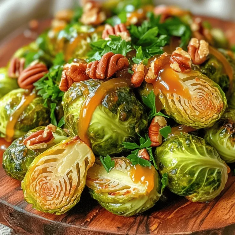 - 1 pound Brussels sprouts, trimmed and halved - 3 tablespoons extra virgin olive oil - 1/4 cup pure maple syrup - 2 tablespoons balsamic vinegar - 1 teaspoon Dijon mustard - 2 cloves garlic, finely minced - 1/2 teaspoon salt - 1/4 teaspoon freshly ground black pepper - 1/4 teaspoon red pepper flakes (optional) - 1/4 cup pecans, roughly chopped - Fresh parsley, finely chopped Using fresh and quality ingredients makes a big difference in flavor. Brussels sprouts are a great choice. They have a natural sweetness that pairs well with maple syrup. The olive oil adds richness, while balsamic vinegar gives a tangy twist. For the seasonings, Dijon mustard adds depth. Garlic brings a lovely aroma and enhances the dish. Salt and pepper balance the flavors. Red pepper flakes can kick up the heat if you like a little spice. Finally, the garnish of pecans gives a nice crunch. Fresh parsley adds color and freshness. Together, these ingredients create a dish that is not only tasty but also beautiful. Try this full recipe for a delightful experience! - Preheat your oven to 400°F (200°C). - Trim and halve the Brussels sprouts. Getting your oven hot is key. A hot oven helps the Brussels sprouts roast well. Trimming the sprouts makes them cook evenly. Halving them allows the glaze to seep in. - Toss Brussels sprouts with olive oil, salt, black pepper, and optional red pepper flakes. - Spread in a single layer on a baking sheet and roast for 20-25 minutes. Coating the sprouts in olive oil helps them brown. Salt and pepper add flavor. If you like heat, add red pepper flakes. Spread them out on the baking sheet so they don’t steam. Roasting them for 20 to 25 minutes gives a nice crispy finish. - Combine maple syrup, balsamic vinegar, Dijon mustard, and minced garlic in a saucepan. - Simmer and thicken the glaze for about 5 minutes. For the glaze, mix maple syrup, balsamic vinegar, Dijon mustard, and minced garlic. This combo adds sweet and tangy flavors. Simmer it for about 5 minutes to thicken. The warm glaze adds a delicious touch to the sprouts. Once you have the roasted Brussels sprouts, drizzle the warm maple glaze over them. Toss gently to coat every piece. For the full recipe, check the details above. To get the right glaze, aim for a syrupy texture. Start by mixing the maple syrup, balsamic vinegar, Dijon mustard, and garlic in a saucepan. Heat it gently. Stir until it simmers. This step is key. Let it simmer for about five minutes. The glaze will thicken as it cooks. When it comes to garnishing, pecans add crunch. Fresh parsley brings color. Both make the dish pop visually. Sprinkle them on top right before serving. This gives your dish a beautiful finish. Look for Brussels sprouts that are bright green. They should feel firm and heavy. Avoid any that are yellow or wilted. Fresh sprouts taste better and roast nicely. Store Brussels sprouts in the fridge. Keep them in a loose bag or container. They stay fresh for up to a week. Do not wash them until you're ready to cook. This keeps them crisp. Toss Brussels sprouts halfway through roasting. This helps them brown evenly. You want crispy edges and tender centers. It’s an important step for the best flavor. If you don’t want to roast, try sautéing. Use a pan and some oil. Cook them on medium heat for about ten minutes. This method gives you a different but tasty result. You can still use the maple glaze for flavor. {{image_4}} You can make maple glazed Brussels sprouts even tastier. Try adding pancetta or bacon. Both bring a savory depth to the dish. The salty, crispy bits contrast with the sweet glaze. This mix creates a balance that everyone will love. You can also add nuts or seeds for extra crunch. Pecans are great, but walnuts or sunflower seeds work well too. Just sprinkle them on top after roasting. They will add a nice texture and flavor boost. If you want a different sweet taste, use honey or agave syrup instead of maple syrup. Honey gives a floral note. Agave syrup is mild and smooth. Both options can create a unique twist on the classic flavor. To keep this dish vegan-friendly, stick to the maple syrup for sweetness. Avoid any animal products like bacon or butter. You can use a plant-based oil, like olive oil, for roasting. This way, you keep all the deliciousness while being kind to the planet. For the full recipe, check out the Maple Glazed Brussels Sprouts Delight section. To keep your maple glazed Brussels sprouts fresh, follow these steps. Allow them to cool down to room temperature. Place them in an airtight container. Store the container in your fridge. They will stay fresh for about three to four days. When you are ready to eat them, check the sprouts for any signs of spoilage. Reheating maple glazed Brussels sprouts can be easy. I recommend using a skillet for the best taste. Heat a bit of olive oil over medium heat. Add the sprouts and stir them gently. Cook for about five to seven minutes until they get warm. You can also use a microwave. Place the sprouts in a microwave-safe bowl. Heat them in short bursts of 30 seconds, stirring in between, until hot. This way, they keep their texture and flavor. Can you freeze maple glazed Brussels sprouts? Yes, you can! Start by letting them cool completely. Next, spread them in a single layer on a baking sheet. Freeze them for about one hour. Once frozen, transfer the sprouts to a freezer-safe bag. Remove as much air as possible before sealing. They will last for up to three months. When ready to eat, thaw them in the fridge overnight before reheating. Follow the reheating guidelines for the best results. For the full recipe, check out the Maple Glazed Brussels Sprouts Delight. How can I make maple glazed Brussels sprouts ahead of time? You can prepare the Brussels sprouts by cutting and seasoning them in advance. Store the seasoned sprouts in the fridge for up to one day. When ready, roast them as directed. For the glaze, you can make it a day ahead too. Just warm it before serving. What do I serve with maple glazed Brussels sprouts? These Brussels sprouts pair well with a variety of dishes. Try serving them with roasted chicken or pork. They also complement quinoa or rice nicely. For a vegetarian option, serve them with a hearty grain salad. Can I use frozen Brussels sprouts for this recipe? Yes, you can use frozen Brussels sprouts. However, they may not be as crispy. Make sure to thaw and drain them first. Toss them with olive oil and seasonings, then roast them longer to achieve a nice texture. What is the caloric content of maple glazed Brussels sprouts? A serving of maple glazed Brussels sprouts has about 150 calories. This includes the calories from the olive oil and maple syrup. Keep in mind that portion sizes can change the total calories. Are Brussels sprouts healthy? Yes, Brussels sprouts are very healthy! They are low in calories and high in fiber. They also contain vitamins C and K, along with antioxidants. Eating them can help support your immune system and overall health. What should I do if my Brussels sprouts are not crispy? If your Brussels sprouts are not crispy, check a few things. First, ensure you spread them out on the baking sheet. They need space to roast. If they are crowded, they will steam instead of roast. Also, make sure to toss them halfway through cooking for even crispiness. You can roast them longer if needed. Maple glazed Brussels sprouts are simple and tasty. You start with fresh sprouts, olive oil, and make a sweet glaze. Roasting adds flavor, and proper storage keeps leftovers fresh. You can add fun variations, like nuts or different sweeteners. Enjoy this dish as a side or main by cooking with care. These tips will help you create a delicious meal everyone will love. Embrace your cooking skills and impress your family and friends with this recipe!