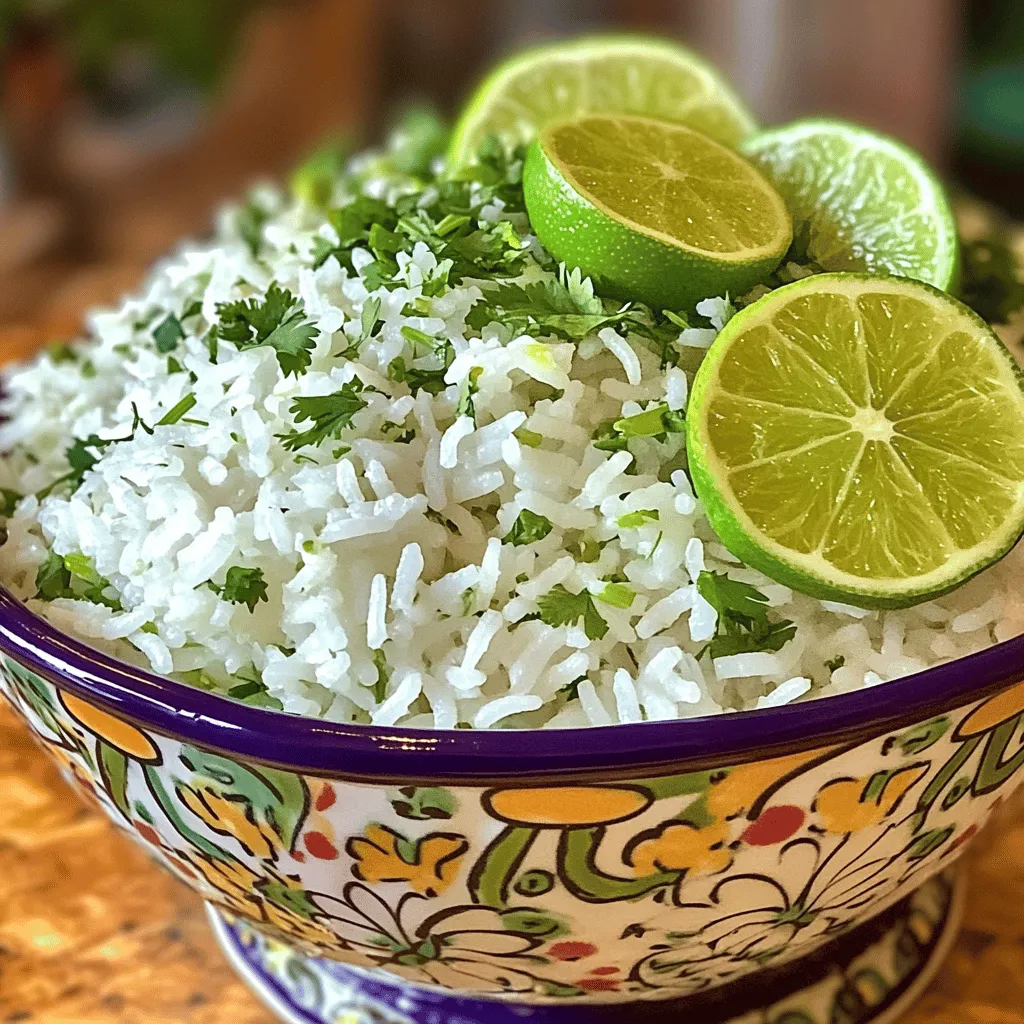 To make cilantro lime rice, you need the following ingredients: - 1 cup long-grain white rice - 2 cups vegetable broth (or water) - 1 tablespoon olive oil - 1 garlic clove, minced - Zest of 1 lime - Juice of 2 limes - 1/2 teaspoon salt - 1/4 teaspoon black pepper - 1/4 cup fresh cilantro, finely chopped You can elevate your dish with these simple garnishes: - Sliced lime - Additional cilantro Using fresh ingredients makes a big difference in flavor. Fresh cilantro adds a bright taste that dried herbs can't match. Lime juice brings zesty brightness that wakes up the rice. Always choose high-quality rice for the best texture. Fresh garlic is key, as it has a stronger and more vibrant flavor than jarred options. When you use fresh ingredients, your dish becomes more exciting and enjoyable. It’s all about getting the best flavors into your cooking. For the complete recipe, check out the Full Recipe section. To start, you need to rinse the rice. Place 1 cup of long-grain white rice in a fine mesh strainer. Rinse it under cold water until the water runs clear. This step removes excess starch, which can make the rice sticky. Once rinsed, drain the rice well. Next, grab a medium saucepan. Heat 1 tablespoon of olive oil over medium heat. When the oil is hot, add 1 minced garlic clove. Sauté for about 1 minute until it smells great. Then, add the drained rice and stir it into the garlic oil. Cook the rice for 2-3 minutes. You want it to toast lightly and look a bit golden. Now, pour in 2 cups of vegetable broth or water. Add the zest of 1 lime, 1/2 teaspoon of salt, and 1/4 teaspoon of black pepper. Stir everything together and bring it to a boil. After boiling, lower the heat. Cover the pot and let it simmer for 15-18 minutes. The rice should be soft and absorb all the liquid. Once the rice is done, take it off the heat. Keep the lid on for 5 more minutes. This resting time helps the rice get fluffy. After resting, fluff the rice gently with a fork. This breaks up any clumps. Squeeze in the juice of 2 limes and mix in 1/4 cup of finely chopped cilantro. Stir until everything is well blended. Taste your rice and add more salt or pepper if you like. For a great presentation, serve the rice in a nice bowl. You can top it with extra cilantro and lime slices. It looks pretty and tastes fresh! This cilantro lime rice goes well with grilled chicken, fish, or any dish you love. For the full recipe, check out the Cilantro Lime Rice Fiesta. Rinsing rice is key to great texture. Start by placing your rice in a fine mesh strainer. Run cold water over it for a few minutes. You want the water to run clear, showing you’ve washed away extra starch. This step helps prevent sticky rice and keeps each grain separate. To boost flavor, consider adding herbs or spices. Cilantro is a must for this dish, but you can also try adding a pinch of cumin for warmth. For a kick, mix in some diced jalapeños or a bit of chili powder. If you want a creamier texture, add a splash of coconut milk while cooking. This adds richness and pairs well with lime. One common mistake is not rinsing the rice. This leads to clumpy, sticky results. Another mistake is skipping the resting time after cooking. Letting it sit covered helps the rice steam and improves its texture. Lastly, don’t skip tasting before serving. Adjust the lime juice or salt to suit your taste. Remember, this dish needs balance between tart and savory! For the full recipe, check out the "Cilantro Lime Rice Fiesta ." {{image_4}} You can add creamy avocado to your cilantro lime rice. Simply dice one ripe avocado. After you fluff the rice, gently fold in the avocado. This adds rich flavor and texture. The creaminess balances the bright lime and fresh cilantro. It makes your meal heartier and more satisfying. If you love heat, try spicy cilantro lime rice. Add diced jalapeños or serrano peppers when sautéing the garlic. You can also stir in some cayenne pepper or chili powder with the salt and black pepper. This kick transforms your dish into a zesty delight. It pairs well with grilled meats and fish. To make this dish vegetarian or vegan, use vegetable broth or water for cooking. Stick to the listed ingredients for a fresh and tasty result. You can also add black beans or corn for extra protein and flavor. These additions make the rice a complete meal. You can enjoy it as a side or a main dish. For the full recipe, check out the Cilantro Lime Rice Fiesta. Store your leftover cilantro lime rice in an airtight container. Let it cool first. Place it in the fridge for up to four days. If you want to keep it longer, consider freezing it. To reheat, take the rice out of the fridge. You can use a microwave or a stovetop. If microwaving, add a splash of water to keep it moist. Heat in 30-second bursts until warm. If using the stovetop, warm it in a pan over low heat, stirring often. For freezing, pack the rice in a freezer-safe bag. Remove as much air as possible. Label the bag with the date. It can stay frozen for up to three months. When ready to use, thaw it in the fridge overnight. Reheat as needed. This method keeps the flavor fresh and vibrant. For the full recipe, check out the detailed instructions above. Yes, you can use brown rice. Brown rice takes longer to cook than white rice. Use 2 1/2 cups of vegetable broth instead of 2 cups. The cooking time will increase to about 40-45 minutes. Brown rice adds a nutty flavor and more fiber. Cilantro lime rice is very versatile. It pairs well with many dishes, such as: - Grilled chicken - Fish tacos - Black bean burritos - Shrimp stir-fry - Fajitas These dishes complement the bright flavors of the rice. You can easily make cilantro lime rice ahead of time. Cook the rice as instructed and let it cool. After it cools, store it in an airtight container. Keep it in the fridge for up to three days. When you are ready to serve, simply reheat it in the microwave. Add fresh lime juice and cilantro for the best taste. For the full recipe, check out the detailed instructions above. Cilantro lime rice is a bright and tasty side dish. It is easy to make and pairs well with many meals. Here is how to prepare it. - 1 cup long-grain white rice - 2 cups vegetable broth (or water) - 1 tablespoon olive oil - 1 garlic clove, minced - Zest of 1 lime - Juice of 2 limes - 1/2 teaspoon salt - 1/4 teaspoon black pepper - 1/4 cup fresh cilantro, finely chopped - Optional: sliced lime and additional cilantro for garnish Fresh ingredients make a big difference. They add flavor and color. For the best taste, use fresh cilantro and ripe limes. This dish shines with vibrant flavors. 1. Rinse your rice under cold water. This step removes extra starch. Rinse until the water is clear. 2. Heat olive oil in a saucepan over medium heat. Add minced garlic and sauté for one minute until fragrant. 3. Add the drained rice to the pot. Stir it into the oil and garlic. Toast the rice for 2-3 minutes until it turns golden. 4. Pour in the broth, lime zest, salt, and pepper. Stir well, and bring it to a boil. 5. Once it boils, lower the heat. Cover and let it simmer for 15-18 minutes. The rice should absorb all the liquid. 6. After cooking, let it sit for 5 minutes with the lid on. This helps the rice steam and become fluffy. 7. Fluff the rice with a fork. Mix in lime juice and chopped cilantro evenly. Taste and adjust seasoning if needed. Serve in a decorative bowl for a festive look. Add extra cilantro and lime slices on top. This rice pairs well with grilled meats or seafood. For the full recipe, check out the steps above. Enjoy your cooking! This post shared all you need for Cilantro Lime Rice. We explored fresh ingredients, simple steps, and tips for best results. I also highlighted tasty variations to try. Remember, using fresh ingredients makes a big difference. Finally, enjoy this dish with other meals. Whether you're serving it with tacos or as a side, it adds flavor. Enjoy cooking and experimenting with your own twists!