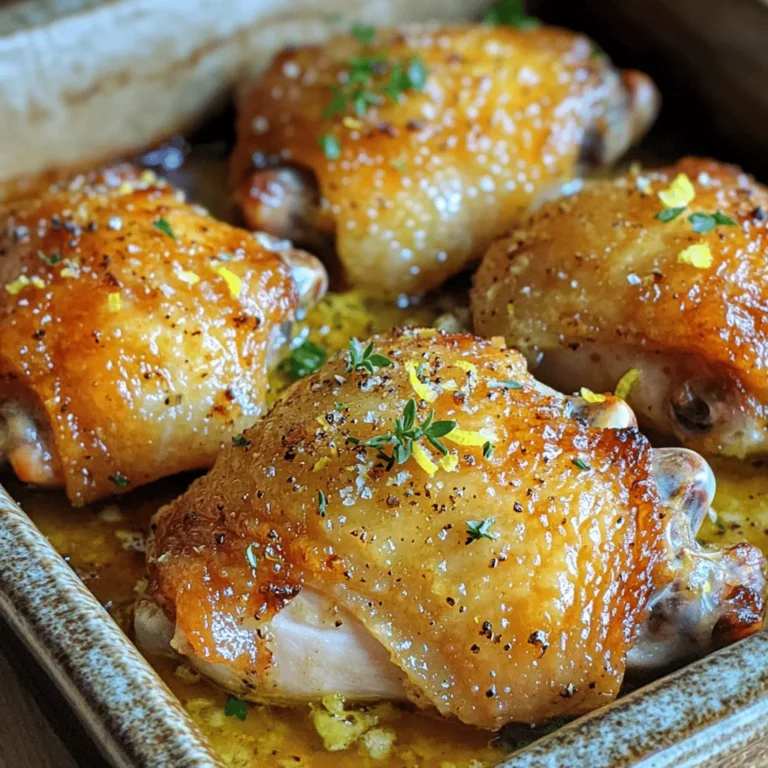 - 4 chicken thighs, bone-in and skin-on Using bone-in and skin-on chicken thighs gives you flavor and moisture. The bone adds depth, while the skin crisps up nicely during roasting. This combination makes the meat juicy and tender. - 4 cloves garlic, finely minced - 2 lemons (zest and juice) - 3 tablespoons extra virgin olive oil - 2 teaspoons fresh thyme leaves, picked - 1 teaspoon smoked paprika - Salt and pepper, to taste The marinade is simple yet packed with flavor. Garlic gives a punch, while lemons add brightness. Olive oil keeps everything moist and helps the skin crisp. Fresh thyme brings a lovely aroma, and smoked paprika adds warmth. Don’t forget salt and pepper; they enhance all the flavors. - Fresh parsley, chopped A sprinkle of fresh parsley adds a burst of color and a fresh taste. It’s a great way to finish your dish and make it look beautiful. For the full recipe, you can refer to the entire cooking process for more detailed steps. Start by preheating your oven to 425°F (220°C). This temperature is perfect for roasting chicken thighs. A hot oven helps the skin get crispy while keeping the meat juicy. Next, let’s make the marinade. In a small bowl, mix together: - 4 cloves garlic, finely minced - Zest from 2 lemons - Juice from 2 lemons - 3 tablespoons extra virgin olive oil - 2 teaspoons fresh thyme leaves - 1 teaspoon smoked paprika - Salt and pepper, to taste Stir this mixture well. The smell will be amazing! For the best flavor, let the chicken marinate. You can leave it at room temperature for 30 minutes or in the fridge for up to 2 hours. Now, let's roast the chicken. Place the marinated thighs in a baking dish, skin-side up. This way, the skin will get crispy as it cooks. Put the dish in your preheated oven. Roast the chicken for 35-40 minutes. Use a meat thermometer to check for doneness. The internal temperature should reach 165°F (74°C) in the thickest part of the thigh. For extra crispiness, broil the chicken for the last 2-3 minutes. Just keep a close watch to avoid burning. Once cooked, take the chicken out of the oven and let it rest for 5-10 minutes. This step helps make the chicken tender and juicy. Garnish your dish with fresh parsley and drizzle the pan juices over the top. Enjoy the full recipe for Lemon Garlic Roasted Chicken Thighs! For the best flavor, marinate your chicken thighs for at least 30 minutes. If you have time, refrigerate them for up to 2 hours. This longer marination will help the chicken soak up the bright lemon and bold garlic flavors. To achieve crispy skin, start with high heat. Preheat your oven to 425°F (220°C). Place the chicken thighs skin-side up in the baking dish. This position allows the skin to crisp up nicely while cooking. You can even broil the chicken for the last few minutes to add extra crunch. Using a meat thermometer is key. Check the thickest part of the thigh. The internal temperature should reach 165°F (74°C). This ensures your chicken is safe to eat and juicy. Always trust your thermometer for perfect results. For the complete recipe, check the [Full Recipe]. {{image_4}} You can change the flavor by using different herbs. Thyme works well, but rosemary adds a nice twist. Simply swap thyme for fresh rosemary in the recipe for a more earthy taste. You may also try oregano or basil for a Mediterranean flair. Mixing herbs can make your dish unique. You don’t have to roast in the oven. An air fryer gives you crispy skin and juicy meat in less time. Set the air fryer to 380°F (193°C) and cook for about 20-25 minutes. You can also grill the chicken for a smoky flavor. Just cook over medium heat, turning until they reach 165°F (74°C). Pair this dish with roasted vegetables or a light salad. The bright lemon flavor works well with greens like arugula or spinach. You might also serve it with a creamy garlic sauce or a zesty chimichurri. Each bite will be a burst of flavor. For a full experience, check the Full Recipe for more ideas. To keep your Lemon Garlic Roasted Chicken Thighs fresh, store them in an airtight container. Place the chicken in the fridge within two hours of cooking. Always cover it well to prevent drying out. The chicken lasts up to four days in the fridge. For best results, keep the skin on until serving to retain moisture and crispiness. If you want to save leftovers, freezing is a great option. Wrap each chicken thigh tightly in plastic wrap, then place them in a freezer bag. Remove as much air as possible. Label the bag with the date. Frozen chicken thighs can last up to three months. When you’re ready to eat, thaw them in the fridge overnight for best texture. To reheat, the oven is your best friend. Preheat your oven to 350°F (175°C). Place the chicken thighs on a baking sheet. Cover them with foil to keep moisture in. Heat for about 20-25 minutes or until warm. You can also microwave them, but this may make the skin less crispy. For the best flavor and texture, stick to the oven method. Enjoy your Lemon Garlic Roasted Chicken Thighs even after the first meal! For the full recipe, check out the [Full Recipe]. You can pair this dish with many sides. Some great options are: - Roasted vegetables like carrots and potatoes. - A fresh green salad with light dressing. - Steamed broccoli or green beans for crunch. - Garlic bread to soak up the tasty juices. These sides balance the flavors of the chicken. They also add color to your plate. Yes, you can use boneless chicken thighs. They cook faster than bone-in thighs. - Expect to reduce your cooking time by about 10-15 minutes. - Boneless thighs may not get as crispy as those with skin. - They can be just as juicy and flavorful if cooked right. Check a few signs to know your chicken is ready: - The skin should be golden brown and crisp. - Juices should run clear when you cut into the meat. - Use a meat thermometer to check the internal temperature. It should be at least 165°F (74°C). These signs ensure your chicken is safe and tasty to eat. In this post, we explored how to make tasty lemon garlic roasted chicken thighs. You learned about key ingredients like bone-in chicken, fresh herbs, and spices. I shared a step-by-step guide, from marinating to roasting. Tips helped you get that crispy skin. You also discovered variations, storage tips, and answers to common questions. Perfecting this dish can really elevate your meal. Enjoy your cooking and savor every bite!