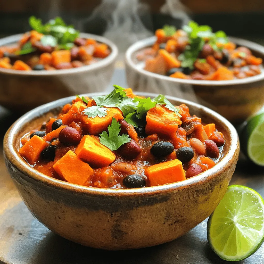 - Sweet potatoes, black beans, kidney beans - Diced tomatoes, vegetable broth - Onion, garlic, bell pepper - Spices: chili powder, cumin, smoked paprika, cayenne pepper - Olive oil, sea salt, black pepper - Garnish: fresh cilantro To make Vegan Sweet Potato Chili, you need simple and fresh ingredients. Sweet potatoes are the star, giving a sweet and hearty base. Black beans and kidney beans add protein and fiber. Diced tomatoes bring acidity and juiciness, while vegetable broth enhances flavor. You’ll want to finely chop an onion and mince garlic for depth. A bell pepper adds color and crunch. The spices are key: chili powder for warmth, cumin for earthiness, smoked paprika for richness, and cayenne pepper for heat. Use extra virgin olive oil to sauté the veggies. Sea salt and black pepper round out the dish. Finally, fresh cilantro gives a bright finish. This recipe is perfect for a cozy meal. - Calories per serving: Approximately 350 - Protein: 15 grams - Fat: 7 grams - Carbohydrates: 60 grams - Fiber content: 15 grams - Vitamins: High in vitamin A and C This chili is not just tasty; it's also good for you. Each serving has about 350 calories, making it a filling option. You get protein from the beans, which helps build muscle. Sweet potatoes provide vitamins and fiber, supporting digestion. - Gluten-free options: All ingredients are naturally gluten-free. - Possible ingredient substitutes: Use any beans you prefer. Swap sweet potatoes for butternut squash, if desired. - Adjustments for low-sodium diets: Use low-sodium vegetable broth and skip added salt. You can customize this chili to fit your diet. If you need gluten-free meals, you’re in luck! This recipe uses only gluten-free items. If you want to change the flavor, try different beans or squash. For low-sodium diets, just swap in low-sodium broth. For the full recipe, visit the [Full Recipe]. Enjoy making this hearty meal! Start by prepping your veggies. Peel the sweet potatoes and chop them into 1-inch cubes. Next, finely chop the onion and bell pepper. When using a knife, keep your fingers safe. Curl your fingertips in while holding the veggie. This helps to avoid cuts and makes chopping easier. Now, let’s cook! Heat olive oil in a large pot over medium heat. Add the chopped onion and bell pepper. Sauté them until they soften. This usually takes about five minutes. Next, add minced garlic and stir for one minute. You want it to smell great! Then, add the diced sweet potatoes to the pot. Stir well and cook for 5-7 minutes. This helps them start to soften. Now, it’s time to add the spices. Sprinkle in chili powder, ground cumin, smoked paprika, and cayenne pepper. Stir everything to coat the sweet potatoes well. Pour in the diced tomatoes and vegetable broth. Bring the mixture to a quick boil. Once it boils, lower the heat to a gentle simmer. Cover the pot and let it simmer for 20-25 minutes. This will make the sweet potatoes fork-tender. After simmering, stir in the black beans and kidney beans. Let the chili simmer uncovered for another 10 minutes. This heats everything through. Taste your chili and adjust the seasonings if needed. Finally, serve it hot and garnish with fresh cilantro. Enjoy your hearty and flavorful meal! For the full recipe, check out the details above. To make your vegan sweet potato chili shine, start with spice levels. You can add more cayenne for heat or less if you prefer mild. Taste as you cook. This helps you find the right balance. Herbs can enhance the taste too. Fresh cilantro adds brightness. You can also try adding dried oregano for a warm flavor. Just remember, add herbs near the end of cooking to keep their taste fresh. Simmering is key for great chili. Bring your chili to a boil first, then reduce the heat. Cover the pot and let it simmer. This allows the flavors to blend well. Simmer for about 20-25 minutes to get the sweet potatoes just right. To avoid mushy sweet potatoes, cut them into 1-inch cubes. This size cooks evenly. Stir gently in the pot to prevent them from breaking apart. Serving your chili in bright bowls makes it pop. Lime wedges add a zesty touch. A sprinkle of fresh cilantro on top brings color and flavor. Toppings can elevate your meal. Try avocado slices for creaminess or crushed tortilla chips for crunch. You can also serve the chili with warm cornbread or over fluffy rice for a filling meal. For the full recipe, check out the complete guide. {{image_4}} You can easily change this vegan sweet potato chili to suit your taste. Adding other vegetables makes it fun and colorful. Try adding chopped carrots or corn for sweetness and crunch. You can also toss in zucchini or spinach for more greens. For protein, consider adding lentils or quinoa. Lentils cook fast and add a hearty texture. Quinoa is a great source of protein and gives a nice bite. Both options make the chili even more filling. Change the flavor of your chili by adding different ingredients. For a Mexican twist, squeeze some lime juice and top with avocado. This adds a fresh taste and creamy texture. If you want an Italian flair, mix in fresh basil and oregano. These herbs give the chili a warm and earthy feel. You can also add a splash of balsamic vinegar for a tangy kick. There are many ways to serve this chili. One tasty option is to use it as a topping for baked potatoes. The fluffy potato pairs well with the chili's richness. Another idea is to serve it over rice or quinoa. This adds another layer of flavor and makes your meal heartier. You can even serve it in a bowl with crunchy tortilla chips on the side for a fun twist. For a full experience, check out the [Full Recipe]. To store leftover chili, let it cool first. Use an airtight container. Place it in the fridge. It will stay fresh for about five days. If you want to store it longer, freeze it. For freezing, use freezer-safe containers. Leave some space for expansion. Seal tightly to avoid freezer burn. When you are ready to eat, reheat the chili gently. Use a pot on the stove or a microwave. If using the stove, heat on low. Stir it often to avoid sticking. For the microwave, place it in a bowl. Heat in short intervals, stirring in between. Aim for a temperature of 165°F (74°C) for safe eating. Chili lasts about five days in the fridge. If you freeze it, it can last up to three months. Check for signs of spoilage. If it smells sour or looks strange, throw it out. Always trust your senses when it comes to food safety. Enjoy your Vegan Sweet Potato Chili fresh and delicious! It takes about one hour to make this chili. You will spend 15 minutes prepping and 45 minutes cooking. This time includes sautéing veggies and simmering the chili. Yes, making this chili ahead of time is a great idea. You can store it in the fridge for up to five days. The flavors will deepen and become even better when you let it sit. You can also freeze it for up to three months. Just thaw it overnight in the fridge before reheating. You can serve this chili with many sides. Here are a few ideas: - Cornbread or tortilla chips - A fresh green salad - Avocado slices or guacamole - Rice or quinoa for a hearty meal - Lime wedges to add a zesty kick For more delicious ideas, check out the Full Recipe. This guide covered how to create a delicious Vegan Sweet Potato Chili. We explored essential ingredients, nutritional benefits, and meal prep tips. Remember, you can make this dish your own by adjusting spices or adding different vegetables. Storage and reheating methods ensure your leftovers stay tasty. Enjoy the process of cooking, and don’t hesitate to experiment with flavors. Healthy meals can be simple and fun. You'll impress everyone with your chili creation while fueling your body right.
