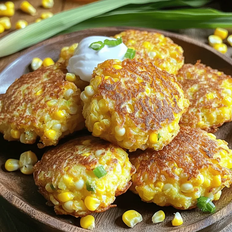 - 2 cups fresh corn kernels (or canned corn) - 1/2 cup all-purpose flour - 1/4 cup cornmeal - 1 large egg - 1/2 cup milk - 1 tablespoon baking powder - 1 teaspoon paprika - 1/2 teaspoon salt - 1/4 teaspoon black pepper - 1/4 cup green onions, finely chopped - 1/4 cup grated cheddar cheese (optional) - Oil for frying (vegetable or canola oil works best) When I make sweet corn fritters, I love using fresh corn. It adds a sweet crunch. If fresh corn isn't available, canned corn works too. Just make sure to drain it well. For the batter, I combine all-purpose flour and cornmeal. This mix gives the fritters a nice texture. I always add a large egg and milk to bind everything together. The egg helps with fluffiness, while the milk keeps it moist. To amp up the flavor, I add baking powder, paprika, salt, and black pepper. These spices create an exciting taste that keeps you coming back for more. Lastly, I love to fold in finely chopped green onions. They give the fritters a burst of color and flavor. If you want to make it extra special, add some grated cheddar cheese. It melts beautifully and adds a rich taste. Don't forget the oil for frying! Vegetable or canola oil works best. It ensures the fritters fry evenly and get that perfect golden color. For the full recipe, you can refer to the detailed instructions above. - In a large mixing bowl, combine 2 cups of fresh corn kernels, 1/2 cup of all-purpose flour, 1/4 cup of cornmeal, 1 tablespoon of baking powder, 1 teaspoon of paprika, 1/2 teaspoon of salt, and 1/4 teaspoon of black pepper. Mix these dry ingredients well. - In a separate bowl, whisk 1 large egg and 1/2 cup of milk until the mixture is light and frothy. - Pour the egg and milk mix into the bowl of dry ingredients. Stir gently until just combined. Be careful not to overmix. If you like, fold in 1/4 cup of finely chopped green onions and 1/4 cup of grated cheddar cheese. - Heat about 1/4 inch of oil in a large skillet over medium heat. Test if the oil is hot enough by dropping a small amount of batter into it. If it sizzles, you're ready! - Carefully drop spoonfuls of the batter into the skillet. Shape each spoonful into patties by flattening them slightly with the back of the spoon. - Fry the fritters for about 3-4 minutes on each side. You want them to be golden brown and crispy on the outside. - Once cooked, remove the fritters from the skillet using a slotted spoon. Place them on a plate lined with paper towels to drain any excess oil. - If you like, garnish the fritters with fresh herbs or serve them with a tasty dipping sauce. Enjoy your crispy and flavorful sweet corn fritters! For the full recipe, check out the detailed instructions above. To make your sweet corn fritters crispy, avoid overmixing the batter. Mix the wet and dry ingredients just until combined. This keeps the fritters light and fluffy. Also, make sure the oil is at the right temperature. If the oil is too cool, the fritters will absorb too much oil. A good test is to drop a small bit of batter into the oil. If it sizzles, you are ready to fry! You can boost the flavor of your fritters by adding spices and herbs. Try adding cumin for warmth or cilantro for freshness. Fresh ingredients make a big difference. Use fresh corn if possible, as it gives the fritters a sweet crunch. Fresh herbs also add bright notes that enhance the dish. You can prepare the fritter batter in advance. Just store it in the fridge for up to two hours before frying. This makes it easy for busy days. If you have leftovers, reheat them in a skillet over medium heat. This keeps them crispy and warms them through. Avoid using the microwave, as it makes them soggy. {{image_4}} You can easily make sweet corn fritters gluten-free. Use gluten-free flour instead of all-purpose flour. Some great options are almond flour or rice flour. These substitutes work well and keep the fritters crispy. Adjust the liquid in the recipe slightly if needed. Gluten-free flours can absorb more moisture. Just add a little extra milk if the batter seems too thick. If you want to make your fritters vegan, replace the egg with a flaxseed meal mixture. Mix one tablespoon of flaxseed meal with three tablespoons of water. Let it sit for about five minutes. For the milk, use almond milk or oat milk. You can also add vegan cheese for extra flavor. Look for brands that melt well and give that cheesy taste. Nutritional yeast is another great option to add a cheesy flavor without dairy. Sweet corn fritters are fun to customize! Try adding grated zucchini or diced bell peppers for extra veggies. These additions add color and nutrition. You can also explore spices to change up the flavor. A pinch of cumin or chili powder adds warmth. For an Asian twist, try adding a bit of ginger or sesame oil. The possibilities are endless, so feel free to experiment! To keep your fritters fresh, place them in a shallow container. Line the container with paper towels to soak up any moisture. Cover it tightly with a lid or plastic wrap. Store them in the fridge. This will help keep them crispy. Try to eat them within three days for the best taste. Freezing fritters is easy. First, let them cool completely on a wire rack. This prevents sogginess. Then, place the fritters in a single layer on a baking sheet. Freeze them for about one hour. Once frozen, transfer them to a freezer-safe bag. Squeeze out as much air as you can. To reheat, bake them in the oven at 350°F for about 15 to 20 minutes. This will make them crispy again. In the fridge, fritters last about three days. If you freeze them, they can last up to two months. Look for signs of spoilage. If they smell sour or have a strange texture, throw them away. Always trust your senses when checking food freshness. Sweet corn fritters last about 3 to 5 days in the fridge. To store them, place them in an airtight container. If you freeze them, they can last up to 3 months. Make sure to wrap them well in plastic wrap or aluminum foil before placing them in a freezer bag. This helps prevent freezer burn. Yes, you can make sweet corn fritters ahead of time. Prepare the batter and store it in the fridge for up to 24 hours. When you're ready to cook, just stir the batter and fry. If you have leftovers, reheat them in a skillet over medium heat. This keeps them crispy and warm. You can dip corn fritters in many tasty sauces. Some great options include: - Spicy aioli - Sweet chili sauce - Salsa - Sour cream or yogurt - Honey mustard These sauces add a nice kick and enhance the flavor of the fritters. Yes, you can use frozen corn for sweet corn fritters. Frozen corn is convenient and often sweeter. The downside is that it may have more water. Be sure to thaw and drain it well before using it in the batter. This avoids soggy fritters. To keep your fritters crispy, follow these tips: - Fry in hot oil, about 350°F (175°C). - Avoid overcrowding the pan; fry in batches. - Place cooked fritters on a wire rack instead of paper towels. This allows air to circulate and keeps them crispy longer. Sweet corn fritters are simple to make and so tasty. You learned the key ingredients, cooking steps, and storage tips. The options for variations, like gluten-free or vegan, add fun. Finally, enjoy these fritters with your favorite dips. Sharing them with friends and family will make mealtime special. Happy cooking, and enjoy every bite!