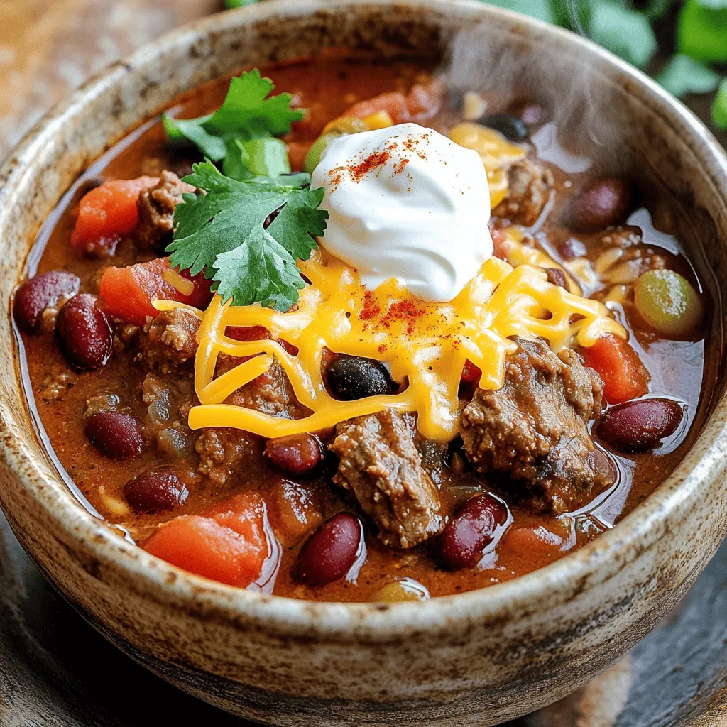 - 1 lb ground beef - 1 medium onion, diced - 2 cloves garlic, minced - 1 bell pepper (any color), diced - 1 can (15 oz) kidney beans, rinsed and drained - 1 can (15 oz) black beans, rinsed and drained - 1 can (28 oz) crushed tomatoes - 2 tablespoons chili powder - 1 teaspoon ground cumin - 1 teaspoon smoked paprika - ½ teaspoon cayenne pepper (optional for heat) - Salt and pepper to taste When I make this beef and bean chili, I focus on fresh ingredients. The ground beef is the star, providing richness and flavor. I use a medium onion and a bell pepper for sweetness. The garlic adds a pop of flavor that makes the dish aromatic. Beans are a key part of this recipe. I like kidney beans and black beans for texture and protein. They make the chili hearty and filling. Crushed tomatoes bring moisture and a nice balance to the dish. Spices are what make this chili sing. Chili powder gives it a warm kick. Cumin adds depth, while smoked paprika gives a hint of smokiness. If you want heat, cayenne pepper is an option. Always taste and adjust salt and pepper to suit your palate. This combination creates a comforting meal perfect for sharing with friends or family. For the full recipe, click here. - Heat olive oil in a large pot or Dutch oven. - Sauté onion and bell pepper for 5 minutes. - Add minced garlic and cook for an additional minute. To start, you need to heat olive oil in your pot. I prefer using a Dutch oven for this recipe. It holds heat well. After the oil is hot, toss in the diced onion and bell pepper. Stir them together for about five minutes. You want them tender and the onion to look clear. This step builds a nice base for your chili. Then, add in the minced garlic. It gives a wonderful aroma. Cook it for one more minute. - Add ground beef and break apart while cooking. - Drain excess fat after browning. Next, increase the heat a bit and add the ground beef. Use a spatula to break it apart as it cooks. Stir until it is all brown and no pink remains. This should take about five to seven minutes. Once browned, drain any extra fat. This helps keep your chili lean and tasty. - Stir in chili powder, cumin, paprika, and cayenne. - Add crushed tomatoes, kidney beans, and black beans. - Bring to a boil, then let simmer for 30-40 minutes. Now, it's time to spice things up! Sprinkle in the chili powder, cumin, smoked paprika, and cayenne if you like some heat. Stir well to mix everything together. Then, pour in the crushed tomatoes along with the kidney and black beans. Stir again to ensure all flavors mingle. Bring the chili to a gentle boil, then reduce the heat. Cover your pot and let it simmer for 30 to 40 minutes. This is where the magic happens! The longer it simmers, the better the flavors blend. Don't forget to stir occasionally to prevent sticking. For the full recipe, check out the earlier section. - Use fresh herbs for garnish like cilantro. They add bright flavor. - Adjust spice levels according to your taste. Want more heat? Add cayenne. - To achieve the perfect consistency, let the chili simmer. Stir often. This prevents sticking. - Use a Dutch oven for even cooking. It spreads heat well. - Top your chili with sour cream and shredded cheese for creaminess. - Pair it with cornbread or rice for a filling meal. Tortilla chips also work great! {{image_4}} You can easily change the ground beef in this chili. Try ground turkey or chicken. Both give great flavor and are leaner options. If you want a plant-based choice, use lentils or mushrooms. They add a nice texture and taste. For beans, you have options too. Pinto beans or white beans work well. They can change the taste a bit but still taste great. Mix and match what you have on hand. If you like milder chili, skip the cayenne pepper. You can add more crushed tomatoes to balance the heat. For a spicier kick, add extra cayenne or some chopped jalapeños. Want more texture? Add veggies like corn or zucchini. These not only add flavor but also make the dish more colorful. Chili is great on its own, but you can get creative. Serve it over rice for a hearty meal. You can also spoon it into tortilla wraps for a fun twist. For toppings, think beyond sour cream and cheese. Try avocado slices, green onions, or even crushed tortilla chips. These add a gourmet touch to your chili. It’s all about making it your own! For the complete method, check the Full Recipe. To store leftover chili, let it cool first. Place it in an airtight container. This keeps the chili fresh and tasty. You can keep it in the fridge for up to four days. When reheating, use a pot on low heat. Stir often to avoid sticking. You can add a splash of water if it seems too thick. For long-term storage, freezing is best. Let the chili cool completely, then transfer it to freezer-safe bags. Squeeze out any air before sealing. This prevents freezer burn. You can freeze the chili for up to three months. To thaw, place it in the fridge overnight. Reheat it on the stove, stirring until hot. You can also use a microwave, but stir halfway through. In the fridge, chili lasts about four days. In the freezer, it can stay good for three months. Always check for spoilage. If you see mold, or it smells off, throw it away. If the chili looks dry or discolored, it’s best not to eat it. Always trust your senses when it comes to food safety. For the full recipe, you can refer back to the Hearty Beef & Bean Chili section. Yes, you can make this chili in a slow cooker. Start by browning the beef in a pan. This step adds flavor. Next, add the beef and all other ingredients to your slow cooker. Stir well to combine everything. Set your slow cooker to low for 6-8 hours or high for 3-4 hours. This method lets the flavors blend beautifully. You’ll end up with a rich, hearty chili. There are many great sides for chili. Here are some ideas: - Cornbread - Tortilla chips - Rice - Salad - Avocado slices These sides add fun textures and flavors. You can also serve it with sour cream and cheese on top. This makes each bowl even better. If your chili is too thin, here are some tips: - Let it simmer longer to reduce liquid. - Mash some beans and add them back in. This thickens the mix. - Stir in a tablespoon of cornmeal or flour. - You can also add grated cheese for extra richness. These tips help you get that perfect, hearty texture. Enjoy your chili! This chili recipe combines simple ingredients and easy steps. Start with ground beef, beans, and spices. Follow the straightforward instructions for a tasty meal. You can spice it up or swap ingredients for your taste. Don’t forget to store leftovers well, so you can enjoy them later. Whether you use a slow cooker or serve it differently, this chili works for everyone. Enjoy making this dish and share it with others!