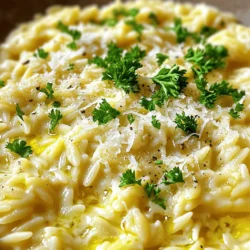 - 1 cup orzo pasta - 2 tablespoons extra virgin olive oil - 4 cloves of garlic, finely minced - 2 cups low-sodium vegetable broth - 1 cup heavy cream - 1 cup freshly grated Parmesan cheese - 1 teaspoon Italian seasoning blend - Salt and freshly cracked black pepper to taste - 1/4 cup fresh parsley for garnish Using fresh ingredients makes a big difference in this dish. Let's look at a few key points: - Quality of Parmesan cheese: Freshly grated Parmesan adds a rich flavor. It melts well and creates a creamy texture. Pre-grated cheese often lacks this quality. - Benefits of using low-sodium broth: Low-sodium broth controls the salt level. This allows you to season your dish perfectly. It also helps balance the creaminess. - Fresh parsley for flavor enhancement: Chopped fresh parsley brightens the dish. It adds a pop of color and freshness that makes each bite special. For the full recipe, check out the detailed instructions. Enjoy cooking this creamy delight! Start by heating the olive oil in a large saucepan over medium heat. Once the oil is hot, add the minced garlic. Sauté the garlic for about one minute. Keep stirring to prevent it from burning. Burnt garlic can ruin the taste of your dish. After the garlic is fragrant, pour in the vegetable broth. Bring the broth to a gentle simmer. This step infuses the broth with garlic flavor. Now it’s time to add the orzo. Pour the orzo into the simmering broth. Stir it well to avoid sticking. This is important, as orzo can clump together. Cook the orzo for 8 to 10 minutes. Stir occasionally and check the texture. You want it to be al dente, which means it should have a slight bite. Once the orzo is tender, lower the heat again. Stir in the heavy cream. Then, add the freshly grated Parmesan cheese. Mix everything together until the cheese melts fully. This creates a rich and creamy sauce. If you like, adjust the creaminess by adding more cream or cheese. It should be smooth and delicious, just like you want. To boost the taste of your creamy garlic Parmesan orzo, think about adding some optional spices. A pinch of red pepper flakes can add heat. You might enjoy a sprinkle of smoked paprika for a deeper flavor. Fresh herbs like thyme or basil can brighten the dish. Always taste as you go to find the right balance. Too much cream can dull the flavor, so adjust with salt and pepper. Cook your orzo until it’s al dente. This means it should be firm but not hard. Stir it often as it cooks to prevent sticking. After you mix in the cream and cheese, let the dish rest for a few minutes. This resting time helps thicken the orzo, making it creamier. Garnish your dish with fresh parsley. This adds color and freshness. Finely chop the parsley and sprinkle it on top just before serving. For serving, use a shallow bowl or a wide plate. This makes the dish look inviting and helps showcase the creamy sauce. You can even pair it with a side salad for a lovely meal. For the full recipe, check the Full Recipe above. {{image_4}} You can boost your creamy garlic Parmesan orzo by adding cooked vegetables. Spinach or mushrooms work well. They add color and nutrients. You can also mix in some cooked broccoli for a crunchy bite. If you want more protein, consider adding chicken or shrimp. Cooked chicken adds heartiness. Shrimp gives a nice seafood twist. Just make sure to cook them properly before mixing them in. If you need a gluten-free option, you can swap orzo for rice. It cooks similarly and absorbs flavors well. Brown rice adds a nutty taste, while white rice keeps it light. For a dairy-free version, use coconut milk instead of heavy cream. It gives creaminess and a hint of sweetness. You can also try cashew cream for a rich texture without dairy. Experimenting with different cheeses can change the dish's character. Try using feta or goat cheese for a tangy twist. You can also mix in some cheddar for a sharper flavor. Incorporate citrus or zesty flavors by adding lemon juice or zest. This brightens the meal and complements the garlic. A bit of zest can make your dish pop with freshness. For the Full Recipe, check the main section for detailed steps. To store your creamy garlic Parmesan orzo, use airtight containers. Glass or plastic containers work well. Make sure to let the orzo cool before sealing. This helps keep it fresh. You can keep it in the fridge for up to three days. If you want to store it longer, consider freezing it. When reheating, I recommend using the stove or microwave. If using the stove, add a splash of broth or water. This helps keep the creaminess. Stir often to avoid clumping. In the microwave, heat in short bursts. Stir in between to keep the texture smooth. To freeze the orzo, cool it completely first. Then, place it in freezer-safe bags or containers. Make sure to remove as much air as possible. This helps prevent freezer burn. You can freeze it for up to three months. When you’re ready to eat, thaw it in the fridge overnight. Reheat gently on the stove, adding a little broth to restore creaminess. Enjoy your meal again! For the full recipe, check the earlier section! How long does orzo take to cook? Orzo usually takes about 8 to 10 minutes to cook. Once you add it to the simmering broth, stir occasionally. This helps the orzo cook evenly and prevents it from sticking. Can I use other types of pasta? Yes, you can use other types of pasta. Just keep in mind that different shapes will change the cooking time. Smaller pasta shapes cook faster, while larger shapes take longer. Always check the package instructions for the best results. What can I use instead of heavy cream? If you want a lighter option, use half-and-half or whole milk. For a dairy-free choice, coconut milk or cashew cream works well too. These alternatives will change the flavor, but they still offer creaminess. Are there gluten-free alternatives to orzo? You can find gluten-free orzo made from rice or quinoa. These options work great and keep the dish similar. Just follow the cooking times on the package for the best results. What to serve with Creamy Garlic Parmesan Orzo? Creamy Garlic Parmesan Orzo pairs well with grilled chicken or steamed veggies. A fresh salad adds a nice crunch too. Consider a light vinaigrette dressing to balance the creaminess. How can I make this dish more filling? To make it more filling, add protein like cooked chicken, shrimp, or beans. Toss in some sautéed vegetables like spinach or peas for extra nutrition. You can even mix in some cooked bacon or sausage for a hearty twist. For the full recipe, check the details above. In this article, we explored the key ingredients for creamy garlic Parmesan orzo. We covered the step-by-step cooking process and shared tips for enhancing flavor and texture. You learned about different variations and how to store leftovers properly. Remember, using fresh ingredients makes a big difference in taste. Feel free to add your twist and enjoy this dish your way. With these easy steps, you can create a delicious meal that everyone will love. Cooking should be fun and satisfying, so dive in and enjoy every bite!