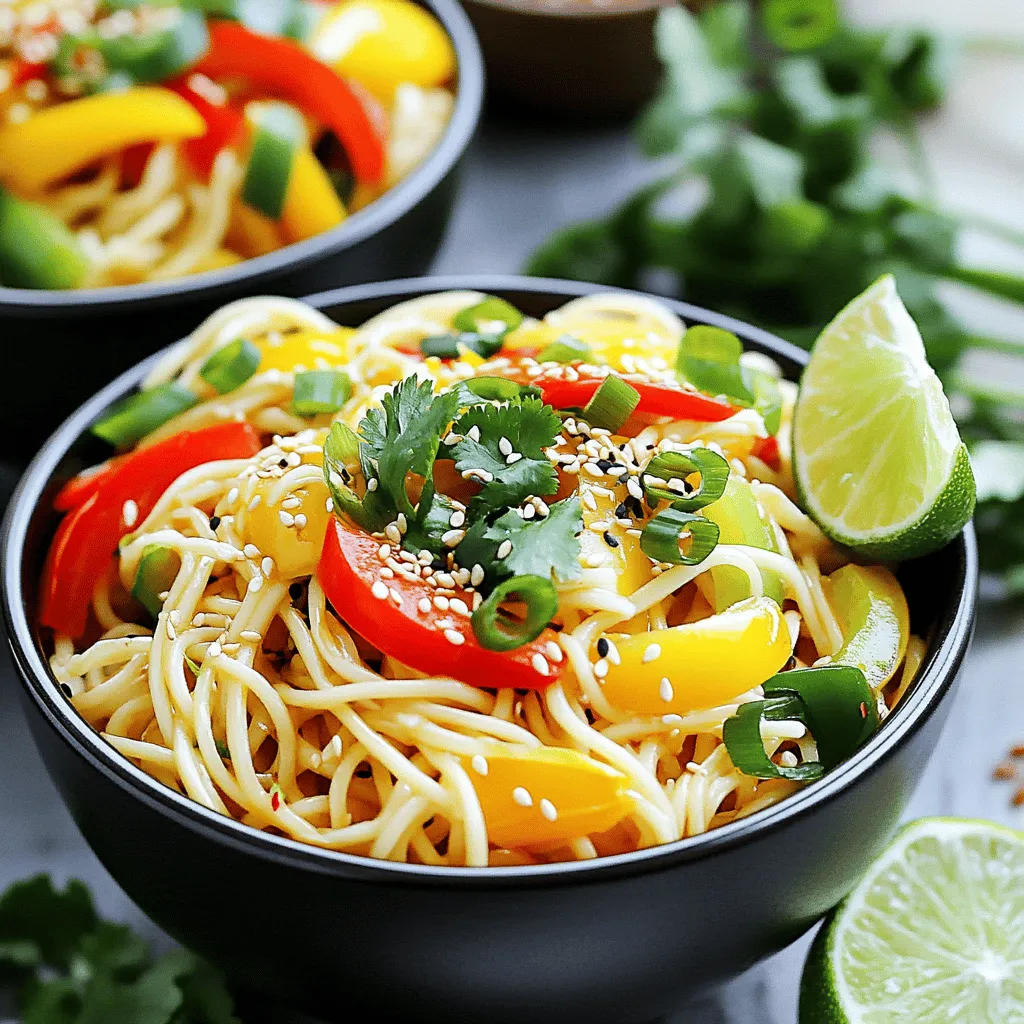 - 8 oz egg noodles (or alternative noodles) - 4 tablespoons sesame oil - 6 cloves garlic, minced - 1 teaspoon red pepper flakes - 2 tablespoons soy sauce - 1 tablespoon vegetarian oyster sauce - 1 tablespoon sriracha - 1 cup mixed bell peppers (julienned) - ½ cup green onions (sliced) - Garnishes: sesame seeds, cilantro These simple ingredients make the spicy garlic noodles shine. The egg noodles serve as a base. You can swap them for rice noodles or spaghetti if you prefer. The sesame oil adds a nutty flavor that brings everything together. Garlic is key here. I use six cloves, minced finely for a strong taste. Red pepper flakes give the dish its spicy kick. Adjust this amount based on your heat preference. The sauce blends soy sauce, vegetarian oyster sauce, and sriracha. This mix offers a perfect balance of salty, sweet, and spicy. The vegetables add color and crunch. I use a mix of bell peppers for a vibrant look. Green onions add freshness and a mild onion taste. For the finishing touch, sprinkle sesame seeds and fresh cilantro on top. These garnishes make your dish not only tasty but also beautiful. You can find the full recipe to enjoy this meal at home. To start, you need to cook the noodles. First, bring a medium pot of salted water to a boil. Make sure it boils vigorously. Then, add 8 oz of egg noodles to the pot. Cook them according to the package instructions. You want them to be al dente. This means they should be firm but not hard. Once cooked, drain the noodles well. Set them aside in a large mixing bowl. Next, prepare the sauce. In a medium mixing bowl, gather your sauce ingredients. You’ll need 2 tablespoons of soy sauce, 1 tablespoon of vegetarian oyster sauce, and 1 tablespoon of sriracha. Whisk these together until well blended. This will help the flavors mix nicely. Set the sauce aside to let the flavors meld while you cook. Now, it’s time to sauté and combine everything. Heat 4 tablespoons of sesame oil in a large skillet over medium heat. Once the oil is hot, add 6 cloves of minced garlic and 1 teaspoon of red pepper flakes. Sauté them for about 1-2 minutes. Keep stirring until the garlic is fragrant and golden. Be careful not to burn it. Next, introduce 1 cup of julienned mixed bell peppers to the skillet. Stir-fry them for 2-3 minutes. You want them soft but still crunchy. Once the peppers are ready, add the drained noodles to the skillet. Pour the prepared sauce over the mixture. Gently toss everything together with tongs or a spatula. Make sure the noodles are well-coated with the sauce. Finally, add in ½ cup of sliced green onions. Give everything a gentle stir to combine. Let it cook for another minute to heat through. The noodles should be warm and full of flavor. Now you're ready to serve! These spicy garlic noodles are not just quick to make, but they’re also full of flavor. Enjoy the process, and don’t forget to check the Full Recipe for all the details! - Achieving the perfect al dente noodles: Start by boiling water in a pot. Make sure it's salty, like the ocean! Add your noodles and cook them for the time listed on the package. Check them a minute early. They should be firm but not hard. This texture makes the noodles great for soaking up sauce. - How to properly sauté garlic: Use medium heat to warm your oil in a pan. When hot, add minced garlic. Stir it constantly for 1-2 minutes. You want it golden, not brown. Burnt garlic tastes bitter. So, watch it closely and enjoy the aroma! - Adjusting spice levels with sriracha: If you like heat, add more sriracha. It’s easy to boost the spice in your dish. Start with one tablespoon. Then taste and add more if you want. This lets you control the heat in your noodles. - Additional sauce options: Want to mix it up? Try adding hoisin sauce or chili garlic sauce. Both bring a new flavor. You can even mix soy sauce with lime juice for a fresh kick. - Serving suggestions for visual appeal: Use deep bowls to serve your noodles. This helps to keep them warm. Sprinkle sesame seeds and cilantro on top. They add color and make the dish look fancy. A wedge of lime on the side adds a pop of color too. - Best dishes for serving: I love using wide, shallow bowls. They allow the toppings to sit nicely on the noodles. You can also place a few extra bell pepper strips on top for added color and crunch. Enjoy making your dish as beautiful as it is delicious! {{image_4}} You can easily add protein to your spicy garlic noodles. Chicken, tofu, or shrimp work great. If you choose chicken, use bite-sized pieces. Sauté them in the sesame oil until cooked through. For tofu, use firm tofu and cube it. Sauté until golden and crispy. Shrimp cooks quickly, so add it to the skillet for just a few minutes until pink. Each option adds a satisfying twist to the dish. To make the dish vegetarian or vegan, swap the oyster sauce. Use mushroom sauce or soy sauce instead. These options give you a similar umami flavor. If you need a gluten-free version, choose gluten-free noodles. Rice noodles or gluten-free pasta work well. This way, everyone can enjoy the dish without dietary concerns. You can change the flavor of your spicy garlic noodles by adding different sauces and spices. Try hoisin sauce or teriyaki for a sweet touch. A splash of fish sauce adds depth, while lime juice brings brightness. For regional twists, add local spices like curry or chili paste. Each change creates a unique dish that reflects your taste. To keep your spicy garlic noodles fresh, store them in an airtight container. Make sure to cool them to room temperature first. This helps to prevent moisture build-up. Place the container in the fridge. They can stay good for about 3 to 4 days. When you want to reheat, use a microwave or a skillet. If using a microwave, add a splash of water to keep them moist. Stir the noodles halfway through to heat evenly. In a skillet, add a little sesame oil and heat over medium. Stir until warmed through. If you want to freeze your noodles, let them cool completely first. Portion them into freezer-safe bags or containers. Remove as much air as possible before sealing. This helps to keep the texture nice. They can last up to 2 months in the freezer. When ready to eat, take them out and thaw in the fridge overnight. For a quicker method, place the bag in cold water for about 30 minutes. Reheat them in a skillet with a little sesame oil to bring back the flavor and texture. For the best quality, eat your spicy garlic noodles within 3 to 4 days if stored in the fridge. If frozen, use them within 2 months. Look for any signs of spoilage like a bad smell or mold. If you see any of these, it’s best to throw them away. Always trust your senses; if it seems off, don’t eat it! Spicy garlic noodles are a quick and tasty dish. They combine soft noodles, garlic, and spicy sauce. You usually find them in Asian cuisine. The key flavors come from garlic, sesame oil, and red pepper flakes. They are savory and have a nice kick. Yes, you can prep these noodles ahead of time. Cook the noodles and store them in the fridge. Make the sauce and keep it separate. When you are ready to eat, heat a pan and add everything. This keeps the noodles fresh and tasty. Spicy garlic noodles pair well with many dishes. Here are some great options: - Grilled chicken or tofu for protein. - Stir-fried vegetables for added crunch. - A simple salad to balance the dish. - Steamed dumplings for a fun side. You can make spicy garlic noodles gluten-free. Use gluten-free noodles, like rice noodles or quinoa noodles. Check the soy sauce label, too. Many brands offer gluten-free versions. This way, you can enjoy the dish without worries. Spicy garlic noodles are flavorful, easy to make, and adaptable. You learned about ingredients, from egg noodles to mixed veggies. I shared tips for cooking and enhancing flavors. We explored yummy variations, plus storage info to keep leftovers fresh. Now, you can cook this dish with confidence. Enjoy experimenting with flavors and make it your own!