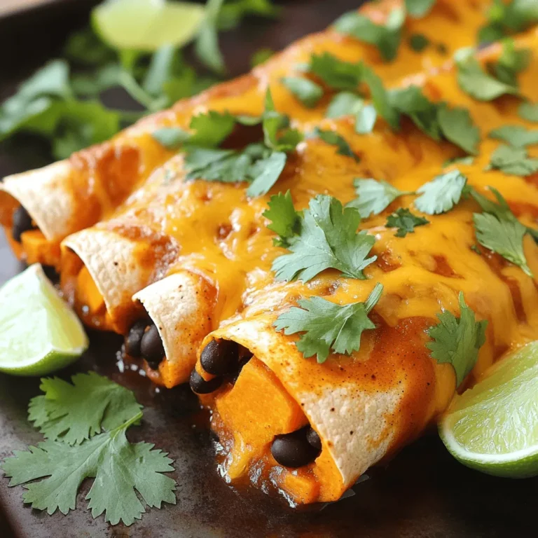 - 2 medium sweet potatoes, peeled and cubed - 1 can (15 oz) black beans, rinsed and drained - 1 cup corn kernels (fresh or frozen) - 1 small onion, finely diced - 2 cloves garlic, minced - 1 teaspoon ground cumin - 1 teaspoon chili powder - Salt and black pepper to taste - 8 small corn tortillas - 1 cup enchilada sauce (store-bought or homemade) - 1 cup shredded cheese (cheddar or Mexican blend) - Fresh cilantro leaves, chopped, for garnish - Lime wedges, for serving These enchiladas pack a punch of nutrients. Sweet potatoes provide fiber and vitamins, while black beans add protein. Each serving contains roughly: - Calories: 350 - Protein: 15g - Carbohydrates: 50g - Fiber: 10g - Fats: 12g This dish is filling and balanced, making it a great meal choice. You can easily adjust this recipe to fit your taste. Here are some options: - Sweet Potatoes: Use butternut squash or regular potatoes if preferred. - Black Beans: Substitute with pinto beans or lentils for different flavors. - Corn: Try using diced bell peppers or zucchini. - Cheese: Use dairy-free cheese or omit cheese for a vegan version. - Tortillas: Flour tortillas work too, but corn keeps it gluten-free. Feel free to mix and match based on what you have at home! First, gather all your ingredients. You will need sweet potatoes, black beans, corn, onion, garlic, spices, tortillas, enchilada sauce, and cheese. Make sure your oven is preheated to 375°F (190°C). This gets the kitchen ready for some tasty cooking! 1. Cook the Sweet Potatoes: Start by boiling water in a medium pot. Add the cubed sweet potatoes and cook them for about 10 to 12 minutes. You want them soft enough to pierce with a fork. After cooking, drain them and set them aside. 2. Sauté the Aromatics: In a large skillet, add a splash of olive oil over medium heat. Once hot, toss in the diced onion. Sauté it for about 5 minutes until it becomes translucent. Now, add the minced garlic, cumin, and chili powder. Stir for another minute to wake up those spices. 3. Mix the Filling: Add the cooked sweet potatoes, rinsed black beans, and corn into the skillet. Stir everything well and heat until warm. Season the mix with salt and black pepper to taste. 4. Form the Enchiladas: Spread a thin layer of enchilada sauce on the bottom of your baking dish. Take a corn tortilla and add about 1/3 cup of the filling down the center. Roll it up tightly and place it seam-side down in the dish. Keep doing this for all the tortillas, fitting them snugly. 5. Add Sauce and Cheese: Pour the rest of the enchilada sauce over the rolled tortillas. Then sprinkle the shredded cheese on top. This will melt beautifully while baking. 6. Bake: Cover the dish with aluminum foil and place it in your preheated oven. Bake for 20 minutes. After that, remove the foil and bake for another 10 minutes. The cheese should be bubbly and golden brown. 7. Serve and Garnish: Let the enchiladas cool for a few minutes before serving. Top with fresh cilantro and serve with lime wedges for an extra zing. This recipe makes a delightful meal for any occasion, and you can find the full recipe above! Enjoy your cooking! To make the filling shine, use fresh ingredients. Start with sweet potatoes. Cook them until soft but not mushy. This keeps the texture nice. Mix in black beans and corn for balance. I like to add spices like cumin and chili powder for flavor. Taste as you mix. Adjust salt and pepper to your liking. A little lime juice can add a nice kick too! Choose the right cheese for extra creaminess. I recommend cheddar or a Mexican blend. They melt well and add great flavor. For the sauce, you can use store-bought enchilada sauce. You can also make your own for a fresh touch. A spicy sauce can boost the dish if you like heat. Pour it generously over the enchiladas before baking. Avoid overcooking the sweet potatoes; they should be tender but not falling apart. Don’t skip the seasoning; it makes a big difference. Ensure your tortillas are pliable. Warm them slightly before filling to prevent tearing. Also, don’t overcrowd the baking dish. Leave some space for the cheese to melt evenly. Follow these tips, and your enchiladas will be a hit! Check out the Full Recipe for detailed steps. {{image_4}} To make these enchiladas vegan, simply skip the cheese. You can use a vegan cheese substitute or add more veggies for flavor. Try adding avocado or cashew cream for a rich taste. You can also replace the enchilada sauce with a homemade version that uses vegetable broth. This keeps the dish light and tasty. For gluten-free enchiladas, choose corn tortillas. Most corn tortillas are naturally gluten-free, making them perfect for this recipe. Always check the label to ensure they are safe. You can also use gluten-free flour tortillas if you prefer a different texture. You can customize your filling with extra ingredients. Consider adding: - Spinach or kale for added greens - Bell peppers for a crunchy texture - Zucchini for moisture - Black olives for a salty kick These additions can enhance the flavor and nutrition of your dish. Mix and match to find your perfect blend. After enjoying your sweet potato and black bean enchiladas, store leftovers in an airtight container. Make sure the dish is cool before sealing. These enchiladas stay fresh in the fridge for up to four days. If you want to keep them longer, freezing is a great option. To freeze your enchiladas, first let them cool completely. Then, wrap each enchilada tightly in plastic wrap. Place the wrapped enchiladas in a freezer-safe bag or container. You can freeze them for up to three months. Label the bag with the date, so you remember when you made them. When you’re ready to enjoy your frozen enchiladas, remove them from the freezer. Let them thaw in the fridge overnight. For reheating, preheat your oven to 350°F (175°C). Place the enchiladas in a baking dish and cover with foil. Bake for about 20 minutes until warmed through. If you prefer a crisper top, remove the foil for the last 5 minutes. Enjoy the flavors just like they were freshly made! For the complete recipe, check out the Full Recipe. You can pair these enchiladas with several tasty sides. I often serve them with: - Mexican rice - Refried beans - Fresh avocado slices - A light salad with lime dressing - Chips and salsa These sides add flavor and fun to your meal. You can also add a dollop of sour cream or Greek yogurt for creaminess. To heat things up, try these simple tricks: - Add diced jalapeños to the filling for a fresh kick. - Sprinkle red pepper flakes into the enchilada sauce. - Use spicy cheese like pepper jack. - Mix in a bit of hot sauce when cooking the filling. Adjust the spice to fit your taste. It’s fun to play with heat! Yes, you can make these enchiladas ahead of time. Here’s how: - Prepare the filling and roll the enchiladas. - Place them in a baking dish and cover them tightly with plastic wrap. - Store in the fridge for up to 24 hours. When ready to bake, just add the sauce and cheese, then pop them in the oven. This saves time on busy nights. For the full recipe, check the link above! You learned about making Sweet Potato and Black Bean Enchiladas today. We covered all the key parts: ingredients, cooking steps, tips, variations, and storage. Use substitute options if needed, and know the common mistakes to avoid. With these points in mind, you can create a tasty dish. Cook with confidence, and don’t be afraid to try new flavors. Enjoy your delicious enchiladas, and share them with your friends. You’ll impress everyone with your cooking skills!