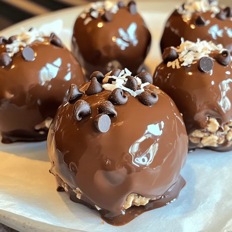 - 1 cup rolled oats - 1/2 cup peanut butter (creamy or crunchy) - 1/4 cup honey or maple syrup - 1/4 cup chocolate protein powder - 1/4 cup mini chocolate chips - 1/4 teaspoon salt - 1 teaspoon vanilla extract - 1/4 cup chopped nuts - Shredded coconut When I make chocolate peanut butter protein balls, I start with simple, wholesome ingredients. The rolled oats give a great base. They provide fiber and help bind everything together. Peanut butter adds creaminess and healthy fat, making the balls satisfying. Honey or maple syrup sweetens the mix. I love using honey for its rich taste. The chocolate protein powder boosts the nutrition and gives that delicious chocolate flavor. Mini chocolate chips are the best part. They add a sweet surprise in every bite. Don't forget the salt and vanilla extract! These two ingredients enhance all the flavors. For those who want a little extra, chopped nuts or shredded coconut can give a nice crunch. It’s fun to personalize the recipe to your taste! You can find the full recipe to guide you through making these tasty snacks. Start with a large mixing bowl. Add the rolled oats, chocolate protein powder, and salt. Mix these three dry ingredients well. You want to ensure an even distribution so every bite has the same flavor. Next, add the peanut butter and honey to the dry mix. Use a spatula or your hands to blend everything together. The mixture should feel sticky yet moldable. If it's too dry, add a little more peanut butter until it feels just right. Now comes the fun part! Gently fold in the mini chocolate chips and any optional ingredients you want, like chopped nuts or shredded coconut. Make sure these extras are mixed well for great texture. Then, scoop out a tablespoon of the mixture and roll it into a ball. You should get about 12-15 protein balls based on your size choice. Place the rolled protein balls onto a baking sheet lined with parchment paper. Chill them in the refrigerator for at least 30 minutes. This helps them firm up nicely. Enjoy these tasty snacks after they have set! For the full recipe, check out the complete guide. To get the best texture for your protein balls, the right mix is key. If your mixture feels too dry, add a bit more peanut butter. This makes it sticky but still easy to mold. You want the mixture to hold its shape when you roll it into balls. Want to kick up the flavor? Consider adding flavored protein powder, cinnamon, or a dash of sea salt. These little extras can make a big difference. Make sure to balance the sweetness from the honey or syrup with the rich taste of the peanut butter. This balance keeps each bite delightful. Involve your kids in the fun! Let them help mix the ingredients or roll the balls. They can even choose their favorite add-ins, like mini chocolate chips or nuts. For picky eaters, let them pick flavors they enjoy. This way, they will be excited to eat what they helped make! {{image_4}} You can easily change the flavor of your protein balls. Adding cocoa powder gives them more chocolate taste. Just mix in a tablespoon or two to the dry ingredients. You can also switch nut butters. Almond or cashew butter works great too. Each nut butter adds its own unique flavor. If you want a lower-sugar treat, try using a sugar-free sweetener. You can also make these vegan. Use maple syrup instead of honey. For protein powder, choose a plant-based option. This way, everyone can enjoy them! You can change the texture by adding different mix-ins. Try seeds like chia or flax for crunch. Dried fruits like cranberries or raisins can add sweetness. You can also make the balls smaller or larger. Use a cookie scoop for uniform sizes, or shape them into bars for an easy grab-and-go snack. To keep your chocolate peanut butter protein balls fresh, use an airtight container. This helps keep moisture out and flavor in. Place them in the fridge for the best results. They will stay tasty for up to a week. Make sure to seal your container well. This way, you can enjoy your snacks longer without losing quality. If you want to store your protein balls for a longer time, freezing is a great option. To freeze them, first, place the rolled balls on a baking sheet. Make sure they are not touching. Freeze them for about an hour. Once firm, transfer them to an airtight freezer bag. Seal it tightly, removing as much air as possible. When you're ready to enjoy them, take out the number you need. Let them thaw in the fridge for a few hours or on the counter for about 30 minutes. In the fridge, your protein balls will stay fresh for about a week. If you freeze them, they can last up to three months. Keep an eye out for signs of spoilage. If you notice any off smells, changes in color, or mold, it's best to toss them. Always trust your senses to ensure your snacks are safe to eat. For the full recipe and more details on making these delicious treats, check out the Full Recipe. Each chocolate peanut butter protein ball has about 100 calories. This number can change based on the exact ingredients you use. For example, if you add more chocolate chips or nuts, the calorie count will rise. To keep track, check the labels on your ingredients. Yes, you can make these protein balls nut-free. Instead of peanut butter, use sunflower seed butter or soy nut butter. Both options give a similar taste and texture. This way, you enjoy a tasty snack without nuts. To make these protein balls gluten-free, choose certified gluten-free rolled oats. Most oats may have gluten, so look for a gluten-free label. You can also check other ingredients like protein powder and chocolate chips for gluten. These protein balls are great as snacks or post-workout treats. You can serve them chilled from the fridge or at room temperature. They pair well with fruit or a glass of milk. For a special touch, roll them in shredded coconut or cocoa powder before serving. For the full recipe, check the recipe section. In this post, we explored how to make chocolate peanut butter protein balls. We covered key ingredients like oats, peanut butter, and chocolate protein powder. The steps included mixing, forming, and chilling the balls. We also discussed tips for texture and flavor, along with storage advice. These protein balls are easy to make and fun for everyone. You can tweak the recipe to suit your taste or dietary needs. Keep experimenting, and enjoy your delicious, healthy snacks!