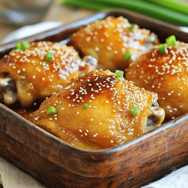 - 4 chicken thighs (bone-in and skin-on) - 1/3 cup honey - 4 cloves garlic, finely minced - 2 tablespoons soy sauce - 1 tablespoon extra virgin olive oil - 1 teaspoon fresh ginger, finely grated - Salt and freshly ground black pepper - 1 tablespoon sesame seeds - 2 green onions, finely chopped Best types of chicken thighs: I recommend using bone-in, skin-on chicken thighs. They add great flavor and stay juicy while cooking. Look for thighs that are plump and have a nice golden color. Honey selection for maximum flavor: For the best taste, use local honey. It often has richer flavors and works well with the garlic and soy sauce. Avoid honey that is overly processed as it can lack depth. Garlic and ginger preparation: Fresh garlic and ginger are key here. Use a sharp knife to mince the garlic finely. For ginger, a microplane grater works wonders. This helps release their oils, enhancing the dish's taste. You can find the complete preparation in the Full Recipe. Making the marinade To start, mix the honey, minced garlic, soy sauce, olive oil, grated ginger, salt, and pepper in a bowl. Whisk until everything blends well. This marinade will give the chicken a sweet and savory flavor. Proper marination techniques Place the chicken thighs in a shallow dish or a resealable bag. Pour the marinade over them, making sure each piece is well coated. Cover the dish or seal the bag. Refrigerate for at least 30 minutes. For deeper flavor, marinate for up to 2 hours. This step is crucial for juicy, flavorful chicken. Preheating the oven Preheat your oven to 400°F (200°C). This ensures even cooking and helps crisp the skin. Baking and glazing the chicken Remove the chicken from the marinade, saving it for later. Arrange the thighs skin-side up in a baking dish. Bake for 25-30 minutes. The skin should turn golden brown, and the juices should run clear when pierced. While the chicken cooks, pour the reserved marinade into a saucepan. Simmer it for about 5-7 minutes until it thickens into a glaze. After baking, brush this glaze over the chicken and return it to the oven for another 5-10 minutes. This caramelizes the glaze and adds a rich flavor. Serving suggestions Once the chicken is done, let it rest for a few minutes. This helps keep it moist. Serve it on a large platter, drizzled with any remaining glaze. Pair it with steamed rice and vibrant veggies for a balanced meal. Presentation tips for an appealing dish Sprinkle sesame seeds and chopped green onions on top before serving. This adds a delightful crunch and a pop of color. For the full recipe, check out the detailed instructions provided above. You can cook honey garlic chicken thighs in different ways. Grilling adds a smoky flavor. You can use a slow cooker for a tender finish. If you want crispy skin, start with a hot oven. Bake at 400°F (200°C) for the best results. To boost flavor, try adding spices like chili flakes or paprika. These spices add heat and depth. Balancing sweetness and saltiness is key. If it’s too sweet, a pinch of salt helps. If it’s too salty, a bit more honey will do the trick. Resting chicken after cooking is very important. It allows juices to settle. This makes the meat juicy and tender. Just wait for about five minutes before serving. Garnish with sesame seeds and chopped green onions for a nice touch. These add crunch and color to your dish. For the full recipe, check out the Honey Garlic Chicken Thighs with Sesame and Green Onions. {{image_4}} If you need a gluten-free dish, tamari is a great choice. It tastes just like soy sauce. You can also try coconut aminos for a similar flavor. This way, you keep the taste while avoiding gluten. Want to mix it up? Add fruits like pineapple for a sweet twist. The sweetness of pineapple pairs well with the honey. You can also try herbs like basil or cilantro to change the flavor profile. Different spices, like cayenne or smoked paprika, can add a kick too. Serve honey garlic chicken thighs with steamed rice or colorful veggies. These sides balance the dish’s sweetness. You can also use leftovers to create new meals. Shred the chicken and mix it into tacos or salads for a fresh take. To store your cooked honey garlic chicken thighs, place them in an airtight container. This will keep them fresh and prevent any odors from other foods. You can store them in the fridge for up to 3 days. Always let the chicken cool before sealing it. This helps avoid condensation, which can make the chicken soggy. If you want to keep the chicken longer, freezing is a great option. First, let the chicken cool completely. Then, wrap each thigh tightly in plastic wrap and place them in a freezer bag. Remove as much air as possible before sealing. This way, they can last up to 3 months in the freezer. To thaw, place the chicken in the fridge overnight. For quicker thawing, you can also use the microwave's defrost setting. When it's time to enjoy your chicken again, reheating correctly is key. To keep the chicken juicy, use an oven or stovetop. If using an oven, preheat it to 375°F (190°C) and cover the chicken with foil. This will help retain moisture. Bake for 15-20 minutes until heated through. If you prefer the stovetop, add a little water to a skillet and cover it. Heat on low to prevent drying out. Avoid microwaving, as it can make the chicken rubbery and tough. Follow these steps for a tasty meal every time! For the best flavor, I suggest marinating the chicken for at least 30 minutes. If you have more time, two hours works great too. The longer it sits, the better the taste. This way, the chicken absorbs all the yummy honey and garlic flavors. You can use chicken breasts, but the taste and texture will be different. Chicken thighs have more fat, which makes them juicier and more flavorful. Breasts can dry out faster. If you want a tender bite, stick with thighs. I love pairing these chicken thighs with steamed rice and bright veggies. You can try broccoli, green beans, or a fresh salad. These sides balance the sweet and savory flavors of the chicken. You can also serve it with mashed potatoes for a comforting meal. Yes, this recipe is great for meal prep! You can marinate the chicken ahead of time. Cooked chicken can be stored in the fridge for up to four days. Just reheat it gently to keep it moist. This makes it easy to enjoy a tasty meal all week long. For the full recipe, check it out above! In this post, we explored the delicious recipe for honey garlic chicken thighs. You learned about essential ingredients, tips for choosing the best options, and step-by-step cooking instructions. We also shared ways to enhance flavors, try variations, and store your dish effectively. Your cooking can shine with this tasty recipe. Enjoy making it for yourself and loved ones!